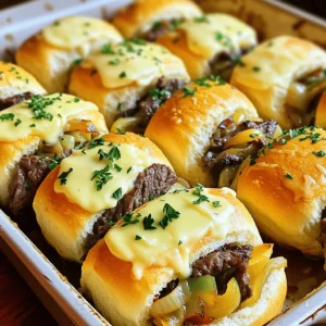 - 12 slider rolls - 1 lb beef sirloin, thinly sliced against the grain - 1 medium onion, thinly sliced - 1 medium bell pepper, thinly sliced - 8 oz provolone cheese, sliced - 2 tablespoons olive oil - 2 teaspoons garlic powder - Salt and freshly ground black pepper to taste - 2 tablespoons unsalted butter, melted - 1 tablespoon fresh parsley, finely chopped (for garnish) When making Philly cheesesteak sliders, I love to use fresh and high-quality ingredients. The beef sirloin should be sliced thinly against the grain. This way, it stays tender and juicy. I choose a medium onion and a colorful bell pepper for sweetness and crunch. Provolone cheese melts beautifully and adds that classic cheesesteak flavor. For seasonings, I keep it simple. Olive oil helps cook the beef and veggies. Garlic powder adds great flavor. Salt and freshly ground black pepper enhance all the tastes. The melted butter gives the slider tops a nice golden color. Finally, fresh parsley adds a pop of color and freshness when serving. This combination of ingredients makes every bite of the sliders tasty. You can find the full recipe and all instructions on how to prepare these sliders. 1. Preheat your oven to 350°F (175°C). This step warms up the oven while you work. A hot oven helps the sliders bake evenly and become golden brown. 2. Prepare the beef sirloin and season it. Slice the beef thinly against the grain. This helps the meat stay tender. Season it well with garlic powder, salt, and pepper. This adds great flavor to your filling. 1. Sauté the beef until browned. In a large skillet, heat olive oil over medium-high heat. Add the beef and cook for about 4-5 minutes. Stir it often so it cooks evenly. You want it to be browned and fully cooked. 2. Add onions and bell peppers to the skillet. Once the beef is browned, toss in the sliced onions and bell peppers. Sauté for another 5-7 minutes. The veggies should be tender, and their flavors will blend with the beef. 1. Slice slider rolls and place them in a baking dish. Cut each slider roll in half. Arrange the bottom halves snugly in a greased baking dish. This keeps them from getting soggy. 2. Distribute the beef and veggie mixture over the rolls and add cheese. Spoon the beef and veggies evenly over the bottom halves. Then, layer slices of provolone cheese on top. This will melt beautifully. 3. Coat with melted butter and bake. Place the top halves of the rolls on the cheese. Brush the tops with melted butter. This gives them a nice color and rich taste. Cover the dish with foil and bake for 15 minutes. After that, remove the foil and bake for an extra 5-7 minutes. The cheese should be bubbly and the tops golden. Using these steps, you'll make delicious Philly Cheesesteak Sliders. For a complete breakdown, check the Full Recipe. - Use high-quality beef for best flavor. Fresh, tender beef makes a big difference. Look for beef sirloin that is bright red and well-marbled. This will give your sliders a juicy and tasty bite. - How to properly sauté vegetables without burning. Start with a hot skillet and add oil before the veggies. Stir them often to avoid sticking. Keep the heat moderate. This helps the onions and peppers cook evenly and stay tasty. - Covering with foil vs. without for different textures. Cover the sliders with foil for the first part of baking. This keeps them moist and allows the cheese to melt well. Remove the foil for the last few minutes. This creates a nice, crispy top. - Ideal oven positioning for even baking. Place the baking dish in the center of your oven. This allows hot air to flow all around the sliders. Check them halfway through to ensure they are baking evenly. {{image_4}} You can swap out the meat to change the sliders. Try using chicken or pork for a new taste. If you want a vegetarian option, go for mushrooms or tempeh. Each choice gives a different flavor and texture. Cheese also plays a big part in these sliders. Provolone is classic, but cheddar or mozzarella work well too. Each cheese adds its own unique twist. Experiment and find your favorite! To make your sliders even tastier, add some spices. Paprika gives a nice kick, while hot sauce adds heat. Just a little can change the whole dish. Sautéed mushrooms bring depth to the flavor. They blend well with the beef and veggies. Adding them makes the sliders heartier and more satisfying. Don't be afraid to get creative with your flavors! To keep your Philly cheesesteak sliders fresh, follow these tips: - Cool them down: Let the sliders cool to room temperature before storing. - Use airtight containers: Store leftovers in a sealed container to lock in moisture. - Refrigerate: Keep the sliders in the fridge if you plan to eat them within three days. Using these methods helps prevent soggy bread and keeps flavors intact. You can reheat your sliders in either an oven or a microwave: - Oven method: Preheat your oven to 350°F (175°C). Place the sliders on a baking sheet. Cover with foil to keep them moist. Heat for about 10-15 minutes, or until heated through. - Microwave method: Place a slider on a microwave-safe plate. Cover with a damp paper towel. Heat for 30 seconds to 1 minute, checking to avoid overcooking. For best texture and flavor, I recommend the oven method. It keeps the bread crisp and the cheese melty. Enjoy your tasty leftovers! Can I make Philly Cheesesteak Sliders in advance? Yes, you can. Prepare the beef and veggies, then assemble the sliders. Cover and refrigerate them. Bake just before serving to enjoy fresh sliders. What other toppings can I add to my sliders? You can add sautéed mushrooms, jalapeños, or even some hot sauce. Fresh herbs like basil or cilantro also work well. Get creative with your toppings! How do I know when the beef is properly cooked? The beef should be browned and no longer pink. You can check with a meat thermometer too. For safety, the beef should reach 145°F (63°C). What is the best way to slice the beef for sliders? Always slice the beef against the grain. This makes the meat tender. Aim for thin slices, about 1/4-inch thick for the best texture. How do I keep the sliders warm for serving at a party? Cover the sliders with foil after baking. You can also place them in a warming drawer or a slow cooker set on low. This keeps them warm and ready to eat. Where did the Philly Cheesesteak originate? The Philly Cheesesteak comes from Philadelphia, Pennsylvania. It started in the 1930s as a street food. Now, it's a favorite across the U.S.! What are ideal side dishes for serving with sliders? French fries, potato chips, or a light salad pair great with sliders. You can also serve coleslaw for a crunchy contrast. Suggested dips that complement Philly Cheesesteak Sliders Creamy ranch or spicy mustard work well. You might also try a zesty barbecue sauce. Each dip adds a fun twist to every bite! The blog post covered how to make delicious Philly Cheesesteak Sliders. We discussed the key ingredients like beef, cheese, and veggies. You learned how to prepare, cook, and bake the sliders. I shared tips for flavor and texture. In closing, these sliders are simple and tasty. You can customize them to fit your taste. Enjoy making these sliders for your next meal or party!