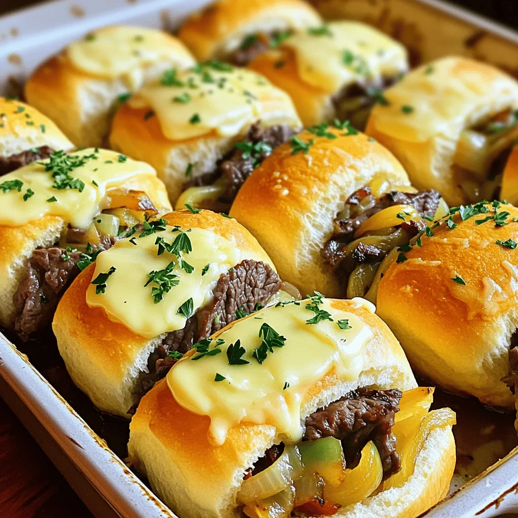 - 12 slider rolls - 1 lb beef sirloin, thinly sliced against the grain - 1 medium onion, thinly sliced - 1 medium bell pepper, thinly sliced - 8 oz provolone cheese, sliced - 2 tablespoons olive oil - 2 teaspoons garlic powder - Salt and freshly ground black pepper to taste - 2 tablespoons unsalted butter, melted - 1 tablespoon fresh parsley, finely chopped (for garnish) When making Philly cheesesteak sliders, I love to use fresh and high-quality ingredients. The beef sirloin should be sliced thinly against the grain. This way, it stays tender and juicy. I choose a medium onion and a colorful bell pepper for sweetness and crunch. Provolone cheese melts beautifully and adds that classic cheesesteak flavor. For seasonings, I keep it simple. Olive oil helps cook the beef and veggies. Garlic powder adds great flavor. Salt and freshly ground black pepper enhance all the tastes. The melted butter gives the slider tops a nice golden color. Finally, fresh parsley adds a pop of color and freshness when serving. This combination of ingredients makes every bite of the sliders tasty. You can find the full recipe and all instructions on how to prepare these sliders. 1. Preheat your oven to 350°F (175°C). This step warms up the oven while you work. A hot oven helps the sliders bake evenly and become golden brown. 2. Prepare the beef sirloin and season it. Slice the beef thinly against the grain. This helps the meat stay tender. Season it well with garlic powder, salt, and pepper. This adds great flavor to your filling. 1. Sauté the beef until browned. In a large skillet, heat olive oil over medium-high heat. Add the beef and cook for about 4-5 minutes. Stir it often so it cooks evenly. You want it to be browned and fully cooked. 2. Add onions and bell peppers to the skillet. Once the beef is browned, toss in the sliced onions and bell peppers. Sauté for another 5-7 minutes. The veggies should be tender, and their flavors will blend with the beef. 1. Slice slider rolls and place them in a baking dish. Cut each slider roll in half. Arrange the bottom halves snugly in a greased baking dish. This keeps them from getting soggy. 2. Distribute the beef and veggie mixture over the rolls and add cheese. Spoon the beef and veggies evenly over the bottom halves. Then, layer slices of provolone cheese on top. This will melt beautifully. 3. Coat with melted butter and bake. Place the top halves of the rolls on the cheese. Brush the tops with melted butter. This gives them a nice color and rich taste. Cover the dish with foil and bake for 15 minutes. After that, remove the foil and bake for an extra 5-7 minutes. The cheese should be bubbly and the tops golden. Using these steps, you'll make delicious Philly Cheesesteak Sliders. For a complete breakdown, check the Full Recipe. - Use high-quality beef for best flavor. Fresh, tender beef makes a big difference. Look for beef sirloin that is bright red and well-marbled. This will give your sliders a juicy and tasty bite. - How to properly sauté vegetables without burning. Start with a hot skillet and add oil before the veggies. Stir them often to avoid sticking. Keep the heat moderate. This helps the onions and peppers cook evenly and stay tasty. - Covering with foil vs. without for different textures. Cover the sliders with foil for the first part of baking. This keeps them moist and allows the cheese to melt well. Remove the foil for the last few minutes. This creates a nice, crispy top. - Ideal oven positioning for even baking. Place the baking dish in the center of your oven. This allows hot air to flow all around the sliders. Check them halfway through to ensure they are baking evenly. {{image_4}} You can swap out the meat to change the sliders. Try using chicken or pork for a new taste. If you want a vegetarian option, go for mushrooms or tempeh. Each choice gives a different flavor and texture. Cheese also plays a big part in these sliders. Provolone is classic, but cheddar or mozzarella work well too. Each cheese adds its own unique twist. Experiment and find your favorite! To make your sliders even tastier, add some spices. Paprika gives a nice kick, while hot sauce adds heat. Just a little can change the whole dish. Sautéed mushrooms bring depth to the flavor. They blend well with the beef and veggies. Adding them makes the sliders heartier and more satisfying. Don't be afraid to get creative with your flavors! To keep your Philly cheesesteak sliders fresh, follow these tips: - Cool them down: Let the sliders cool to room temperature before storing. - Use airtight containers: Store leftovers in a sealed container to lock in moisture. - Refrigerate: Keep the sliders in the fridge if you plan to eat them within three days. Using these methods helps prevent soggy bread and keeps flavors intact. You can reheat your sliders in either an oven or a microwave: - Oven method: Preheat your oven to 350°F (175°C). Place the sliders on a baking sheet. Cover with foil to keep them moist. Heat for about 10-15 minutes, or until heated through. - Microwave method: Place a slider on a microwave-safe plate. Cover with a damp paper towel. Heat for 30 seconds to 1 minute, checking to avoid overcooking. For best texture and flavor, I recommend the oven method. It keeps the bread crisp and the cheese melty. Enjoy your tasty leftovers! Can I make Philly Cheesesteak Sliders in advance? Yes, you can. Prepare the beef and veggies, then assemble the sliders. Cover and refrigerate them. Bake just before serving to enjoy fresh sliders. What other toppings can I add to my sliders? You can add sautéed mushrooms, jalapeños, or even some hot sauce. Fresh herbs like basil or cilantro also work well. Get creative with your toppings! How do I know when the beef is properly cooked? The beef should be browned and no longer pink. You can check with a meat thermometer too. For safety, the beef should reach 145°F (63°C). What is the best way to slice the beef for sliders? Always slice the beef against the grain. This makes the meat tender. Aim for thin slices, about 1/4-inch thick for the best texture. How do I keep the sliders warm for serving at a party? Cover the sliders with foil after baking. You can also place them in a warming drawer or a slow cooker set on low. This keeps them warm and ready to eat. Where did the Philly Cheesesteak originate? The Philly Cheesesteak comes from Philadelphia, Pennsylvania. It started in the 1930s as a street food. Now, it's a favorite across the U.S.! What are ideal side dishes for serving with sliders? French fries, potato chips, or a light salad pair great with sliders. You can also serve coleslaw for a crunchy contrast. Suggested dips that complement Philly Cheesesteak Sliders Creamy ranch or spicy mustard work well. You might also try a zesty barbecue sauce. Each dip adds a fun twist to every bite! The blog post covered how to make delicious Philly Cheesesteak Sliders. We discussed the key ingredients like beef, cheese, and veggies. You learned how to prepare, cook, and bake the sliders. I shared tips for flavor and texture. In closing, these sliders are simple and tasty. You can customize them to fit your taste. Enjoy making these sliders for your next meal or party!