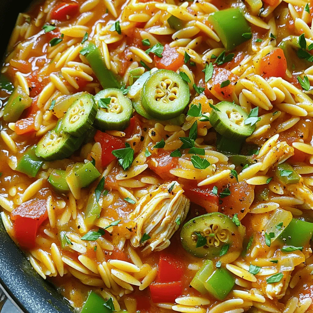 Here’s everything you need to make One Pan Cajun Dirty Orzo. Gather these simple items: - 1 cup orzo pasta - 2 tablespoons olive oil - 1 medium onion, finely diced - 3 cloves garlic, minced - 1 red bell pepper, finely diced - 1 green bell pepper, finely diced - 1 stalk celery, finely diced - 1 teaspoon Cajun seasoning - 1/2 teaspoon smoked paprika - 1 can (14 oz) diced tomatoes, with juice - 3 cups vegetable broth - 1 cup frozen okra, sliced - 1 1/2 cups cooked chicken, shredded (or a plant-based alternative) - Salt and pepper to taste - Fresh parsley, chopped, for garnish Using fresh and quality ingredients makes a big difference. The orzo pasta serves as the base and soaks up all the flavors. The Cajun seasoning and smoked paprika add warmth and depth. You can easily swap the chicken for a plant-based option, keeping the dish friendly for everyone. For the best taste, use fresh vegetables. Fresh parsley adds a bright pop at the end. Check out the [Full Recipe] for step-by-step cooking details. - Heat olive oil in a large skillet. - Sauté diced onions until translucent. - Add minced garlic and sauté until fragrant. First, I heat the olive oil in a large skillet over medium heat. This helps the oil become nice and hot. Next, I add the finely diced onion to the skillet. I sauté it for about 3-4 minutes. I wait until the onion turns translucent. This means it looks clear and shiny. Then, I add the minced garlic. I stir it for another minute. The garlic should smell great by now. - Incorporate diced bell peppers and celery. - Stir in Cajun seasoning and smoked paprika. After the garlic is fragrant, I toss in the diced red and green bell peppers along with the celery. I sauté the mixture for about 5 minutes. I want the veggies to soften a bit. Then, I sprinkle in the Cajun seasoning and smoked paprika. I stir well to mix everything. Let the spices bloom for a minute. This makes the flavors pop. - Add orzo and toast for 2 minutes. - Mix in diced tomatoes and vegetable broth. - Simmer until orzo is tender. Now, I add the orzo pasta to the skillet. I mix it with the veggies and toast it for about 2 minutes. This step adds a nice nutty flavor. Then, I pour in the diced tomatoes along with their juice and the vegetable broth. I stir everything to combine it well. I bring the mixture to a gentle simmer. I cover the skillet and cook for about 10-12 minutes. I stir occasionally until the orzo is tender and has absorbed most of the liquid. - Incorporate okra and chicken or plant-based alternative. - Season with salt and pepper. - Garnish with parsley before serving. Once the orzo is cooked, I add the sliced okra and shredded chicken. If I want a plant-based dish, I can use a plant-based protein instead. I mix everything thoroughly. I continue to cook for another 5 minutes until everything is heated through. Then, I season the dish with salt and pepper to taste. Finally, I remove the skillet from heat. I garnish with freshly chopped parsley before serving warm. For the full recipe, check out the details. Toasting orzo is easy and adds a great taste. Heat a little olive oil in your pan. Add the orzo and stir for about 2 minutes. You want it to get a light golden color. This step brings out the nutty flavor. To enhance flavor with spices, always bloom your seasonings first. When you add spices like Cajun seasoning and smoked paprika, make sure to stir them in with the veggies. Let them cook for a minute. This helps the spices release their full flavor. Serve your One Pan Cajun Dirty Orzo in shallow bowls. This makes it look nice and lets the colors shine. For a fun twist, add a few slices of fresh bell pepper on top. Pair this dish with a crisp salad or some garlic bread. These sides balance the rich flavors and add freshness. You can also serve it with a light vegetable dish for more variety. One common mistake is overcooking the orzo. Keep an eye on the cooking time. Stir it often to prevent it from sticking. You want it tender, not mushy. Another mistake is skipping the seasoning bloom. This step is key for a tasty dish. Without it, the spices won’t reach their full potential. Always take that moment to let your spices shine before mixing in the orzo and other ingredients. For more details, check out the Full Recipe! {{image_4}} You can switch proteins easily in this dish. Chicken works great, but plant-based proteins shine just as well. Try using shredded jackfruit or tofu for a tasty twist. If you're feeling adventurous, add shrimp or spicy sausage. Both options bring a great flavor boost. Feel free to mix in other vegetables. Zucchini, corn, or spinach fit nicely in the dish. You can also swap in seasonal veggies. In summer, fresh tomatoes or bell peppers shine. In fall, try butternut squash for a warm touch. The goal is to use what you have on hand. You can adjust the spice to suit your taste. If you prefer a milder dish, reduce the Cajun seasoning. Adding a touch of honey can help balance the heat. For more spice, try adding cayenne pepper or hot sauce. These small changes can make a big difference in flavor. For the Full Recipe, you can find all the details needed to create this delicious meal. To keep your One Pan Cajun Dirty Orzo fresh, store it in an airtight container. This helps to keep out air and moisture. Let the dish cool to room temperature before sealing it up. You can keep leftovers in the fridge for about 3 to 4 days. For best results, use glass or BPA-free plastic containers. They are sturdy and help keep the flavors intact. To reheat your orzo, use a microwave or stovetop. If using a microwave, place the orzo in a bowl and add a splash of water. This will help keep it moist. Heat in short bursts, stirring in between. If using the stovetop, add a little broth or water to a pan. Heat gently, stirring until warm. This keeps the texture nice and creamy. Yes, you can freeze Cajun dirty orzo. To do this, let it cool completely first. Then, scoop it into freezer-safe bags or containers. Remove as much air as possible before sealing. This helps prevent freezer burn. When you're ready to eat it, thaw in the fridge overnight. Then, reheat using the tips above to enjoy your meal again! Cajun dirty orzo is a one-pan dish with bold flavors. It combines orzo pasta with spices, vegetables, and protein. The term "dirty" refers to the mix of ingredients that create a rich and hearty meal. You get a taste of Cajun spice from the seasoning, which adds warmth and depth. The dish often features smoky notes from paprika and savory richness from tomatoes. It’s colorful, filling, and perfect for any meal. Yes, you can easily make Cajun dirty orzo vegetarian. Simply swap the chicken for a plant-based protein, like chickpeas or tofu. You can also add more veggies. Try zucchini, mushrooms, or spinach for extra texture and flavor. Use vegetable broth instead of chicken broth to keep it vegetarian. This dish is quick to prepare. The total time is about 30 minutes. Prep time takes around 10 minutes, while cooking takes 20 minutes. You can have a delicious meal ready in no time, perfect for busy days or weeknight dinners. Absolutely! You can adjust the spice level to fit your taste. If you like it mild, use less Cajun seasoning. For more heat, add cayenne pepper or hot sauce. Start with a small amount and taste as you go. This way, you can find the perfect balance for your palate. Yes, Cajun dirty orzo can be made gluten-free. Look for gluten-free orzo made from rice or corn. You can also use other gluten-free pasta shapes like quinoa or rice. Just make sure to check the labels to ensure they meet your dietary needs. Enjoy this tasty dish without worry! In this article, we explored the ingredients and steps for making Cajun dirty orzo. You learned about the key components, like orzo, veggies, and spices, that bring flavor. I shared tips on storage and reheating to keep your dish fresh. Remember, you can customize this meal with different proteins and veggies to suit your taste. Enjoy creating your own version, and don’t forget to share your results. Cooking should be fun and delicious, so dive in!