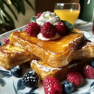 - 1 loaf of brioche bread, sliced into thick pieces - 4 large eggs - 2 cups whole milk - 1 cup heavy cream - ¾ cup granulated sugar - 1 tablespoon pure vanilla extract - ½ teaspoon ground cinnamon - A pinch of salt - ¼ cup brown sugar (for topping) - Fresh berries (for garnish) - Whipped cream (optional) To make this dish work for you, consider these swaps: - Alternatives for brioche bread: You can use challah bread, French bread, or even whole grain bread if you want a healthier option. Each will give a different taste and texture. - Non-dairy milk options: Almond, oat, or soy milk can replace whole milk and heavy cream. This keeps the recipe creamy while making it dairy-free. - Sugar substitutes for a healthier version: You can try using coconut sugar, honey, or maple syrup instead of granulated sugar. Just remember that these may change the flavor a bit. Using these substitutions can help you create a dish that fits your needs while keeping it delicious! For the full recipe, don’t forget to check the details above. - Mixing the custard Start by whisking together the eggs, whole milk, heavy cream, granulated sugar, vanilla extract, ground cinnamon, and a pinch of salt in a large bowl. Make sure it’s smooth and well-blended. This mixture is your custard base. - Arranging the brioche in the baking dish Take a 9x13 inch baking dish and grease it with butter. Then, slice the brioche bread into thick pieces. Layer the slices in the dish, slightly overlapping them. This helps the bread soak up the custard better. - Soaking the bread Pour the custard evenly over the arranged brioche. Press down gently with a spatula to ensure every piece is coated. Cover the dish tightly with plastic wrap. Place it in the refrigerator overnight or for at least 4 hours. This allows the bread to soak up all the delicious flavors. - Preheating the oven The next morning, preheat your oven to 350°F (175°C). This step is crucial for even baking and a perfect golden crust. - Adding the brown sugar topping Once the bread has soaked, remove the plastic wrap. Sprinkle the brown sugar evenly over the top of the brioche. This will create a lovely caramelized topping as it bakes. - Baking time and checking doneness Place the baking dish in the preheated oven. Bake for 30-35 minutes. Check for doneness by ensuring the custard is set and the top is golden brown. For an extra treat, use a kitchen torch to caramelize the brown sugar topping right before serving. Enjoy every bite of your Overnight Crème Brûlée French Toast! Soaking is key for success. The bread must sit long enough to absorb the custard. I suggest soaking it overnight. This allows all the flavors to meld together. To check if it’s done, look for a slight jiggle in the center. If it moves too much, give it extra time. When it's set, it will have a firm edge and soft center. Spices can elevate your dish. Adding a pinch of nutmeg gives warmth. You can also try cinnamon for a cozy touch. Infusing with citrus zest adds brightness. Grate some orange or lemon peel into the custard mix. This small step can make a big difference. It adds a fresh pop that balances the richness of the cream. For more ideas, don’t forget to check the Full Recipe for delicious variations! {{image_4}} You can make this dish even more fun with some flavor twists! Here are two ideas: - Chocolate chip crème brûlée French toast: Add chocolate chips to your brioche before soaking. The warm chocolate will melt and mix with the creamy custard. It gives a sweet surprise in every bite! - Seasonal fruit additions: Try adding fresh fruit like apples, peaches, or berries. Just slice them and sprinkle them on the brioche. The fruit brings a nice tartness and color, making your dish pop. You can also adapt this recipe for different diets. Here are some options to consider: - Gluten-free options: Use gluten-free brioche or bread. Many stores sell great gluten-free bread. Just make sure it’s thick enough to soak well. - Vegan version suggestions: Replace eggs with flaxseed meal or silken tofu. Use almond milk or coconut milk in place of dairy. This keeps it creamy and delicious while being plant-based. These variations ensure everyone can enjoy this delightful dish! For the full recipe, check out the details above. To keep your Overnight Crème Brûlée French Toast fresh, store it in the fridge. Place any leftovers in an airtight container. This helps maintain its flavor and texture. You can keep it in the fridge for up to three days. When you're ready to eat, reheat it in the oven. Preheat your oven to 350°F (175°C). Heat the toast for about 10-15 minutes until it warms through. You can also use the microwave. Heat it for 30 seconds to 1 minute. Just check to ensure it doesn't dry out. If you want to freeze your Overnight Crème Brûlée French Toast, wrap it tightly. Use plastic wrap or aluminum foil to keep air out. Place it in a freezer-safe bag or container. This way, it stays fresh for up to three months. When you're ready to enjoy it, thaw it in the fridge overnight. After thawing, you can reheat it in the oven or microwave. For the best results, bake it. This will help restore the crispy top. Enjoy it warm with your favorite toppings! You can store this dish for up to three days. Keep it in an airtight container in the fridge. This helps preserve its creamy texture and flavor. Reheat individual portions in the microwave, or warm it in the oven. Yes, you can make it up to 12 hours in advance. Prepare the dish the night before. Follow all steps until you cover it and place it in the fridge. This allows the flavors to blend and the bread to soak well. You can skip the overnight soak, but I don't recommend it. Without soaking, the bread won't absorb as much custard. This leads to a drier texture and less rich flavor. The overnight soak is key for that creamy goodness. I suggest serving it with fresh berries, like strawberries or blueberries. Whipped cream adds a nice touch too. You can also pair it with maple syrup or a dusting of powdered sugar. These sides will enhance the dish's sweetness and fun. In this post, we explored how to make Overnight Crème Brûlée French Toast. We covered ingredients, step-by-step instructions, and storage tips. You learned about substitutions and variations to suit your taste. Creating this dish is simple and fun. It’s perfect for any occasion. Don't hesitate to customize it with your favorite flavors or dietary needs. Enjoy your delicious creation and make it a breakfast favorite!