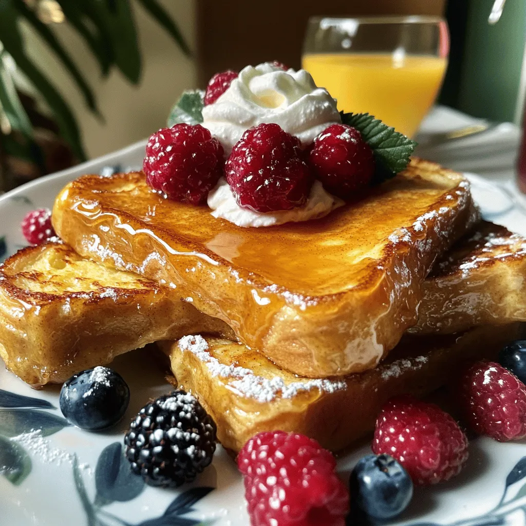 - 1 loaf of brioche bread, sliced into thick pieces - 4 large eggs - 2 cups whole milk - 1 cup heavy cream - ¾ cup granulated sugar - 1 tablespoon pure vanilla extract - ½ teaspoon ground cinnamon - A pinch of salt - ¼ cup brown sugar (for topping) - Fresh berries (for garnish) - Whipped cream (optional) To make this dish work for you, consider these swaps: - Alternatives for brioche bread: You can use challah bread, French bread, or even whole grain bread if you want a healthier option. Each will give a different taste and texture. - Non-dairy milk options: Almond, oat, or soy milk can replace whole milk and heavy cream. This keeps the recipe creamy while making it dairy-free. - Sugar substitutes for a healthier version: You can try using coconut sugar, honey, or maple syrup instead of granulated sugar. Just remember that these may change the flavor a bit. Using these substitutions can help you create a dish that fits your needs while keeping it delicious! For the full recipe, don’t forget to check the details above. - Mixing the custard Start by whisking together the eggs, whole milk, heavy cream, granulated sugar, vanilla extract, ground cinnamon, and a pinch of salt in a large bowl. Make sure it’s smooth and well-blended. This mixture is your custard base. - Arranging the brioche in the baking dish Take a 9x13 inch baking dish and grease it with butter. Then, slice the brioche bread into thick pieces. Layer the slices in the dish, slightly overlapping them. This helps the bread soak up the custard better. - Soaking the bread Pour the custard evenly over the arranged brioche. Press down gently with a spatula to ensure every piece is coated. Cover the dish tightly with plastic wrap. Place it in the refrigerator overnight or for at least 4 hours. This allows the bread to soak up all the delicious flavors. - Preheating the oven The next morning, preheat your oven to 350°F (175°C). This step is crucial for even baking and a perfect golden crust. - Adding the brown sugar topping Once the bread has soaked, remove the plastic wrap. Sprinkle the brown sugar evenly over the top of the brioche. This will create a lovely caramelized topping as it bakes. - Baking time and checking doneness Place the baking dish in the preheated oven. Bake for 30-35 minutes. Check for doneness by ensuring the custard is set and the top is golden brown. For an extra treat, use a kitchen torch to caramelize the brown sugar topping right before serving. Enjoy every bite of your Overnight Crème Brûlée French Toast! Soaking is key for success. The bread must sit long enough to absorb the custard. I suggest soaking it overnight. This allows all the flavors to meld together. To check if it’s done, look for a slight jiggle in the center. If it moves too much, give it extra time. When it's set, it will have a firm edge and soft center. Spices can elevate your dish. Adding a pinch of nutmeg gives warmth. You can also try cinnamon for a cozy touch. Infusing with citrus zest adds brightness. Grate some orange or lemon peel into the custard mix. This small step can make a big difference. It adds a fresh pop that balances the richness of the cream. For more ideas, don’t forget to check the Full Recipe for delicious variations! {{image_4}} You can make this dish even more fun with some flavor twists! Here are two ideas: - Chocolate chip crème brûlée French toast: Add chocolate chips to your brioche before soaking. The warm chocolate will melt and mix with the creamy custard. It gives a sweet surprise in every bite! - Seasonal fruit additions: Try adding fresh fruit like apples, peaches, or berries. Just slice them and sprinkle them on the brioche. The fruit brings a nice tartness and color, making your dish pop. You can also adapt this recipe for different diets. Here are some options to consider: - Gluten-free options: Use gluten-free brioche or bread. Many stores sell great gluten-free bread. Just make sure it’s thick enough to soak well. - Vegan version suggestions: Replace eggs with flaxseed meal or silken tofu. Use almond milk or coconut milk in place of dairy. This keeps it creamy and delicious while being plant-based. These variations ensure everyone can enjoy this delightful dish! For the full recipe, check out the details above. To keep your Overnight Crème Brûlée French Toast fresh, store it in the fridge. Place any leftovers in an airtight container. This helps maintain its flavor and texture. You can keep it in the fridge for up to three days. When you're ready to eat, reheat it in the oven. Preheat your oven to 350°F (175°C). Heat the toast for about 10-15 minutes until it warms through. You can also use the microwave. Heat it for 30 seconds to 1 minute. Just check to ensure it doesn't dry out. If you want to freeze your Overnight Crème Brûlée French Toast, wrap it tightly. Use plastic wrap or aluminum foil to keep air out. Place it in a freezer-safe bag or container. This way, it stays fresh for up to three months. When you're ready to enjoy it, thaw it in the fridge overnight. After thawing, you can reheat it in the oven or microwave. For the best results, bake it. This will help restore the crispy top. Enjoy it warm with your favorite toppings! You can store this dish for up to three days. Keep it in an airtight container in the fridge. This helps preserve its creamy texture and flavor. Reheat individual portions in the microwave, or warm it in the oven. Yes, you can make it up to 12 hours in advance. Prepare the dish the night before. Follow all steps until you cover it and place it in the fridge. This allows the flavors to blend and the bread to soak well. You can skip the overnight soak, but I don't recommend it. Without soaking, the bread won't absorb as much custard. This leads to a drier texture and less rich flavor. The overnight soak is key for that creamy goodness. I suggest serving it with fresh berries, like strawberries or blueberries. Whipped cream adds a nice touch too. You can also pair it with maple syrup or a dusting of powdered sugar. These sides will enhance the dish's sweetness and fun. In this post, we explored how to make Overnight Crème Brûlée French Toast. We covered ingredients, step-by-step instructions, and storage tips. You learned about substitutions and variations to suit your taste. Creating this dish is simple and fun. It’s perfect for any occasion. Don't hesitate to customize it with your favorite flavors or dietary needs. Enjoy your delicious creation and make it a breakfast favorite!