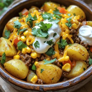 To make a delicious Ground Beef and Potato Taco Bowl, gather these key ingredients: - 1 lb ground beef - 2 medium potatoes, diced into small cubes - 1 tablespoon olive oil - 1 small onion, finely chopped - 2 cloves garlic, minced - 1 bell pepper (any color), diced - 1 packet taco seasoning (or homemade: 1 tsp chili powder, 1 tsp cumin, 1 tsp paprika, 1/2 tsp onion powder, 1/2 tsp garlic powder, salt to taste) - 1 cup corn kernels (fresh or frozen) - 1 can (15 oz) black beans, drained and rinsed - 1 cup diced tomatoes (fresh or canned) - 1 cup shredded cheese (cheddar or a Mexican blend) - Fresh cilantro for garnish - Sour cream or Greek yogurt for topping (optional) You can add these ingredients to enhance the taste of your taco bowl: - Avocado, sliced or diced - Jalapeños, sliced for heat - Lime juice for a zesty twist - Hot sauce for spice Each serving of this taco bowl offers a balanced meal, packed with nutrients. Here’s a rough estimate of the nutritional values: - Calories: 450 - Protein: 25g - Carbohydrates: 40g - Fat: 20g - Fiber: 10g This meal gives you a hearty mix of protein, carbs, and healthy fats, making it a filling option. Enjoy the satisfying flavors while knowing you’re fueling your body right! For the full recipe, check out the details above. Start by gathering all your ingredients. You will need ground beef, potatoes, onion, garlic, bell pepper, taco seasoning, corn, black beans, diced tomatoes, and cheese. Make sure to wash and chop the vegetables into small pieces. This helps them cook evenly. 1. Heat a large skillet over medium heat and add olive oil. 2. Once the oil is hot, add the diced potatoes. Sauté them for about 8-10 minutes until they soften and turn golden. 3. Next, add the chopped onion, minced garlic, and diced bell pepper. Cook these for about 5 minutes until they are tender and fragrant. 4. Push the veggies to the side of the skillet. Add the ground beef to the center. Break it apart with a spatula as it cooks. Brown it for about 5-7 minutes. 5. Drain any excess fat from the skillet. Stir in the taco seasoning, corn, and black beans. Mix well and let it cook for another 5 minutes. 6. Finally, fold in the diced tomatoes. Heat everything through for about 3-4 minutes. Remove the skillet from heat. Sprinkle shredded cheese on top and cover it with a lid. This will help the cheese melt. Once melted, serve the taco bowl hot. Garnish with fresh cilantro. You can also add a dollop of sour cream or Greek yogurt on top. For a fun twist, serve the taco bowl in individual bowls. Add a lime wedge on the side for a zesty kick. Enjoy your savory ground beef and potato taco bowl! For the complete recipe, check the [Full Recipe]. To cook the ground beef and potato taco bowl right, heat your skillet well. This helps the potatoes brown nicely. Don’t overcrowd the pan; give them space to cook evenly. Stir the potatoes only when needed. This way, they get that golden crust. When you add the beef, break it apart well. This helps it cook faster and evenly. Mix in the taco seasoning well so every bite is tasty. You can swap ingredients based on what you have. If you don’t like black beans, use pinto or kidney beans. Instead of potatoes, try sweet potatoes for a sweet twist. You can also use ground turkey instead of beef. For a veggie boost, add spinach or zucchini. Want a spicier kick? Toss in some jalapeños or hot sauce. This dish is easy to make your own! Store leftovers in an airtight container in the fridge. They will stay fresh for about three days. To reheat, use the microwave or a skillet. If using a skillet, add a splash of water to keep it moist. Reheat just until hot. This ensures the flavors stay bright and tasty. You can also freeze the taco bowl. It will last for about three months in the freezer. Just thaw it overnight in the fridge before reheating. {{image_4}} You can easily swap ground beef for plant-based options. Use lentils or black beans for protein. Chopped mushrooms or tempeh add a nice texture. You can also use crumbled tofu for a lighter touch. For a cheesy option, try adding queso fresco or vegan cheese. This keeps the flavor rich and satisfying. To add heat, mix in jalapeños or crushed red pepper flakes. You could also use a spicy taco seasoning blend. If you want a kick from the start, sauté fresh diced chilies with the onions and peppers. For a smoky flavor, add chipotle peppers in adobo sauce. These adjustments will create a bold flavor profile. Serve your taco bowl in colorful bowls for a fun touch. Layer the ingredients for a beautiful look. Top with fresh cilantro and a lime wedge for zest. You can also use lettuce cups instead of bowls for a fresh twist. For a family-style meal, place all ingredients in separate bowls. Let everyone build their own taco bowl! After you enjoy your Ground Beef and Potato Taco Bowl, store leftovers in an airtight container. This keeps the flavors fresh and prevents spills. Let the dish cool down first to avoid steam buildup. You can keep it in the fridge for up to three days. When reheating, warm it gently on the stove or in the microwave. Stir well to heat all parts evenly. If you want to save some for later, freezing is a great choice. First, let the taco bowl cool completely. Then, portion it into freezer-safe bags or containers. Remove as much air as possible to prevent freezer burn. The taco bowl can last in the freezer for up to three months. To reheat, thaw in the fridge overnight, then warm it on the stove or in the microwave. Once cooked, the shelf life of your taco bowl depends on the ingredients. Ground beef and potatoes can last three to four days in the fridge. Vegetables like corn and beans also stay good for about the same time. If you notice any off smells or changes in color, it’s best to toss the leftovers. Keeping your meal fresh ensures you enjoy every bite of this flavorful dish! Yes, you can use other meats in this taco bowl. Ground turkey or chicken works well. If you prefer a richer flavor, try using ground pork. You can also use diced steak or shredded chicken. These options will add different tastes and textures. Just remember to adjust cooking times as needed. Toppings can make your taco bowl shine. Here are some great ideas: - Sliced jalapeños for heat - Diced avocado for creaminess - Fresh tomatoes for brightness - Chopped green onions for a mild onion flavor - Black olives for a salty crunch - A squeeze of lime for zest Feel free to mix and match based on your taste. To make your taco bowl healthier, consider these tips: - Use lean ground beef or other lean meats. - Swap regular cheese for low-fat cheese or skip it entirely. - Add more veggies like spinach or zucchini. - Serve over brown rice or quinoa instead of white rice. - Use Greek yogurt instead of sour cream for added protein. These changes will keep the dish tasty while boosting its nutrition. For the full recipe, check the complete instructions above. We explored the key ingredients, step-by-step cooking, and storage tips needed for your dish. We discussed variations from vegetarian options to spicy twists and serving ideas. Remember, cooking is about creativity, so feel free to experiment with flavors. Use these tips to improve your skills and enjoy delicious meals that everyone loves. With practice, you’ll master this recipe and find joy in making it your own. Keep cooking and have fun with every dish!