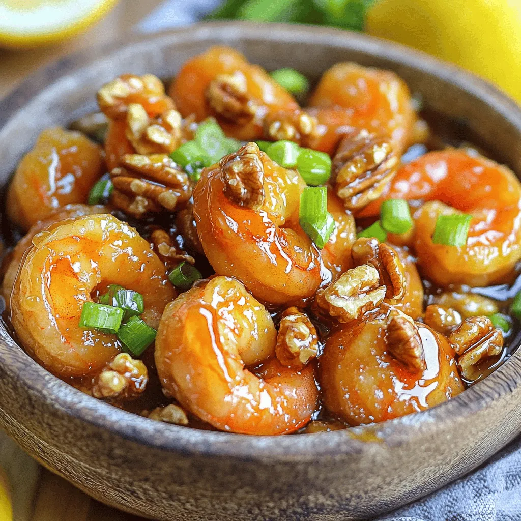 To make Honey Walnut Shrimp, you need a few key ingredients. Here’s what you will use: - 1 lb large shrimp, peeled and deveined - 1/2 cup walnuts - 1/2 cup all-purpose flour - 1/4 cup cornstarch - 1 large egg, beaten - 1/2 cup coconut milk - 1/4 cup honey - 2 tablespoons mayonnaise - 1 tablespoon fresh lemon juice - Salt and pepper to taste - Oil for frying - Chopped green onions for garnish (optional) These ingredients come together to create the sweet and savory flavor that makes this dish special. You will love how the shrimp turns crispy and the walnuts add a nice crunch. Though the main ingredients shine, you can enhance the dish with a few extras. Consider adding: - Garlic powder for a savory kick - Red pepper flakes for heat - Fresh herbs like cilantro for freshness These additions can elevate your Honey Walnut Shrimp. Feel free to experiment with flavors you love. This dish is not only tasty but also has nutritional value. Here is a rough idea of what you might find in one serving: - Calories: 420 - Protein: 24g - Carbohydrates: 45g - Fat: 18g These numbers can change based on your choice of oil and any extra ingredients you add. Remember, balance is key in any meal. Enjoy your cooking adventure with the full recipe! To start, we need to make the sweet candied walnuts. First, boil water in a small saucepan over medium heat. Then, add your walnuts and boil them for about two minutes. Drain the walnuts and return them to the saucepan. Next, add 1/4 cup of sugar and enough water to cover the walnuts. Cook them on medium-low heat, stirring often. This step takes about five minutes. You want the sugar to melt and coat the walnuts. Once done, remove them from heat. Spread the walnuts on a tray lined with parchment paper to cool. This cools and hardens the sweet coating. Now, let's coat the shrimp. In a mixing bowl, whisk together the all-purpose flour, cornstarch, salt, and pepper. Take each shrimp and dip it into the beaten egg. Let any extra egg drip off. Next, coat the shrimp thoroughly with the flour mixture. This creates the crispy layer that we all love. Next, heat oil in a deep skillet or frying pan over medium-high heat. Fry the breaded shrimp in small batches. Be careful not to crowd the pan. Fry them until they are golden brown and crispy, about 2-3 minutes per side. Once fried, use a slotted spoon to transfer the shrimp to a plate lined with paper towels. This step helps absorb any extra oil. While the shrimp cooks, prepare the honey sauce. In a bowl, mix coconut milk, honey, mayonnaise, and lemon juice. Whisk until smooth. Taste it and adjust the sweetness or acidity to your liking. Finally, we combine everything for serving. In a large bowl, add the hot fried shrimp. Pour the honey sauce over the shrimp and gently toss them. Make sure they are coated evenly without breaking the crispy layer. Now, sprinkle the cooled candied walnuts on top. Give everything a gentle toss again, ensuring the walnuts stay whole. This adds a delightful crunch to your dish. Frying shrimp is simple, but a few tips help you achieve perfect results. - Use fresh shrimp: Fresh shrimp gives the best flavor. - Dry the shrimp: Pat the shrimp dry with paper towels. This helps the batter stick better. - Heat the oil properly: Heat the oil to about 350°F. Use a thermometer for accuracy. - Avoid overcrowding: Fry shrimp in small batches. This keeps the temperature steady and ensures crispiness. You can easily boost the taste of your Honey Walnut Shrimp. Here are some ideas: - Add spices: A pinch of cayenne pepper or garlic powder can add warmth and depth. - Use flavored oils: Try using sesame oil for frying. It adds a nutty flavor. - Experiment with sauces: Swap the honey sauce with sweet chili sauce for a spicy kick. - Fresh herbs: Adding cilantro or basil as a garnish enhances freshness and taste. Even the best cooks face challenges. Here are some common issues and solutions: - Shrimp not crispy: Ensure the oil is hot enough and do not skip drying the shrimp. - Too sweet: Balance sweetness by adding a touch of lemon juice. - Walnuts burned: Keep a close eye while making candied walnuts. Stir frequently to avoid burning. - Sauce too thick: If the sauce is too thick, whisk in a little coconut milk until smooth. With these tips, your Honey Walnut Shrimp will shine in flavor and texture. For the full recipe, check the detailed instructions above. {{image_4}} You can change the recipe for Honey Walnut Shrimp to suit your tastes. For the shrimp, use chicken or tofu if you prefer. You can also swap walnuts for almonds or pecans. If you want a gluten-free option, use rice flour instead of all-purpose flour. Instead of coconut milk, you can use heavy cream or almond milk. This gives a different flavor but keeps it creamy. Honey Walnut Shrimp fits well for many events. Serve it for a family dinner or a casual get-together. For a fancy night, place it on a beautiful platter. Pair it with jasmine rice or fried rice. This makes a complete meal. For a light option, serve it with a fresh salad. You can also make small bites for parties. Serve them on skewers for easy eating. You can prepare Honey Walnut Shrimp in various ways. Frying gives it a crispy texture. However, you can also bake the shrimp for a healthier option. Just coat the shrimp and place them on a baking sheet. Bake at 400°F for about 15 minutes until golden. Another method is air-frying. This gives a crunchy outside with less oil. Each method offers a different taste and texture while keeping it delicious. For the full recipe, check out the Sweet & Crunchy Honey Walnut Shrimp section. After enjoying Honey Walnut Shrimp, it's key to store any leftovers properly. First, let the dish cool to room temperature. Then, transfer it to an airtight container. This helps keep the shrimp and walnuts fresh. Store the container in the fridge. It will last up to three days. Make sure to seal it tightly, as air can make the shrimp soggy. You can freeze Honey Walnut Shrimp for longer storage. Start by cooling it completely, just like with refrigeration. Place the shrimp in a freezer-safe bag or container. Remove as much air as possible before sealing. Label the bag with the date. This dish can last up to three months in the freezer. When you're ready to eat, simply thaw it in the fridge overnight. Reheating is easy, but a few tips can make it better. For the best texture, use an oven or an air fryer. Preheat the oven to 350°F (175°C). Spread the shrimp on a baking sheet. Heat for about 10-15 minutes until warm and crispy. If you use a microwave, be aware it can make the shrimp soft. To keep the crunch, avoid the microwave if possible. Enjoy your Honey Walnut Shrimp just like when it was fresh! You can make Honey Walnut Shrimp healthier by using less oil for frying. Try baking the shrimp instead. Use whole wheat flour or almond flour for a better option. You can also reduce the amount of honey and mayonnaise in the sauce. Adding more vegetables, like bell peppers or snap peas, boosts the dish's nutrition. Yes, you can use other nuts in Honey Walnut Shrimp. Almonds or pecans work well. They add a different flavor and crunch. If you want a nut-free version, you can skip the nuts altogether. You might want to add sunflower seeds for some crunch instead. Some good side dishes include steamed rice or fried rice. You can also serve it with a fresh salad. Stir-fried vegetables add color and flavor too. If you love noodles, try serving it with lo mein or chow mein. These sides balance the sweet and savory flavors of the shrimp. Honey Walnut Shrimp is a tasty dish that blends sweet and savory flavors. We covered the main ingredients, cooking steps, and various tips to make it perfect. Remember to choose the right nuts and follow best practices when frying the shrimp. You can explore different ingredient swaps to match your taste. Don’t forget about storage methods to keep leftovers fresh. Try new side dishes to make your meal even better. Enjoy your cooking journey, and have fun making this dish your own!