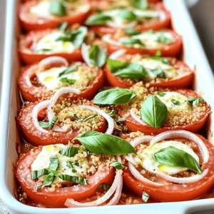 - 4 large, ripe tomatoes, sliced into thick rounds - 1 medium onion, thinly sliced - 2 cloves garlic, finely minced - 1 cup fresh basil leaves, roughly chopped - 1 cup mozzarella cheese, freshly shredded The ripe tomatoes are the star of this dish. They bring a juicy and sweet flavor. Onions and garlic add a rich depth to the casserole. Fresh basil gives it a bright, earthy note. Finally, mozzarella cheese melts beautifully, tying everything together. - 1/2 cup breadcrumbs (preferably seasoned) - 1/4 cup extra virgin olive oil - 1 teaspoon dried oregano Breadcrumbs provide a lovely crunch on top. Olive oil adds healthy fats and richness. Dried oregano enhances the dish with its warm, fragrant notes. - Seasoned breadcrumbs - Additional herbs and spices Feel free to use seasoned breadcrumbs for added taste. You can also play with herbs and spices like thyme or red pepper flakes. These can boost flavor and make the dish your own. For the full recipe, check out the detailed instructions above. Start by slicing your tomatoes. Use four large, ripe tomatoes to get the best flavor. Cut them into thick rounds. Next, slice one medium onion thinly. Then, finely mince two cloves of garlic. This will add a nice kick to your dish. Finally, chop one cup of fresh basil leaves. You can use a knife or scissors for this. Don’t forget to shred one cup of mozzarella cheese. Fresh cheese melts better and tastes great. Now, it’s time to layer your casserole. Begin with a layer of half the sliced tomatoes. Place them evenly in a medium-sized baking dish. Next, add half of the sliced onion and half of the minced garlic. Spread them evenly over the tomatoes. Then, add half of the chopped basil. Season this layer with a pinch of sea salt, black pepper, and half a teaspoon of dried oregano. Now, sprinkle half of the shredded mozzarella cheese over this layer. Follow with half of the breadcrumbs for a nice crunch. Repeat this process. Add the remaining tomatoes, onions, garlic, basil, oregano, mozzarella, and breadcrumbs. Layering creates great flavors! Preheat your oven to 375°F (190°C). This step is key for even cooking. Once preheated, cover the dish tightly with aluminum foil. This helps keep moisture in while baking. Bake for 30 minutes. After that, carefully remove the foil. This allows the top to get crispy. Bake for another 15-20 minutes. You want the top to be golden brown and the tomatoes tender. Once done, take the casserole out of the oven. Let it cool for a few minutes. It will set nicely before you serve it. For the full recipe, refer to the provided details. Enjoy this easy baked tomato casserole! To avoid sogginess in layers, start with thick tomato slices. This helps them hold their shape. Use a good amount of breadcrumbs. They soak up excess moisture and add crunch. For seasoning, balance is key. Use sea salt and black pepper to enhance the flavors. Dried oregano brings warmth to the dish. Taste as you go to find what works best. For a great presentation, serve the casserole warm in the baking dish. It looks rustic and inviting. Garnish with fresh basil leaves for color and flavor. Pair your casserole with a side salad. A light, crisp salad complements the dish well. For drinks, try a chilled white wine. It enhances the tomato flavors perfectly. Adding protein can make your casserole heartier. Cooked ground beef, chicken, or sausage works well. Feel free to layer these with the tomatoes. Different cheese varieties can also elevate the taste. Try sharp cheddar or feta for a new twist. Mixing cheeses adds depth and richness to each bite. For the full recipe, check out the details above. {{image_4}} You can make this baked tomato casserole even better by adding more veggies. Try adding sliced zucchini or bell peppers for extra flavor and texture. These veggies will blend well with the tomatoes and add great color. If you need a gluten-free option, use quinoa or rice instead of breadcrumbs. They will give the dish a nice base while keeping it light and healthy. If you love meat, you can make this casserole heartier. Incorporate ground beef or sausage for a tasty twist. Just cook the meat ahead of time and layer it in with the tomatoes. You can also layer prosciutto in the dish. This adds richness and a savory taste that pairs well with the fresh tomatoes. Want to add some kick? Sprinkle in red pepper flakes or chili powder. This will give your casserole a nice heat without overpowering the dish. You can also create a Mediterranean twist by adding olives. The briny flavor of olives blends perfectly with the tomatoes and fresh basil, making each bite delicious. For the full recipe, check out the [Full Recipe]. To keep your baked tomato casserole fresh, store it in the fridge. Use an airtight container to lock in moisture and flavor. You can keep it for up to four days in the fridge. If you want to save it for later, freezing is a great option. Just let it cool completely, then wrap it tightly in foil or plastic wrap. It can last for up to three months in the freezer. When you want to eat it, thaw it overnight in the fridge. For the best taste, reheat your casserole in the oven. Preheat the oven to 350°F (175°C). Place the casserole in a dish and cover it with foil. Heat for about 20 to 25 minutes, or until it's warm all the way through. You can use the microwave, but the oven makes it crispier. If you use a microwave, heat it on medium power for three to five minutes. Make sure to check it often to avoid hot spots. In the fridge, your baked tomato casserole will last for about four days. If you notice any strange smells or mold, it’s time to toss it. Look for changes in color or texture. If the top looks dry or the cheese has turned a weird shade, don’t eat it. Always trust your senses; they help you spot spoilage. Enjoy your leftovers while they’re still delicious! For the full recipe, check out the complete guide. Yes, you can prepare this casserole a day in advance. Just layer all the ingredients in your dish. Cover it tightly with plastic wrap or foil. Store it in the fridge until you're ready to bake. This can save time on busy days. Just make sure to let it sit at room temperature for about 30 minutes before baking. This helps it cook evenly. If you need a cheese alternative, try these options: - Cheddar cheese for a sharper taste - Provolone for a richer flavor - Feta for a crumbly, tangy twist - Vegan cheese for a dairy-free option These options can change the flavor and texture of your dish. Choose one based on your taste and dietary needs. To make this recipe vegan, substitute the mozzarella cheese with vegan cheese. You can also use nutritional yeast for a cheesy flavor. Replace the olive oil with a plant-based oil, if needed. Use a vegetable broth instead of any animal-based ingredients. With these changes, you can enjoy a tasty, plant-based version of this dish. This baked tomato casserole is simple and full of flavor. I covered key ingredients like ripe tomatoes, fresh basil, and tasty spices. Step-by-step, you saw how to prep, layer, and bake it for a delicious dish. Remember, add your own twist with veggies or meat. Don’t forget how to store leftovers for later enjoyment. With these tips, you’re ready to create a meal that everyone will love. Enjoy customizing your casserole to fit your taste!