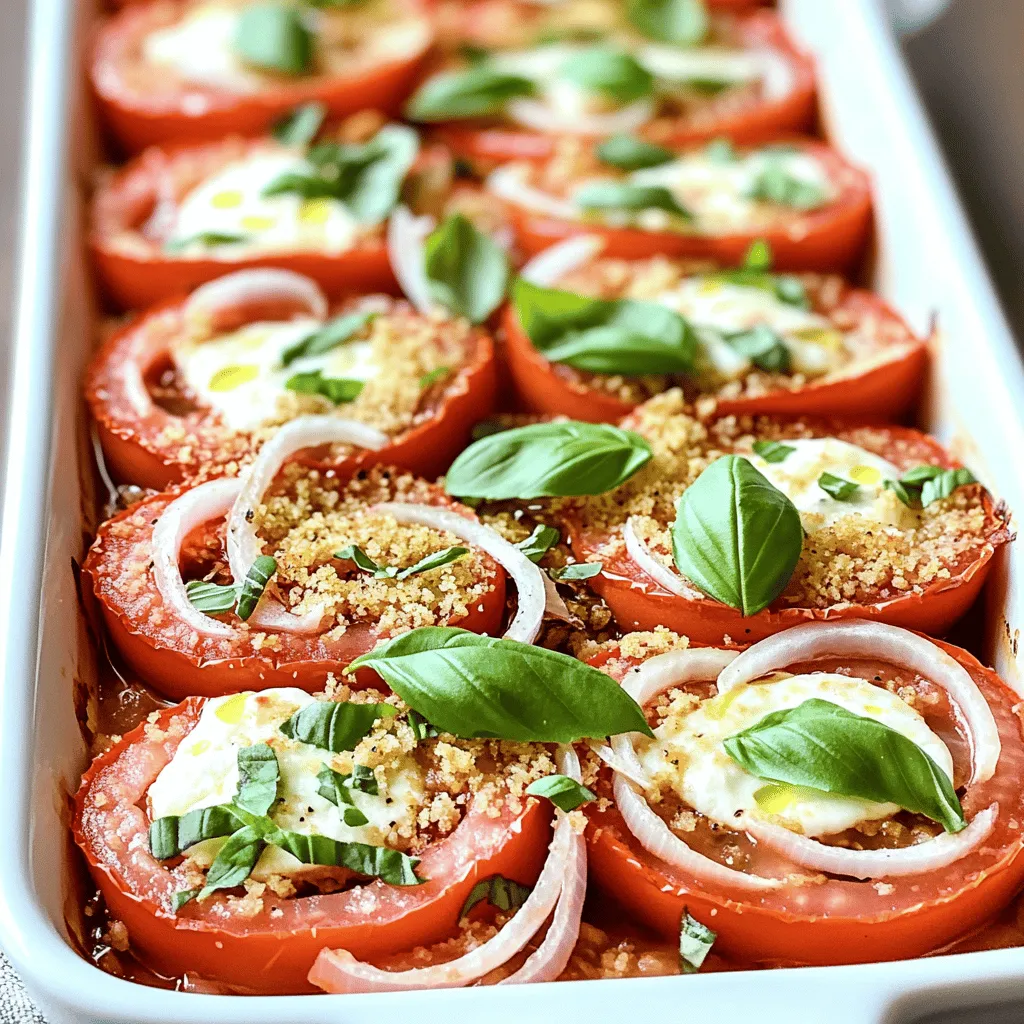 - 4 large, ripe tomatoes, sliced into thick rounds - 1 medium onion, thinly sliced - 2 cloves garlic, finely minced - 1 cup fresh basil leaves, roughly chopped - 1 cup mozzarella cheese, freshly shredded The ripe tomatoes are the star of this dish. They bring a juicy and sweet flavor. Onions and garlic add a rich depth to the casserole. Fresh basil gives it a bright, earthy note. Finally, mozzarella cheese melts beautifully, tying everything together. - 1/2 cup breadcrumbs (preferably seasoned) - 1/4 cup extra virgin olive oil - 1 teaspoon dried oregano Breadcrumbs provide a lovely crunch on top. Olive oil adds healthy fats and richness. Dried oregano enhances the dish with its warm, fragrant notes. - Seasoned breadcrumbs - Additional herbs and spices Feel free to use seasoned breadcrumbs for added taste. You can also play with herbs and spices like thyme or red pepper flakes. These can boost flavor and make the dish your own. For the full recipe, check out the detailed instructions above. Start by slicing your tomatoes. Use four large, ripe tomatoes to get the best flavor. Cut them into thick rounds. Next, slice one medium onion thinly. Then, finely mince two cloves of garlic. This will add a nice kick to your dish. Finally, chop one cup of fresh basil leaves. You can use a knife or scissors for this. Don’t forget to shred one cup of mozzarella cheese. Fresh cheese melts better and tastes great. Now, it’s time to layer your casserole. Begin with a layer of half the sliced tomatoes. Place them evenly in a medium-sized baking dish. Next, add half of the sliced onion and half of the minced garlic. Spread them evenly over the tomatoes. Then, add half of the chopped basil. Season this layer with a pinch of sea salt, black pepper, and half a teaspoon of dried oregano. Now, sprinkle half of the shredded mozzarella cheese over this layer. Follow with half of the breadcrumbs for a nice crunch. Repeat this process. Add the remaining tomatoes, onions, garlic, basil, oregano, mozzarella, and breadcrumbs. Layering creates great flavors! Preheat your oven to 375°F (190°C). This step is key for even cooking. Once preheated, cover the dish tightly with aluminum foil. This helps keep moisture in while baking. Bake for 30 minutes. After that, carefully remove the foil. This allows the top to get crispy. Bake for another 15-20 minutes. You want the top to be golden brown and the tomatoes tender. Once done, take the casserole out of the oven. Let it cool for a few minutes. It will set nicely before you serve it. For the full recipe, refer to the provided details. Enjoy this easy baked tomato casserole! To avoid sogginess in layers, start with thick tomato slices. This helps them hold their shape. Use a good amount of breadcrumbs. They soak up excess moisture and add crunch. For seasoning, balance is key. Use sea salt and black pepper to enhance the flavors. Dried oregano brings warmth to the dish. Taste as you go to find what works best. For a great presentation, serve the casserole warm in the baking dish. It looks rustic and inviting. Garnish with fresh basil leaves for color and flavor. Pair your casserole with a side salad. A light, crisp salad complements the dish well. For drinks, try a chilled white wine. It enhances the tomato flavors perfectly. Adding protein can make your casserole heartier. Cooked ground beef, chicken, or sausage works well. Feel free to layer these with the tomatoes. Different cheese varieties can also elevate the taste. Try sharp cheddar or feta for a new twist. Mixing cheeses adds depth and richness to each bite. For the full recipe, check out the details above. {{image_4}} You can make this baked tomato casserole even better by adding more veggies. Try adding sliced zucchini or bell peppers for extra flavor and texture. These veggies will blend well with the tomatoes and add great color. If you need a gluten-free option, use quinoa or rice instead of breadcrumbs. They will give the dish a nice base while keeping it light and healthy. If you love meat, you can make this casserole heartier. Incorporate ground beef or sausage for a tasty twist. Just cook the meat ahead of time and layer it in with the tomatoes. You can also layer prosciutto in the dish. This adds richness and a savory taste that pairs well with the fresh tomatoes. Want to add some kick? Sprinkle in red pepper flakes or chili powder. This will give your casserole a nice heat without overpowering the dish. You can also create a Mediterranean twist by adding olives. The briny flavor of olives blends perfectly with the tomatoes and fresh basil, making each bite delicious. For the full recipe, check out the [Full Recipe]. To keep your baked tomato casserole fresh, store it in the fridge. Use an airtight container to lock in moisture and flavor. You can keep it for up to four days in the fridge. If you want to save it for later, freezing is a great option. Just let it cool completely, then wrap it tightly in foil or plastic wrap. It can last for up to three months in the freezer. When you want to eat it, thaw it overnight in the fridge. For the best taste, reheat your casserole in the oven. Preheat the oven to 350°F (175°C). Place the casserole in a dish and cover it with foil. Heat for about 20 to 25 minutes, or until it's warm all the way through. You can use the microwave, but the oven makes it crispier. If you use a microwave, heat it on medium power for three to five minutes. Make sure to check it often to avoid hot spots. In the fridge, your baked tomato casserole will last for about four days. If you notice any strange smells or mold, it’s time to toss it. Look for changes in color or texture. If the top looks dry or the cheese has turned a weird shade, don’t eat it. Always trust your senses; they help you spot spoilage. Enjoy your leftovers while they’re still delicious! For the full recipe, check out the complete guide. Yes, you can prepare this casserole a day in advance. Just layer all the ingredients in your dish. Cover it tightly with plastic wrap or foil. Store it in the fridge until you're ready to bake. This can save time on busy days. Just make sure to let it sit at room temperature for about 30 minutes before baking. This helps it cook evenly. If you need a cheese alternative, try these options: - Cheddar cheese for a sharper taste - Provolone for a richer flavor - Feta for a crumbly, tangy twist - Vegan cheese for a dairy-free option These options can change the flavor and texture of your dish. Choose one based on your taste and dietary needs. To make this recipe vegan, substitute the mozzarella cheese with vegan cheese. You can also use nutritional yeast for a cheesy flavor. Replace the olive oil with a plant-based oil, if needed. Use a vegetable broth instead of any animal-based ingredients. With these changes, you can enjoy a tasty, plant-based version of this dish. This baked tomato casserole is simple and full of flavor. I covered key ingredients like ripe tomatoes, fresh basil, and tasty spices. Step-by-step, you saw how to prep, layer, and bake it for a delicious dish. Remember, add your own twist with veggies or meat. Don’t forget how to store leftovers for later enjoyment. With these tips, you’re ready to create a meal that everyone will love. Enjoy customizing your casserole to fit your taste!