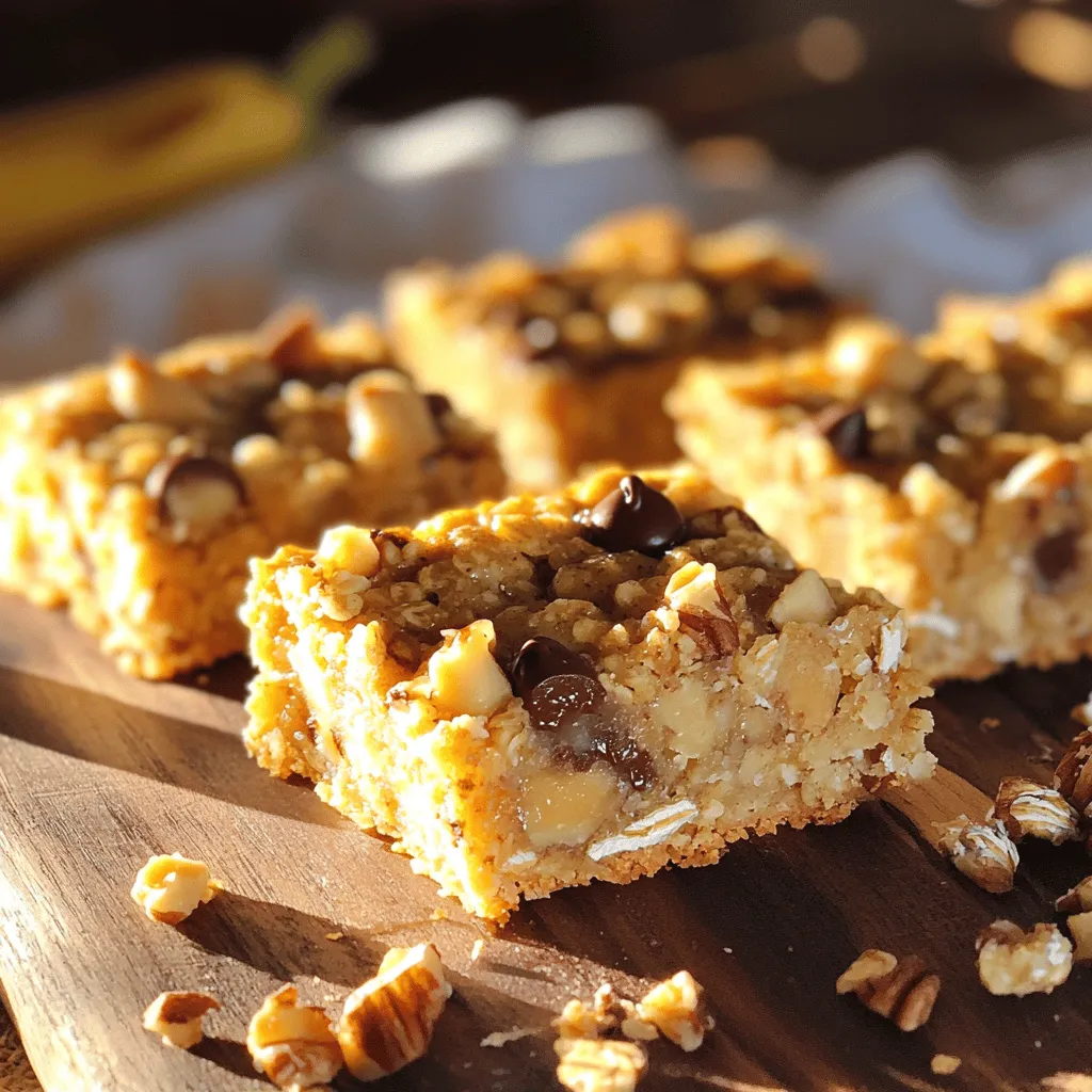 To make delicious baked oatmeal bars, you need simple ingredients. Here’s what you will need: - 2 cups rolled oats - 1 ripe banana, thoroughly mashed (about 1 cup) - 1/2 cup almond butter (or your choice of peanut butter) - 1/3 cup honey or maple syrup (for a vegan option) - 1/2 cup almond milk (or any milk alternative you prefer) - 1 teaspoon vanilla extract - 1 teaspoon baking powder - 1/2 teaspoon ground cinnamon - 1/4 teaspoon sea salt - 1/2 cup mixed nuts (such as walnuts, almonds, and pecans), roughly chopped - 1/4 cup chocolate chips (optional for an indulgent touch) You can easily customize these bars. Some fun add-ins include: - Dried fruits like cranberries or raisins - Fresh berries like blueberries or chopped strawberries - Seeds such as chia or flaxseed for extra nutrition - Coconut flakes for a tropical twist - Different nut butters like cashew or sunflower seed butter These bars are not just tasty; they are also good for you. Here are some benefits: - Rolled oats provide fiber, which helps with digestion and keeps you full. - Bananas add natural sweetness and potassium, which is great for your heart. - Nut butters offer healthy fats and protein, giving you energy. - Honey or maple syrup gives a natural sweetness and has antioxidants. - Nuts add crunch and deliver vitamins, minerals, and healthy fats. This blend of ingredients makes these baked oatmeal bars simple and nutritious. For the full recipe, check back to the beginning. First, you need to preheat your oven to 350°F (175°C). This step is crucial for even baking. Next, grab an 8x8-inch baking pan. Line it with parchment paper, letting it hang over the sides a bit. This will help you lift the bars out later. In a large mixing bowl, add the well-mashed ripe banana. You need about one cup of mashed banana. Then, mix in 1/2 cup of almond butter. You can use peanut butter if you prefer. Next, pour in 1/3 cup of honey or maple syrup. This will add natural sweetness. Add 1/2 cup of almond milk and 1 teaspoon of vanilla extract. Use a whisk or spatula to blend these ingredients smoothly. In this step, add 2 cups of rolled oats to the wet mixture. Then, sprinkle in 1 teaspoon of baking powder, 1/2 teaspoon of ground cinnamon, and 1/4 teaspoon of sea salt. Stir everything together until no dry bits remain. Now it's time to fold in 1/2 cup of mixed nuts and 1/4 cup of chocolate chips if you want a sweet touch. Make sure these extras mix well throughout. Pour this mixture into your prepared baking pan and press it down lightly. Follow these steps for a fun and simple treat! For the full recipe, check the section above. To bake your oatmeal bars evenly, use a pan that fits the recipe size. An 8x8-inch pan works best. Make sure to preheat your oven to 350°F (175°C) before baking. This step is key. If the oven is not hot enough, the bars may bake poorly. While baking, check halfway through. If the edges start to brown too quickly, cover them with foil. This will keep your bars from burning while the center finishes cooking. The texture of your bars depends on how you mix the ingredients. Start by mashing the banana well. It should be smooth, with no lumps. When adding oats, mix gently to avoid overworking the batter. Overmixing can lead to tough bars. For a soft texture, let the bars cool completely before cutting. This helps them set up nicely and makes cutting easier. You can easily change the flavor of your bars. Add spices like nutmeg or ginger for a warm taste. If you want them sweeter, increase the honey or maple syrup. For a rich taste, try using dark chocolate chips. You can also swap the nuts for seeds like sunflower or pumpkin. This gives a new twist and adds crunch. Experimenting is part of the fun! For more ideas, you can check the Full Recipe. {{image_4}} You can mix things up with flavors. Try adding chocolate chips for a sweet treat. Use about 1/4 cup in the recipe. You can also add berries. Fresh or frozen blueberries and raspberries work well. They add color and taste. For a fruity twist, add chopped apples or peaches. These fruits bring a bit of sweetness and moisture. To make these bars vegan, swap honey for maple syrup. This keeps it sweet and plant-based. For gluten-free bars, use certified gluten-free oats. This ensures no cross-contamination. You can also try almond flour instead of regular flour for added texture. These swaps keep the bars tasty and safe for everyone. Use seasonal fruits to keep flavors fresh. In spring, add strawberries or rhubarb. In autumn, try pumpkin puree and spices like nutmeg. Winter calls for citrus zest, like orange or lemon. These seasonal changes keep your baked oatmeal exciting and fun. Mixing in nuts and seeds also adds crunch and nutrition. You can use whatever you have on hand. To keep your baked oatmeal bars fresh, store them in an airtight container. Line the container with parchment paper to avoid sticking. Make sure to let the bars cool completely before placing them in the container. This helps prevent moisture buildup. Store them at room temperature for short-term use, or in the fridge for longer freshness. To freeze your bars, cut them into squares first. Wrap each square tightly in plastic wrap. Then place them in a freezer-safe bag or container. Label with the date. When you want to eat one, take it out and let it thaw in the fridge overnight. You can also microwave it for about 30 seconds to warm it up quickly. Baked oatmeal bars can last about 5 days at room temperature. If stored in the fridge, they can stay fresh for up to 10 days. For frozen bars, aim to eat them within three months for the best taste. Always check for any signs of spoilage before eating. Yes, you can use quick oats. Quick oats cook faster and absorb more liquid. This may change the texture of your bars slightly, making them softer. If you prefer a chewier bar, I suggest sticking with rolled oats. To make these bars vegan, use maple syrup instead of honey. Also, choose almond butter and plant-based milk. These swaps keep the bars delicious and suitable for a vegan diet. You can enjoy them without losing any flavor. You can serve these bars as they are or add toppings. Try spreading some nut butter on top. You can also add fresh fruit, like banana slices or berries. Drizzling with a bit of honey or maple syrup enhances the sweetness. To check if the bars are done, insert a toothpick in the center. If it comes out clean, they are ready. The edges should be golden brown. Letting them cool helps them firm up for easier cutting. Baked oatmeal bars are versatile and easy to make. We covered main ingredients, optional add-ins, and their health benefits. I shared step-by-step instructions for mixing and baking. You learned tips for even baking and customizing flavors. We explored different variations and best storage practices. Now, you can enjoy these bars fresh or frozen. Get creative with flavors and share them with others. They make a great snack for any time of day. Enjoy baking!