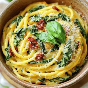 - 8 oz spaghetti - 2 cups fresh spinach, roughly chopped - 1 cup sun-dried tomatoes, chopped - 1 cup heavy cream - 1/2 cup freshly grated parmesan cheese - 2 cloves garlic, finely minced - 1 tablespoon extra virgin olive oil - 1 teaspoon dried basil - Sea salt and freshly cracked black pepper - Fresh basil leaves for garnishing - Recommended side dishes When I cook spaghetti with spinach and sun-dried tomato cream sauce, I love how easy it is. The key is to gather all your ingredients first. Start with the spaghetti, spinach, and sun-dried tomatoes. Using fresh spinach adds great color and taste. Sun-dried tomatoes bring a burst of flavor that makes the dish special. Next, don’t forget the heavy cream. It gives the sauce that creamy texture we all enjoy. For seasoning, we need garlic, parmesan cheese, olive oil, dried basil, sea salt, and black pepper. These ingredients blend together to make the sauce rich and satisfying. For a finishing touch, I like to add fresh basil leaves on top. They add a nice aroma and look great on the plate. You can also think about what side dishes to serve. A light salad or crusty bread pairs well with this meal. For the full recipe, check the section above. Let’s get cooking! Fill a large pot with water. Add a good amount of salt. Bring the water to a boil. Once boiling, add the spaghetti. Cook the spaghetti according to the package. You want it al dente, which means firm to the bite. This usually takes about 8 to 10 minutes. Remember to save 1/2 cup of the pasta water before draining the spaghetti. After draining, keep the spaghetti warm in the pot. In the same pot, set the heat to medium. Add the extra virgin olive oil. When the oil is hot, add minced garlic. Sauté the garlic for about 30 seconds. You want it aromatic, not browned. If it browns, it can taste bitter. Now, add the chopped spinach. Stir continuously until the spinach wilts, which takes about 2-3 minutes. Now, it's time to make the sauce. Gently add the chopped sun-dried tomatoes and heavy cream. Stir in the dried basil too. Let this mix simmer for about 3-5 minutes. Watch it closely and stir occasionally. If the sauce gets too thick, add a bit of the reserved pasta water. Keep adding until you reach the right consistency. Introduce the cooked spaghetti back into the pot. Toss the spaghetti in the creamy sauce. Make sure every strand gets coated. Next, sprinkle in the grated parmesan cheese. Toss again until it melts and makes the dish creamy. Taste the pasta and adjust the seasoning. Add sea salt and freshly cracked black pepper if needed. To serve, use tongs to divide the spaghetti onto plates. This gives a nice, elegant look. Finish the dish with fresh basil leaves. You can also add more grated parmesan on top if you like. Enjoy this delicious meal! For the full recipe, check the details above. To get the perfect sauce, you can adjust its thickness using pasta water. Start by reserving half a cup of water before draining your spaghetti. If the sauce is too thick, add a little pasta water. This step keeps your sauce creamy and smooth. For flavor enhancement, always use sun-dried tomatoes packed in oil. They add a rich taste. You can also include fresh herbs like basil for a bright note. A squeeze of lemon can brighten the overall flavor too. Preventing spaghetti from sticking is easy. Stir the pasta in the water right after adding it. Also, don’t forget to use plenty of salt in the boiling water. This adds flavor and helps keep the noodles separate. Timing is key for optimal flavor. Cook the spaghetti until it's al dente, which takes about 8-10 minutes. Keep an eye on the clock and taste as you go. This ensures the pasta is perfectly cooked. For storing leftovers, cool the pasta completely before putting it in the fridge. Use an airtight container to keep it fresh. This dish lasts up to three days in the refrigerator. When reheating, add a splash of cream or pasta water to keep the dish moist. Microwave it in short bursts, stirring in between. This helps maintain the dish's quality without drying it out. {{image_4}} You can swap out heavy cream for a lighter option. Use half-and-half or coconut cream for a dairy-free choice. If you want cheese, try nutritional yeast instead of parmesan. It adds a cheesy flavor without dairy. For the veggies, you can include other greens like kale or arugula. These alternatives offer different textures and tastes. You can even add bell peppers or zucchini for extra color and crunch. If you want a vegan dish, replace the heavy cream with coconut cream. Skip the parmesan and use a vegan cheese. This way, you keep the flavor while making it plant-based. For gluten-free pasta, many brands offer great options made from rice or quinoa. They cook well and work perfectly with the sauce. Just check the cooking time, as it may differ from regular spaghetti. Adding protein makes this dish heartier. Cooked chicken or shrimp pairs nicely with the creamy sauce. Just sauté them before adding the spinach. They absorb the flavors well and keep the meal satisfying. You can also try adding spices like red pepper flakes for some heat. Fresh herbs like thyme or parsley can brighten up the dish. Experimenting helps you find your perfect flavor balance. You can store leftover spaghetti with spinach and sun-dried tomato cream sauce in the fridge. It lasts about three to four days when kept in a good container. Use an airtight container to keep the sauce fresh. Make sure to cool the dish before sealing it. Label the container with the date to track freshness. If you want to freeze this dish, it’s best to do so before adding the cheese. Here are some best practices for freezing: - Let the dish cool completely. - Place it in a freezer-safe container. - Leave some space at the top for expanding. For thawing, move it to the fridge overnight before reheating. You can heat it in a pot over low heat. Add a splash of cream or pasta water to help bring back its creamy texture. Stir it often to avoid sticking. Enjoy your delicious meal even weeks later! Yes, you can use other pasta types! Here are some great options: - Penne - Fusilli - Fettuccine - Whole wheat pasta Each type adds a unique texture. Just remember to cook them until they are al dente. If you want a lighter option, try these: - Half-and-half: It’s less rich but still creamy. - Coconut milk: This adds a nice flavor and is dairy-free. - Greek yogurt: It thickens well but keep it low heat to avoid curdling. Each alternative changes the flavor and texture a bit. Experiment to find your favorite! To add some heat, you can: - Sprinkle red pepper flakes on top. - Mix in a few dashes of hot sauce while cooking. - Add finely chopped jalapeños for a fresh kick. These options can spice up your meal, so adjust to your taste! Consider these perfect sides: - Garlic bread for a crunchy bite. - A fresh green salad for a light contrast. - Roasted vegetables to add some color and nutrition. These sides balance the rich flavor of the pasta dish. Yes, you can prep this meal in advance! Here are some tips: - Cook the pasta and store it in the fridge. - Prepare the sauce and keep it in an airtight container. - Combine them just before serving to keep everything fresh. This way, you can enjoy a quick meal without the fuss on busy nights. For the full recipe, check the earlier section! This dish combines simple ingredients like spaghetti, spinach, and sun-dried tomatoes into a creamy delight. You learned how to cook spaghetti perfectly and make a rich cream sauce. With tips for garnishing and serving, you can impress anyone at the table. Remember, you can switch ingredients to suit your taste or diet. Enjoy experimenting with flavors and variations! Your kitchen adventures can lead to a meal that everyone will love.