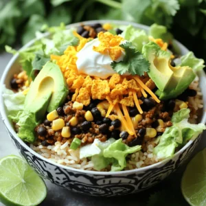 Here’s what you need for your Taco Rice Bowl with Doritos. Each ingredient adds a burst of flavor. - 1 cup jasmine rice - 2 cups vegetable broth - 1 pound ground beef or plant-based ground meat - 1 packet taco seasoning - 1 can (15 oz) black beans, drained and rinsed - 1 cup corn kernels (fresh or frozen) - 1 cup diced tomatoes with green chilies - 1 cup shredded lettuce - 1 cup shredded cheddar cheese - 1 avocado, sliced - 1 bag Doritos (your flavor choice) - Sour cream or Greek yogurt, for topping - Fresh cilantro, chopped, for garnish - Lime wedges, for serving This list gives you all the tasty building blocks for your bowl. The jasmine rice adds a nice base. The ground meat brings protein and heartiness. Taco seasoning packs flavor, while beans and corn add texture. Fresh toppings like lettuce and avocado keep it bright. Lastly, the Doritos bring a fun crunch! You can find the full recipe in the next section to guide you through every step. - Rinse jasmine rice under cold water. This step cleans the rice and helps keep it fluffy. - Cook in vegetable broth. Use a medium saucepan and bring the broth to a boil. Add the rinsed rice and stir gently. Cover and let it simmer on low for 15-20 minutes. The rice will soak up the broth and become tender. Fluff it with a fork when done. - Brown ground beef or plant-based meat in a large skillet over medium heat. Cook for about 5-7 minutes until it is no longer pink. Drain any excess fat if you used beef. - Mix in taco seasoning, black beans, corn, and diced tomatoes. Stir everything well and let it cook for another 5 minutes. This allows the flavors to blend. - Layer rice at the bottom of each bowl. This serves as a base for the rest of the toppings. - Next, add the meat mixture on top of the rice. - Then, sprinkle on shredded lettuce, cheddar cheese, and avocado slices. - Finish with crushed Doritos for a crunchy texture. Add a dollop of sour cream or Greek yogurt. Top it all with chopped cilantro for a fresh touch. Serve with lime wedges on the side for added zing. For the full recipe, check the [Full Recipe]. Common mistakes to avoid while cooking rice Cooking rice may seem simple, but it can be tricky. Here are key mistakes to avoid: - Not rinsing the rice: Rinsing removes extra starch. This keeps the rice from being sticky. - Using too much water: Stick to the right water-to-rice ratio. Too much water makes it mushy. - Not letting it rest: After cooking, let the rice sit covered for a few minutes. This helps it fluff up. How to achieve the perfect taco meat seasoning Seasoning taco meat well is key. Follow these steps for the best flavor: - Use fresh seasoning: If you can, use fresh herbs or spices. They add great depth. - Brown the meat first: Get a nice brown on the meat before adding seasoning. This brings out rich flavors. - Mix well: Stir the seasoning into the meat evenly. Make sure every bite is tasty. Pairings with sides and drinks To make your taco rice bowl complete, consider these pairings: - Chips and salsa: A crunchy side adds texture. - Guacamole: Creamy guac matches well with the spice. - Cold drinks: Try a light beer or a citrus soda. They balance the heat. Creative ways to present your taco rice bowl Presentation matters! Here are fun ideas: - Layer colors: Use colorful bowls to show off fresh ingredients. - Garnish smartly: A sprinkle of cilantro or lime wedges adds brightness. - Use fun toppings: Serve toppings on the side. Let guests customize their bowls. Adding spice or heat to the dish If you love heat, here are ways to spice it up: - Add jalapeños: Fresh or pickled, they add great flavor and heat. - Hot sauce: Drizzle your favorite hot sauce for an extra kick. - Spicy seasoning: Try a spicy taco seasoning mix to amp up the flavor. Using different toppings for personalization Make your taco rice bowl your own with these topping ideas: - Sliced radishes: They add crunch and a peppery taste. - Pico de gallo: Fresh salsa brightens the bowl. - Different cheeses: Swap cheddar for pepper jack or queso fresco for a twist. For the full recipe, check out the details shared above. Enjoy crafting your unique taco rice bowl! {{image_4}} For a meat-free bowl, you can use plant-based ground meat. Options like lentils or quinoa work well too. They add protein and texture. For toppings, skip the cheese and use dairy-free cheese or avocado instead. You can also try cashew cream for a rich, creamy taste. Spice up your taco rice bowl with different seasonings. Try chili powder, cumin, or smoked paprika for extra kick. You can also mix in salsa verde or chipotle sauce for a smoky taste. Swap out black beans for pinto beans or kidney beans to change the flavor. Add roasted veggies like bell peppers or zucchini for more color and taste. To cut calories, you can use lean ground turkey or chicken instead of beef. You can also reduce cheese or skip it altogether. Add more veggies like spinach or kale for a nutrition boost. Toss in some legumes, like chickpeas or kidney beans, to add fiber and protein. These changes keep the flavor high while making it healthier. For the full recipe, check out the Taco Rice Bowl with Doritos. To keep your taco rice bowl fresh, store leftovers in an airtight container. Let it cool first, then cover it. You can keep it in the fridge for up to three days. When you're ready to eat, reheat in the microwave. Heat for about one to two minutes. Stir halfway to warm evenly. If you prefer, you can heat it on the stove too. Just add a splash of broth or water to keep it moist. Yes, you can freeze this meal. To do it, pack the taco rice bowl in freezer-safe bags or containers. Remove as much air as possible before sealing. It stays good for about three months in the freezer. When you want to eat it, thaw it overnight in the fridge. For reheating, use the microwave or stove. If using the microwave, heat in short bursts and stir often to avoid cold spots. To make the best Taco Rice Bowl, start with quality ingredients. Rinse the rice to keep it fluffy. Use vegetable broth instead of water for more flavor. Brown the meat well to develop a rich taste. Don't skip the taco seasoning; it packs a punch. Mix in black beans, corn, and tomatoes for added texture. Serve it in colorful bowls for a fun look. Top it off with crushed Doritos for crunch. A squeeze of lime adds zest and brightens the dish. Yes, you can use different rice types. Here are some great options: - Brown rice: It adds a nutty flavor and more fiber. - Quinoa: A protein-rich alternative that cooks fast. - Cauliflower rice: A low-carb option for a lighter meal. Experiment with these to find your favorite! Toppings add fun and flavor to your bowl. Here are popular choices: - Shredded lettuce: Adds crunch and freshness. - Shredded cheddar cheese: Provides a creamy, rich taste. - Sliced avocado: Offers creaminess and healthy fats. - Sour cream or Greek yogurt: Adds a tangy note. - Fresh cilantro: Brings brightness and a fresh finish. Feel free to mix and match for your perfect bowl! This blog post covered how to make a delicious Taco Rice Bowl with Doritos. We discussed the key ingredients, easy step-by-step instructions, and helpful tips for perfecting the dish. You can tweak the recipe to fit your taste, from vegetarian options to various toppings. Remember, these bowls are versatile and perfect for any occasion. Try this recipe today and enjoy a fun, flavorful meal that pleases everyone. Dive in and get creative with your own twists!