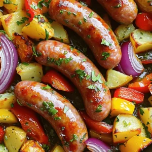 - 4 Italian sausages (your choice: sweet, spicy, or turkey) - 2 large red bell peppers, sliced into strips - 2 large yellow bell peppers, sliced into strips - 1 medium red onion, cut into wedges - 4 medium Yukon gold potatoes, diced into 1-inch cubes - 4 cloves garlic, minced I love using Italian sausages for this dish. They add great flavor. You can pick sweet, spicy, or turkey sausages. Each will change the dish's taste. Next, bell peppers and onions bring color and crunch. I always go for red and yellow peppers for their sweetness. Yukon gold potatoes are the best choice. They roast well and stay creamy inside. - 3 tablespoons olive oil - 1 teaspoon dried oregano - 1 teaspoon smoked paprika - ½ teaspoon red pepper flakes (optional, for added heat) - Salt and freshly cracked black pepper to taste - Fresh parsley, chopped (for garnish) Seasoning is key to making this dish shine. I use olive oil to help everything roast nicely. Dried oregano and smoked paprika add depth. If you enjoy heat, sprinkle in some red pepper flakes. Salt and pepper enhance all the flavors. Just before serving, I like to add fresh parsley. It brightens the dish and gives it a pop of color. For the Full Recipe, check the details linked above. 1. Preheat the oven: First, set your oven to 425°F (220°C). This temperature helps the food roast well. 2. Prepare the vegetable mix: In a large bowl, combine the diced Yukon gold potatoes, sliced red and yellow bell peppers, and red onion. Add minced garlic, olive oil, dried oregano, smoked paprika, red pepper flakes (if you want some heat), and a good amount of salt and freshly cracked black pepper. Mix it all well so that the veggies get coated with the tasty mix. 3. Arrange ingredients on a baking sheet: Take a large baking sheet and spread the seasoned vegetable mix in an even layer. This helps everything cook evenly. 4. Add sausages and roast: Place the Italian sausages in the pan, nesting them among the veggies. Make sure they are not crowded. Cook this in your preheated oven for 25-30 minutes. Halfway through, stir the veggies gently. This helps them roast evenly. You want the sausages to be nicely browned and the potatoes tender. 5. Resting time before serving: Once done, remove the baking sheet from the oven. Let it rest for a few minutes. This allows the flavors to settle and makes it taste even better. 6. Garnishing with parsley: Before you serve, sprinkle some fresh chopped parsley on top. This adds color and a fresh taste. This simple method gives you a hearty and flavorful meal that everyone will enjoy. For the Full Recipe, follow the steps I outlined above. Ensuring even cooking To get the best roast, make sure the vegetables are cut evenly. This helps them cook at the same time. Spread them out on your baking sheet. If they are too close together, they will steam instead of roast. Stir the mix halfway through cooking to ensure even browning. Choosing the right sausages Pick sausages that you enjoy. Italian sausages are a great choice, but you can try others too. Sweet or spicy, both work well. Turkey sausage is a leaner option. Just remember, the key is to use sausages that add good flavor to the dish. Variations in seasoning Feel free to change up the spices. You can add herbs like thyme or rosemary for extra taste. A dash of balsamic vinegar can bring a nice tang. Try different spice blends to suit your taste. Adding extras like cheese or spices For a richer flavor, sprinkle some cheese on top before roasting. Parmesan or mozzarella melts well. You can also add a pinch of your favorite spice mix, like Cajun or Italian. This adds depth and makes the dish even more exciting. For more detailed steps, check out the Full Recipe to perfect your cooking! {{image_4}} You can change the sausage to chicken sausage or tofu. Chicken sausage brings a lighter taste. Tofu adds a great plant-based option. Both work well with spices and veggies in this dish. You can also try pork or beef sausages if you want something richer. Feel free to swap in seasonal veggies. Broccoli, carrots, or zucchini can add fun colors and flavors. Other root vegetables like sweet potatoes or turnips can work too. They might change the taste but still taste great. Experiment with what you have in your fridge. You can easily adjust the heat levels. If you like spice, add more red pepper flakes. For milder flavors, skip the flakes or use sweet bell peppers. Different pepper types can also change the dish. Try adding jalapeños for heat or banana peppers for sweetness. This recipe is flexible to your taste! After enjoying your One-Pan Roasted Sausage, Peppers, and Potatoes, let it cool. Store leftovers in airtight containers. This keeps the food fresh and tasty. You can keep it in the fridge for about three to four days. When you reheat, make sure it is hot all the way through. A microwave works well, but an oven can keep it crispy. For best results, cover it with foil and heat at a low temperature. If you want to save some for later, freezing is a great idea. First, let the dish cool completely. Then, place portions in freezer-safe bags or containers. Try to remove as much air as possible to prevent freezer burn. You can freeze the dish for up to three months. When you’re ready to eat, thaw it in the fridge overnight. Reheat in the oven or microwave until hot. This way, you can enjoy a gourmet meal anytime! To check if the sausages are done, use a meat thermometer. The safe internal temperature for cooked sausage is 160°F (71°C). Insert the thermometer into the center of the sausage. If it reads at least 160°F, the sausage is safe to eat. You can also cut one open. The meat should be tan and juicy, not pink. Yes, you can easily adjust the recipe. If you need fewer servings, simply halve the ingredients. Use two sausages, one bell pepper, one onion, and two potatoes. Keep the seasonings the same for flavor. This way, you still get the tasty blend of flavors without waste. This dish is hearty on its own, but you can add sides for more variety. Here are some ideas: - A fresh green salad with a light vinaigrette - Crusty bread to soak up the juices - Steamed broccoli or green beans for a veggie boost - A side of creamy coleslaw for crunch You can find the Full Recipe for One-Pan Roasted Sausage, Peppers, and Potatoes in the earlier sections of this article. It includes all the steps and tips you need to make this dish a success. This blog post shared a simple, tasty recipe for One-Pan Roasted Sausage with Peppers and Potatoes. We covered the main ingredients, step-by-step instructions, and helpful tips to make it perfect. You can easily adjust the recipe with different meats or veggies. Plus, I shared storage tips for leftovers, ensuring your meal stays fresh. Enjoy making this dish as a family meal or an easy weeknight dinner! Good food brings joy, and simple recipes make cooking fun.