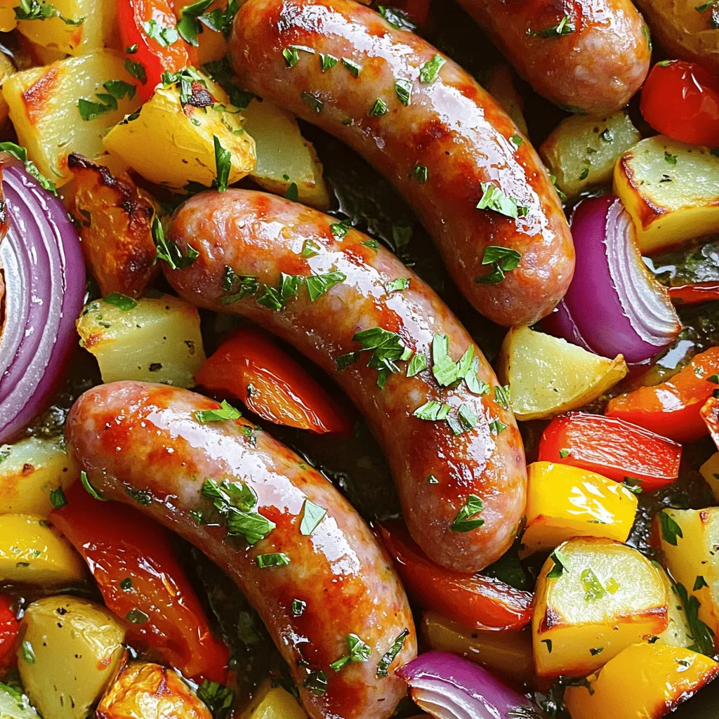 - 4 Italian sausages (your choice: sweet, spicy, or turkey) - 2 large red bell peppers, sliced into strips - 2 large yellow bell peppers, sliced into strips - 1 medium red onion, cut into wedges - 4 medium Yukon gold potatoes, diced into 1-inch cubes - 4 cloves garlic, minced I love using Italian sausages for this dish. They add great flavor. You can pick sweet, spicy, or turkey sausages. Each will change the dish's taste. Next, bell peppers and onions bring color and crunch. I always go for red and yellow peppers for their sweetness. Yukon gold potatoes are the best choice. They roast well and stay creamy inside. - 3 tablespoons olive oil - 1 teaspoon dried oregano - 1 teaspoon smoked paprika - ½ teaspoon red pepper flakes (optional, for added heat) - Salt and freshly cracked black pepper to taste - Fresh parsley, chopped (for garnish) Seasoning is key to making this dish shine. I use olive oil to help everything roast nicely. Dried oregano and smoked paprika add depth. If you enjoy heat, sprinkle in some red pepper flakes. Salt and pepper enhance all the flavors. Just before serving, I like to add fresh parsley. It brightens the dish and gives it a pop of color. For the Full Recipe, check the details linked above. 1. Preheat the oven: First, set your oven to 425°F (220°C). This temperature helps the food roast well. 2. Prepare the vegetable mix: In a large bowl, combine the diced Yukon gold potatoes, sliced red and yellow bell peppers, and red onion. Add minced garlic, olive oil, dried oregano, smoked paprika, red pepper flakes (if you want some heat), and a good amount of salt and freshly cracked black pepper. Mix it all well so that the veggies get coated with the tasty mix. 3. Arrange ingredients on a baking sheet: Take a large baking sheet and spread the seasoned vegetable mix in an even layer. This helps everything cook evenly. 4. Add sausages and roast: Place the Italian sausages in the pan, nesting them among the veggies. Make sure they are not crowded. Cook this in your preheated oven for 25-30 minutes. Halfway through, stir the veggies gently. This helps them roast evenly. You want the sausages to be nicely browned and the potatoes tender. 5. Resting time before serving: Once done, remove the baking sheet from the oven. Let it rest for a few minutes. This allows the flavors to settle and makes it taste even better. 6. Garnishing with parsley: Before you serve, sprinkle some fresh chopped parsley on top. This adds color and a fresh taste. This simple method gives you a hearty and flavorful meal that everyone will enjoy. For the Full Recipe, follow the steps I outlined above. Ensuring even cooking To get the best roast, make sure the vegetables are cut evenly. This helps them cook at the same time. Spread them out on your baking sheet. If they are too close together, they will steam instead of roast. Stir the mix halfway through cooking to ensure even browning. Choosing the right sausages Pick sausages that you enjoy. Italian sausages are a great choice, but you can try others too. Sweet or spicy, both work well. Turkey sausage is a leaner option. Just remember, the key is to use sausages that add good flavor to the dish. Variations in seasoning Feel free to change up the spices. You can add herbs like thyme or rosemary for extra taste. A dash of balsamic vinegar can bring a nice tang. Try different spice blends to suit your taste. Adding extras like cheese or spices For a richer flavor, sprinkle some cheese on top before roasting. Parmesan or mozzarella melts well. You can also add a pinch of your favorite spice mix, like Cajun or Italian. This adds depth and makes the dish even more exciting. For more detailed steps, check out the Full Recipe to perfect your cooking! {{image_4}} You can change the sausage to chicken sausage or tofu. Chicken sausage brings a lighter taste. Tofu adds a great plant-based option. Both work well with spices and veggies in this dish. You can also try pork or beef sausages if you want something richer. Feel free to swap in seasonal veggies. Broccoli, carrots, or zucchini can add fun colors and flavors. Other root vegetables like sweet potatoes or turnips can work too. They might change the taste but still taste great. Experiment with what you have in your fridge. You can easily adjust the heat levels. If you like spice, add more red pepper flakes. For milder flavors, skip the flakes or use sweet bell peppers. Different pepper types can also change the dish. Try adding jalapeños for heat or banana peppers for sweetness. This recipe is flexible to your taste! After enjoying your One-Pan Roasted Sausage, Peppers, and Potatoes, let it cool. Store leftovers in airtight containers. This keeps the food fresh and tasty. You can keep it in the fridge for about three to four days. When you reheat, make sure it is hot all the way through. A microwave works well, but an oven can keep it crispy. For best results, cover it with foil and heat at a low temperature. If you want to save some for later, freezing is a great idea. First, let the dish cool completely. Then, place portions in freezer-safe bags or containers. Try to remove as much air as possible to prevent freezer burn. You can freeze the dish for up to three months. When you’re ready to eat, thaw it in the fridge overnight. Reheat in the oven or microwave until hot. This way, you can enjoy a gourmet meal anytime! To check if the sausages are done, use a meat thermometer. The safe internal temperature for cooked sausage is 160°F (71°C). Insert the thermometer into the center of the sausage. If it reads at least 160°F, the sausage is safe to eat. You can also cut one open. The meat should be tan and juicy, not pink. Yes, you can easily adjust the recipe. If you need fewer servings, simply halve the ingredients. Use two sausages, one bell pepper, one onion, and two potatoes. Keep the seasonings the same for flavor. This way, you still get the tasty blend of flavors without waste. This dish is hearty on its own, but you can add sides for more variety. Here are some ideas: - A fresh green salad with a light vinaigrette - Crusty bread to soak up the juices - Steamed broccoli or green beans for a veggie boost - A side of creamy coleslaw for crunch You can find the Full Recipe for One-Pan Roasted Sausage, Peppers, and Potatoes in the earlier sections of this article. It includes all the steps and tips you need to make this dish a success. This blog post shared a simple, tasty recipe for One-Pan Roasted Sausage with Peppers and Potatoes. We covered the main ingredients, step-by-step instructions, and helpful tips to make it perfect. You can easily adjust the recipe with different meats or veggies. Plus, I shared storage tips for leftovers, ensuring your meal stays fresh. Enjoy making this dish as a family meal or an easy weeknight dinner! Good food brings joy, and simple recipes make cooking fun.