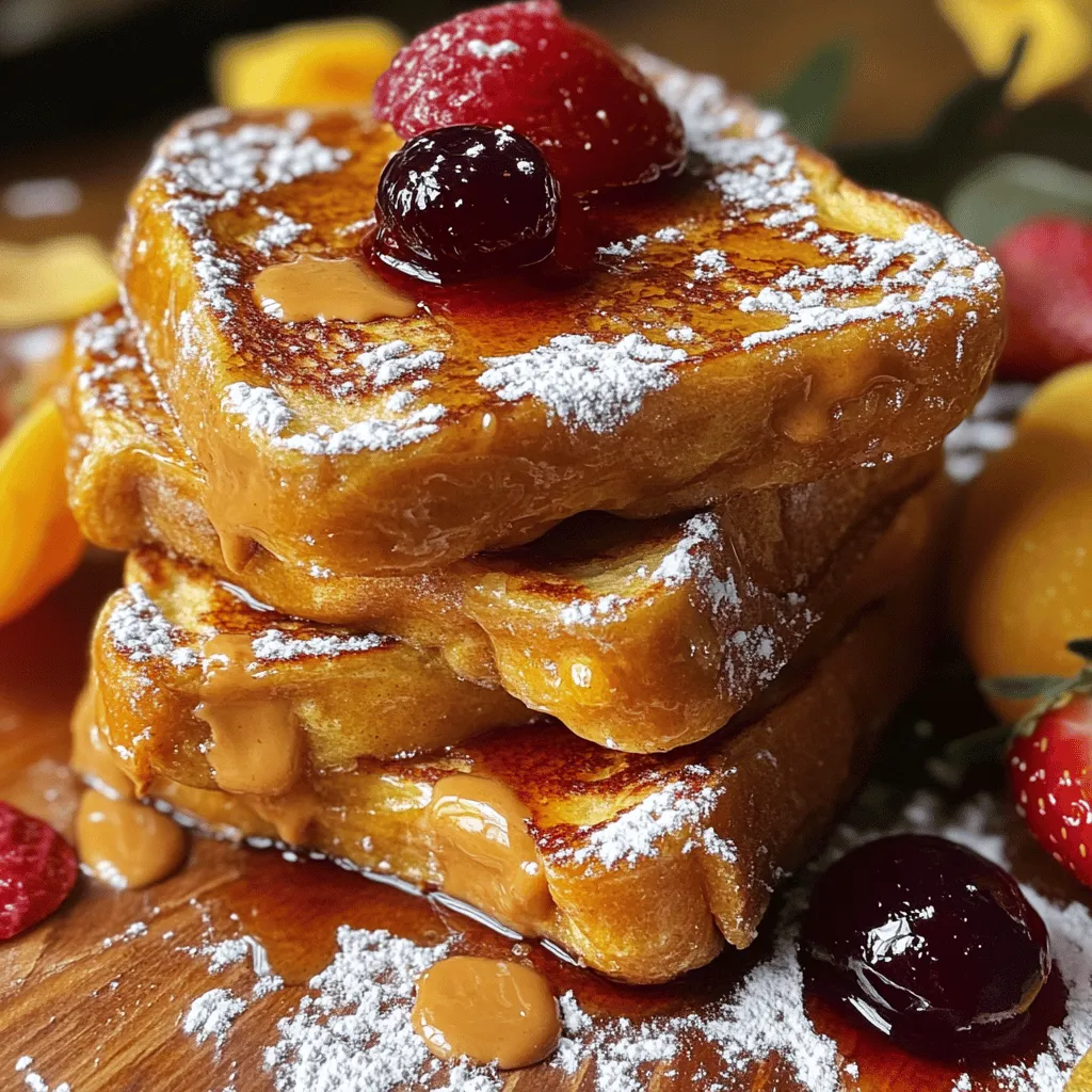 For this easy recipe, you can choose different types of bread. Here are some great options: - White bread - Whole grain bread - Brioche bread (adds richness) Each type brings its own flavor and texture. Brioche works best for a soft, sweet French toast. You can use either creamy or crunchy peanut butter. Here’s a quick look: - Creamy peanut butter (smooth texture) - Crunchy peanut butter (adds a nutty bite) Your choice depends on how you like your spread. I enjoy both, but creamy gives a nice, even spread. When it comes to jelly, you have fun choices that can change the taste. Here are my favorites: - Grape jelly - Strawberry jam - Raspberry preserves Each jelly adds a unique flavor. Grape is classic, while raspberry gives a nice tartness. You will need some other key ingredients to make this dish great: - 2 large eggs - 1/4 cup milk (dairy or non-dairy like almond) - 1/2 teaspoon ground cinnamon - 1 teaspoon pure vanilla extract - Butter or oil for frying - Powdered sugar (optional, for a sweet touch) - Fresh fruit slices (optional, for garnish) These ingredients create a rich custard that soaks into the bread and gives it flavor. Each part plays a role in making the French toast delicious. For the full recipe, check out the complete guide! Start by making the sandwiches. Take two slices of your chosen bread. On one slice, spread about 1 tablespoon of peanut butter. Then, add 1 tablespoon of your favorite jelly on top. Place the second slice on top to finish the sandwich. Repeat this with the other two slices and the remaining peanut butter and jelly. Next, grab a shallow bowl. In this bowl, whisk together two large eggs, 1/4 cup of milk, 1/2 teaspoon of ground cinnamon, and 1 teaspoon of vanilla extract. Mix until everything is smooth and well combined. This egg mixture will coat the sandwiches and give them a rich flavor. Now, preheat your non-stick skillet or griddle over medium heat. Add a pat of butter or a splash of oil to the pan. Let it melt or heat up. Carefully dip each sandwich into the egg mixture. Make sure to coat both sides evenly, but do not soak them too long. Place the sandwiches in the skillet and cook for about 3-4 minutes on each side. Look for a golden brown color and crispy texture. Adjust the heat if needed to avoid burning. Once cooked, take the sandwiches out of the skillet and cut them diagonally. You can dust the warm French toast with powdered sugar for a sweet touch. For extra color and freshness, add slices of fresh fruit on top. Serve the French toast right away. Guests can add more jelly or peanut butter if they want. Enjoy your Easy Peanut Butter & Jelly French Toast Delight! For the full recipe, check the section above. To get that perfect crunch, use a non-stick skillet. Heat it on medium. Add a good amount of butter or oil. This will help form a golden crust. Don't rush this step. If the heat is too high, your toast may burn. Flip the sandwiches carefully. Cook each side for about 3-4 minutes. Sogginess can ruin your French toast. To avoid this, don't soak the bread too long. Dip each sandwich quickly in the egg mixture. Make sure both sides are coated, but don’t let them sit. Use fresh bread, as it holds up better. Let the excess egg drip off before cooking. This dish is all about balance. Pair your peanut butter with sweet jams like grape or strawberry. For extra zest, try raspberry. You can also add fresh fruit slices on top. They add color and freshness. For a twist, sprinkle some chopped nuts for crunch. Enjoy exploring different flavors! {{image_4}} You can change the bread for more fun. Use white bread for a classic taste. Whole grain adds a nuttier flavor. Brioche makes it richer and sweeter. Try sourdough for a tangy twist. Each type gives a new vibe to your French toast. Peanut butter and jelly is great, but let’s get creative! Use Nutella for chocolate lovers. Honey adds a floral note that pairs well. Almond butter gives a nutty kick. Try cream cheese with fruit preserves for a tangy mix. The sky's the limit with fillings! You can make this dish vegan or gluten-free with ease. Use almond milk or oat milk in place of dairy milk. Replace eggs with a mix of flaxseed and water. Choose gluten-free bread to fit dietary needs. This way, everyone can enjoy this tasty meal. For more ideas and a full recipe, check out the complete guide! If you have any leftover French toast, place it in an airtight container. This keeps it fresh for up to three days in the fridge. Make sure the toast is completely cool before sealing it. This prevents moisture from making it soggy. To reheat, use the oven or a toaster. Preheat your oven to 350°F (175°C). Place the slices on a baking sheet and warm them for about 10 minutes. If using a toaster, toast on a low setting. This helps restore some crunch. You can freeze leftover French toast for up to two months. Place slices in a single layer on a baking sheet, then freeze until solid. Once frozen, stack the slices in a freezer bag. Label the bag with the date. This way, you know when to use them. To keep your French toast from being soggy, avoid soaking the bread too long in the egg mixture. Dip each sandwich quickly, making sure to coat both sides. Use thick slices of bread, like brioche or Texas toast, which hold up better. Cooking on medium heat also helps form a nice crust without overcooking the inside. Yes, you can use crunchy peanut butter! It adds a fun texture to your French toast. Just spread it evenly on the bread like you would with creamy peanut butter. It gives a delightful crunch and enhances the flavor of your dish. The best toppings for this dish include: - Fresh fruit slices, like strawberries or bananas - A dusting of powdered sugar for sweetness - Extra jelly for those who love more flavor - A drizzle of honey or maple syrup for added richness Feel free to get creative with your toppings! To make this recipe for more people, simply multiply the ingredients. For each additional serving, add one more sandwich. You can cook multiple sandwiches at once on a large skillet or griddle. Keep the finished French toast warm in the oven at a low temperature while you finish cooking the rest. This way, everyone enjoys a warm, delicious meal! This article covered everything you need for making the perfect Peanut Butter & Jelly French Toast. We explored ingredient choices, step-by-step instructions, and tips for the best results. I shared ways to add variety and storage advice, too. Enjoy your cooking journey! With these tips, you can create tasty treats for breakfast or snack time.