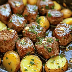 - 1 lb sirloin steak, cut into bite-sized cubes - 1 lb baby potatoes, halved - 5 tablespoons unsalted butter, divided - 4 cloves garlic, minced - 1 teaspoon dried rosemary - 1 teaspoon dried thyme - Salt and freshly ground black pepper, to taste - Fresh parsley, finely chopped (for garnish) The main ingredients offer a great balance of flavors. The sirloin steak provides a rich, meaty taste. Baby potatoes add a creamy texture. Garlic and butter bring warmth and depth. Rosemary and thyme enhance the dish with herbal notes. Salt and pepper finish everything, ensuring every bite pops. For freshness, add parsley. This brightens the dish and adds color. These ingredients together create a delightful meal that’s easy to make. For the full recipe, check the details above. - Bring salted water to a rolling boil. - Cook halved baby potatoes until fork-tender. - Drain and set aside to cool. First, you need to prep the potatoes. Start by bringing salted water to a rolling boil. This step is key, as it helps the potatoes cook evenly. Once boiling, add your halved baby potatoes. Cook them for about 10-12 minutes. You want them fork-tender, so keep an eye on them. After cooking, drain the potatoes and let them cool a bit while you move on to the next step. - Heat skillet and melt 2 tablespoons of unsalted butter. - Season steak cubes with salt and pepper. - Sear steak until browned on all sides, transfer to a plate. Next, it’s time to sear the steak bites. Heat a skillet over medium-high heat and melt 2 tablespoons of unsalted butter. The butter adds great flavor and helps the steak brown nicely. While it melts, season your steak cubes with salt and freshly ground black pepper. Once the butter is melted, add the steak in a single layer. Don’t overcrowd the pan! Sear the steak for about 3-4 minutes, turning occasionally. You want a nice brown crust. Once done, transfer the steak to a plate and set aside. - Reduce heat and add remaining butter to the skillet. - Stir in minced garlic, rosemary, and thyme. - Sauté until garlic is fragrant. Now, we’ll make the garlic butter. Reduce the heat to medium and add the remaining 3 tablespoons of butter to the skillet. As it melts, stir in your minced garlic, dried rosemary, and dried thyme. Sauté this mixture for about 30 seconds, just until the garlic becomes fragrant. Be careful here! Burnt garlic can ruin your dish. - Return steak and potatoes to the skillet. - Toss gently in garlic butter for flavor melding. - Adjust seasoning as needed. After making the garlic butter, it’s time to combine everything. Return the cooked steak bites and halved potatoes to the skillet. Use gentle motions to toss them in the garlic butter. This step helps the flavors meld beautifully. Cook together for an extra 2-3 minutes. Don’t forget to taste and adjust the seasoning with extra salt and pepper if you like. - Remove from heat and sprinkle with parsley. - Serve immediately. Finally, remove the skillet from the heat. For a fresh touch, sprinkle the dish with finely chopped parsley. This not only adds color, but it also gives a lovely flavor boost. Serve your Garlic Butter Steak Bites and Potatoes hot. Enjoy this delightful dish right away! For the full recipe, check out the details above. - Choosing the right cut of steak: For steak bites, use tender cuts like sirloin or ribeye. These cuts are juicy and cook quickly. They give you that perfect melt-in-your-mouth texture. - Ideal searing techniques: When searing, heat your skillet well. Use medium-high heat to get a nice brown crust. Avoid crowding the pan; cook in batches if needed. This helps each piece sear nicely without steaming. - Resting meat for tenderness: After cooking, let the steak bites rest for a few minutes. This helps the juices redistribute. Your bites will be more tender and flavorful when you do this. - Best types of potatoes for this dish: Use baby potatoes or Yukon golds. They hold their shape well and have a creamy texture. These types pair perfectly with steak. - Cooking methods for different textures: Boil your potatoes for a soft texture. For crispy skin, roast them after boiling. Toss them in olive oil and salt before roasting for extra flavor. - Flavoring alternatives: To add a twist, mix in cheese like Parmesan or cheddar. You can also sprinkle herbs like rosemary or thyme to enhance the flavor. This makes your dish even more delicious. For the full recipe, check out the details above. {{image_4}} You can swap out the steak for chicken or shrimp. Both options work great. Just make sure to adjust the cooking time. Chicken needs longer to cook, while shrimp cooks quickly. For a vegan twist, use plant-based protein like tofu or tempeh. These absorb flavors well and pair nicely with garlic butter. You can also try chickpeas for added texture. Change up the herbs and spices for new flavors. Fresh herbs like basil or cilantro can add a bright taste. You can also use spices like paprika or cumin for a smoky kick. Adding vegetables can enhance both taste and nutrition. Bell peppers and onions sauté nicely with steak and potatoes. You can toss in broccoli or asparagus for extra crunch. This dish pairs well with side salads. A light green salad or a tomato salad can balance the rich flavors. Dips like garlic aioli or ranch also complement the dish. For drinks, consider a robust red wine. A Cabernet Sauvignon or Merlot matches the savory steak. If you prefer cocktails, a classic whiskey sour can be a delightful choice. For the full experience, check out the Full Recipe for perfect garlic butter steak bites and potatoes. Store your leftover garlic butter steak bites and potatoes in a tight container. Use a glass or plastic container with a lid. Make sure the dish cools down first. This way, it keeps its taste and texture. You can keep it in the fridge for about 3 to 4 days. Just remember to check for any signs of spoilage before eating. To freeze steak bites and potatoes, let them cool completely first. Then, place them in a freezer-safe container. Make sure to remove as much air as possible. This helps prevent freezer burn. You can freeze them for up to 3 months. When you’re ready to eat, thaw the dish overnight in the fridge. Reheat it on the stove over low heat. Add a bit of butter for extra flavor. This keeps the steak tender and the potatoes soft. Enjoy your meal just like fresh! Don't forget to check out the Full Recipe for more tips. For perfect steak bites, cook them for about 3-4 minutes. This time gives you a nice sear. If you like your steak rare, stop cooking at 120°F. For medium-rare, aim for 130°F. Medium will be about 140°F. Use a meat thermometer for accuracy. Yes, you can prep the potatoes and steak bites in advance. Cut the potatoes and marinate the steak cubes the night before. Store them in the fridge. When you’re ready, cook them as the recipe directs. This saves time on busy nights. Serve garlic butter steak bites with a fresh salad or steamed veggies. A creamy coleslaw adds a nice crunch. You can also try garlic bread for more flavor. These sides balance the richness of the dish well. To get crispy potatoes, make sure they are dry before cooking. After boiling, let them cool and pat them dry. When you sear them, use enough butter and don't overcrowd the pan. This lets each piece crisp up nicely. This blog post covered how to make delicious steak bites with potatoes. You learned about the main ingredients and step-by-step instructions. I shared tips to enhance the dish and offered some variations. Finally, we discussed storage options and answered common questions. Enjoy cooking and sharing this meal with loved ones! You can impress anyone with this simple yet tasty recipe.