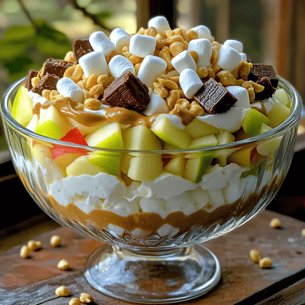 This Snickers salad is a fun and tasty treat. It combines sweet and crunchy flavors. Here is what you need: - Fun-sized Snickers bars - Granny Smith apples - Mini marshmallows - Whipped cream - Creamy peanut butter - Unsalted peanuts - Fresh lemon juice - Optional pinch of salt Gather these ingredients for a tasty dessert. The Snickers bars bring chocolate and caramel flavors. The Granny Smith apples add a nice tartness. Mini marshmallows give a soft, sweet touch. Whipped cream makes it creamy and light. Creamy peanut butter adds depth and richness. Unsalted peanuts give a great crunch. Fresh lemon juice keeps the apples fresh and bright. A pinch of salt can enhance all the flavors. Once you have all the ingredients ready, you can start making this fun dish. Enjoy the mix of textures and tastes! To make Snickers salad, I start by gathering all my ingredients. You will need 6 fun-sized Snickers bars, 2 cups of diced Granny Smith apples, 1 cup of mini marshmallows, and 1 cup of whipped cream. Also, have creamy peanut butter, unsalted peanuts, fresh lemon juice, and a pinch of salt ready. This easy dessert comes together quickly, so let's dive in! 1. First, I take a large mixing bowl. I add the diced Granny Smith apples, fresh lemon juice, and a pinch of salt. I toss gently to coat the apples. This step helps keep the apples fresh and bright. 2. Next, I chop the Snickers bars into bite-sized pieces. I add them to the bowl, along with the mini marshmallows. I fold these ingredients together carefully. I want to keep everything intact and mixed well. 3. In another bowl, I mix the whipped cream and creamy peanut butter. I use a spatula to fold them together until smooth. This mixture adds a rich, creamy texture to the salad. 4. I drizzle the whipped cream mixture over the apple and Snickers mix. I toss everything gently until it’s well coated. This step is key for flavor and texture. 5. Finally, I sprinkle the chopped unsalted peanuts on top. I can fold them in for a crunch throughout or leave them on top for a nice finish. After mixing, I cover the salad with plastic wrap. I let it chill in the fridge for at least 30 minutes. This chill time lets the flavors blend together beautifully. When ready to serve, I scoop it into a clear glass bowl. This way, everyone can see those colorful layers. For a fun touch, I like to garnish with whole mini marshmallows and scattered peanuts. Enjoy this tasty treat! To make your Snickers salad pop, try adding a splash of vanilla extract. This little touch brings warmth and depth. You can also mix in a sprinkle of cinnamon or nutmeg for a cozy twist. These spices pair well with apples and chocolate. You can even swap regular peanuts for honey-roasted ones for a sweet crunch. The best apples for this salad are Granny Smith. Their tartness balances the sweetness of Snickers. You could also use Honeycrisp for a sweeter taste or Fuji for a juicy bite. Always pick apples that are fresh and firm. This ensures a nice crunch in every bite. If you want a lighter option, consider using Greek yogurt. It gives a nice tang and creaminess. For a vegan choice, try coconut whipped cream. It adds a subtle coconut flavor that works great with the other ingredients. If you prefer a longer-lasting option, use stabilized whipped cream. This keeps your salad fresh and firm for days, which is perfect for gatherings. For the full recipe, check out the earlier section! {{image_4}} You can switch out Snickers bars for other candy bars. Try Milky Way for a caramel twist. Reese’s makes a great peanut butter flavor. Use Twix for a fun crunchy layer. Each candy will change the taste but keep the fun. If you want a lighter salad, use Greek yogurt instead of whipped cream. This option adds protein and cuts calories. You can also swap out apples for pears for a sweeter touch. Use dark chocolate for a richer flavor. These changes make your dessert tasty and healthier. Adding seasonal fruits can brighten the salad. In spring, use strawberries for a fresh taste. Summer peaches add sweetness and juiciness. In the fall, consider using diced pears or even cranberries for tartness. These fruits mix well with the Snickers and add color to your dish. To keep your Snickers salad fresh, always store it in the fridge. Use an airtight container to seal in the flavor and moisture. This helps prevent any unwanted odors from other foods. If you have leftovers, make sure to cover the container tightly with plastic wrap or a lid. This step is key for keeping the salad crisp and tasty. Snickers salad can last in the fridge for about 3 to 5 days. After that, the ingredients may start to lose their texture and flavor. The apples can get mushy, and the whipped cream can separate. If you notice any changes in taste or smell, it's best to toss it out. Always check before serving! Freezing Snickers salad is not recommended. The apples will become mushy, and the whipped cream will not hold its shape. If you really want to save it, you can freeze the Snickers bars and peanuts separately. When you're ready to enjoy, mix fresh apples and whipped cream with the frozen ingredients. This way, you'll have a tasty treat without the texture issues. Snickers salad is a fun and sweet dessert. It mixes diced apples, Snickers bars, and marshmallows. The whipped cream ties everything together. This dish is creamy and crunchy. You get a mix of sweet and salty flavors. It’s perfect for parties or potlucks. Kids and adults both love it! Yes, you can make Snickers salad ahead of time. This dish tastes even better after sitting for a bit. I suggest making it a few hours before serving. Just store it in the fridge. This helps the flavors mix well. However, if you make it too early, the apples might brown. To keep apples fresh, use fresh lemon juice. When you cut the apples, toss them in lemon juice right away. This stops oxidation and keeps the apples crisp. You can also add a pinch of salt to help. I recommend using Granny Smith apples for the best taste. For the full recipe, check the section above! Snickers salad is a fun and tasty treat made with simple ingredients. We covered the recipe, mixing steps, and chilling tips. You can also try different flavors and fruits for a twist. Remember to store it right to keep it fresh. This salad is loved by many and can be made ahead of time. With the right care, you'll enjoy it longer. So go ahead, make this sweet dish and impress your friends or family!