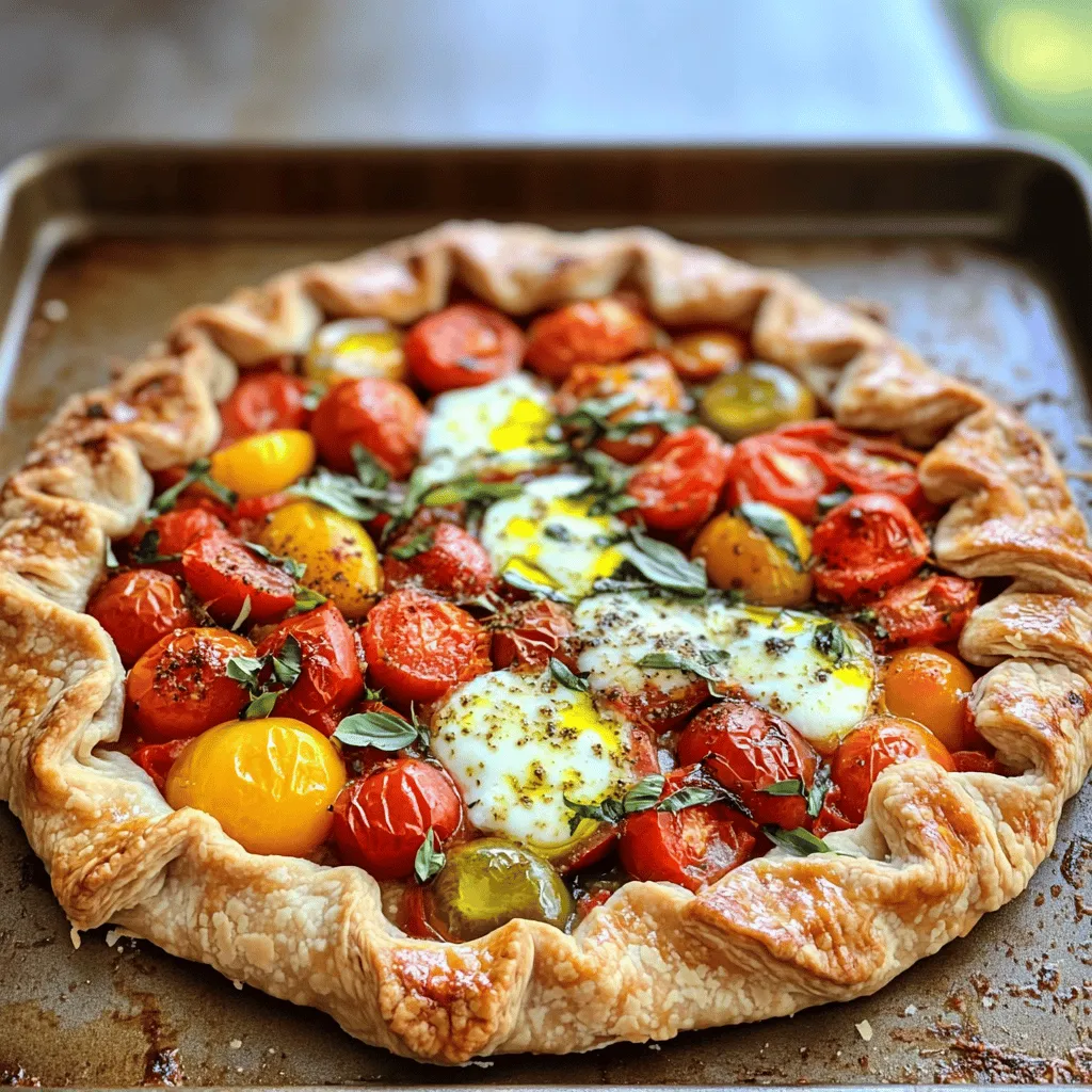 - 1 pre-made pie crust (or homemade for a personal touch) - 4-5 medium ripe tomatoes, assorted colors (such as red, yellow, and heirloom), sliced - 1 cup fresh mozzarella cheese, sliced or torn into pieces The main ingredients create a burst of flavors. The crust gives a crispy base. Fresh tomatoes bring color and taste. Mozzarella adds creaminess and richness. I love mixing different tomato types. Each one brings its own unique flavor. - 2 tablespoons Dijon mustard - 1 tablespoon extra-virgin olive oil - 1 teaspoon dried oregano - 1 teaspoon fresh basil, chopped (plus extra leaves for garnish) - 1 teaspoon garlic powder - Salt and freshly ground black pepper, to taste - 1 egg (for brushing the crust) - 1 tablespoon grated Parmesan cheese (optional, for added flavor) Seasoning makes the galette pop! Dijon mustard adds a tangy kick. Olive oil gives it a nice richness. Fresh herbs like basil and oregano enhance the taste. They make each bite more vibrant. Salt and pepper are essential for balance. If you want a golden crust, the egg wash works wonders. Parmesan adds a savory touch if you choose to use it. For the full recipe, click on the link above! - Preheat your oven to 400°F (200°C). This step is key for a crispy crust. - Roll out your pie crust on a flat surface. Aim for about 12 inches wide. This size helps fit your filling perfectly. - Spread Dijon mustard evenly in the middle of the crust. Leave a 2-inch border around the edge. This adds a nice zing. - Layer fresh mozzarella on top of the mustard. Overlap the pieces slightly for even cheese coverage. - Neatly arrange your sliced tomatoes over the mozzarella. Mix colors for an eye-catching look. - Drizzle extra-virgin olive oil on the tomatoes. Sprinkle dried oregano and garlic powder for flavor. Add salt and pepper to taste. This will boost the dish's taste. - Fold the edges of the crust over the filling. Pinch and pleat the dough for a rustic look. This helps hold in all the goodness. - Beat an egg in a small bowl and brush it over the crust. This gives a lovely golden color. - Bake the galette in your preheated oven for 30-35 minutes. It’s done when the crust is golden brown and the tomatoes are nice and bubbly. With these steps, you're on your way to a delicious tomato galette. For the complete recipe, check out the Full Recipe. Choose ripe tomatoes for the best taste. Look for tomatoes that feel heavy and firm. The skin should be smooth and free of blemishes. Heirloom tomatoes offer unique flavors. They come in many colors, adding beauty to your dish. Mixing colors makes your galette more appealing. Each variety brings its own taste, making every bite special. You can use a store-bought pie crust for ease. However, making your own crust adds a personal touch. Homemade crust gives you control over ingredients. Aim for a flaky texture by not overworking the dough. Chilling the dough helps it stay tender. Use cold water and butter to keep it flaky. Roll out the crust evenly for a beautiful base. Serve your tomato galette warm or at room temperature. Pair it with a light salad for a full meal. Consider a mix of greens, cucumbers, and a simple vinaigrette. For presentation, cut the galette into wedges. Garnish with fresh basil leaves for color. A drizzle of balsamic glaze adds a sweet touch. These tips make your dish look and taste great! You can find the Full Recipe for more details on how to make this savory delight. {{image_4}} You can change the cheese to add new flavors. Try using feta cheese for a tangy kick. Goat cheese also works well; it adds creaminess and depth. Both options create a richer taste. For a milder flavor, stick with mozzarella. Mixing cheeses can make your galette unique and delicious. Seasonal veggies bring color and taste. Think about adding zucchini or bell peppers for freshness. They work well with the tomatoes. Leafy greens like spinach can add nutrition and flavor. Just sauté them lightly before adding. This step helps keep their texture nice. Feel free to play with different vegetables based on what you have. If you need a gluten-free crust, use almond flour or gluten-free mixes. These options still taste great. You can also try a cauliflower crust for a healthy twist. This adds a nice flavor and keeps the texture light. Make sure to adjust cooking times as needed to keep it crisp. After baking your galette, let it cool for about 15 minutes. This cooling time helps keep the crust crisp. Once cooled, cover the galette with plastic wrap or foil. It can stay fresh for up to three days in the fridge. If you want to keep it even longer, you can store it in an airtight container. This way, you maintain the flavors and textures of the tomatoes and cheese. To freeze your galette, make sure it is completely cool. Wrap it tightly in plastic wrap, then place it in a freezer bag or container. This helps prevent freezer burn. The galette can last up to three months in the freezer. When you want to enjoy it again, take it out and let it thaw in the fridge overnight. For reheating, preheat your oven to 350°F (175°C). Place the galette on a baking sheet and heat for about 15-20 minutes. This will help restore its crispy crust and delicious flavor. Enjoy your savory treat just like the first time! For the full recipe, check out the Savory Tomato Galette Delight. You can store leftover Tomato Galette in the fridge for up to three days. Keep it in an airtight container to maintain its flavor and texture. If you need longer storage, freeze it for up to two months. Let it cool completely before wrapping it tightly in plastic wrap and placing it in a freezer bag. Yes, you can use different types of crust. If you need a gluten-free option, try almond flour or gluten-free pie crusts. For a flaky crust, consider puff pastry. Each option brings its own texture and flavor, so feel free to experiment. Tomato Galette pairs well with a light salad. A simple arugula salad with lemon and olive oil works great. You can also serve it with roasted vegetables or a fresh basil pesto on the side. These sides enhance the meal and add more flavor. To boost flavor, add fresh herbs like thyme or rosemary. You can also sprinkle some red pepper flakes for heat. A touch of balsamic glaze can add a sweet note. Experiment with different spices to find what you enjoy most. Yes, Tomato Galette is great for meal prep. You can make it ahead and store it in the fridge. Reheat it in the oven for a few minutes before serving. This makes it a perfect dish for busy days or entertaining friends. In this article, we covered how to make a delicious tomato galette. We discussed the main ingredients, including pie crust, tomatoes, and mozzarella. Then, we walked through step-by-step instructions for baking. You learned tips for selecting fresh tomatoes and perfecting your crust. We also shared variations and storage advice. Enjoy making this tasty dish, and don't hesitate to get creative with toppings. A tomato galette is fun to prepare and share. Keep experimenting with flavors and enjoy the process!