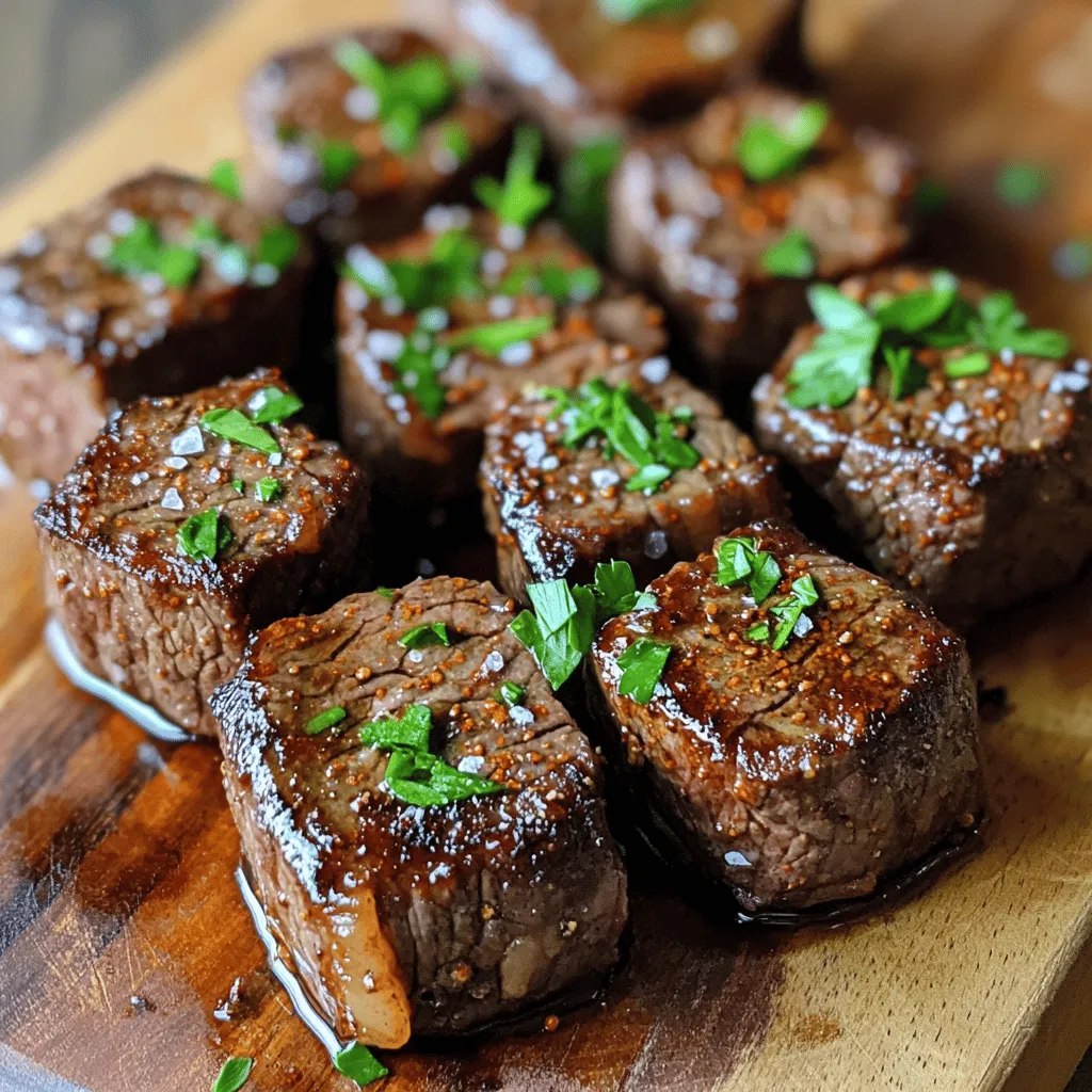 For this recipe, I recommend using sirloin or ribeye. These cuts have a good balance of fat and tenderness. The marbling in ribeye adds flavor, while sirloin gives a leaner bite. Both cuts work well in the air fryer. Cut the steak into 1-inch cubes for even cooking. These seasoning ingredients bring out the best in your steak. Here’s what you need: - 1 pound steak (preferably sirloin or ribeye), cut into 1-inch cubes - 2 tablespoons extra virgin olive oil - 2 cloves fresh garlic, minced - 1 teaspoon smoked paprika - 1 teaspoon onion powder - 1 teaspoon smoked sea salt - 1/2 teaspoon freshly ground black pepper The olive oil helps the spices stick to the meat. Garlic adds a lovely aroma. Smoked paprika gives a nice depth, while onion powder brings sweetness. The smoked sea salt and black pepper enhance the steak's natural flavor. Fresh parsley adds a pop of color and freshness. A sprinkle before serving brightens the dish. You can also serve with dipping sauces like chimichurri or garlic aioli. They enhance the flavor and make the meal even more enjoyable. For the full recipe, check the details mentioned above. Start with one pound of steak. I suggest using sirloin or ribeye. Cut the steak into one-inch cubes. Use paper towels to dry each cube. This helps remove extra moisture. Dry steak gives a better sear and a crispier crust. In a large bowl, mix two tablespoons of olive oil. Add two cloves of minced garlic. Then, add one teaspoon of smoked paprika, one teaspoon of onion powder, one teaspoon of smoked sea salt, and half a teaspoon of black pepper. Whisk everything together until it blends well. Now, add the steak cubes to the marinade. Make sure each piece is covered. Cover the bowl with plastic wrap. Let it sit at room temperature for 15 minutes. This gives time for the flavors to soak in. Preheat your air fryer to 400°F (200°C). This takes about five minutes. Once it’s hot, put the marinated steak bites in the air fryer basket. Place them in a single layer. Avoid crowding the basket. If you have too many, cook them in batches. Air fry the steak bites for 8-10 minutes. Shake the basket halfway through for even cooking. Check the doneness with a meat thermometer. For medium-rare, aim for 130°F (54°C). Adjust to your taste. After cooking, let the steak bites rest for 2-3 minutes. This helps the juices move back into the meat. Finally, sprinkle chopped parsley on top for color and freshness. For the full recipe, check out the details above. To get a nice sear on your steak bites, start with dry meat. Pat the steak cubes with paper towels before seasoning. A dry surface helps create a crispy texture. Preheat your air fryer to 400°F (200°C). This hot temperature locks in the juices and gives you that great crust. Cook in one layer to avoid steaming. If needed, do it in batches. Resting your steak bites is key for juicy meat. After cooking, let them sit for 2-3 minutes. This lets the juices move back into the meat. Cutting too soon will make the juices run out, leaving you with dry bites. Letting them rest improves the flavor and texture. A meat thermometer is your best friend. It helps you check the doneness of your steak bites. Insert it into the center of a piece. Aim for 130°F (54°C) for medium-rare. Adjust the time if you like your steak more done. This tool ensures perfect bites every time, so you won’t guess. Enjoy your savory air fryer steak bites with confidence and precision! {{image_4}} You can use many cuts for steak bites. Sirloin and ribeye are great choices. You can also try tenderloin or flank steak. Each cut offers a unique taste. Tender cuts like tenderloin cook fast. Flank steak has a more robust flavor. Just adjust your cooking time based on the cut. Experimenting with seasonings can change the flavor a lot. If you love heat, try adding cayenne pepper. For a sweet touch, add brown sugar or chili powder. You can also use herbs like thyme or rosemary for a fresh taste. Mix and match to find what you love best. How you serve your steak bites can make a big difference. You can place them on skewers for a fun touch. Serve with dipping sauces like ranch or barbecue for extra flavor. Pair your steak bites with sides like roasted veggies or mashed potatoes. You can find the full recipe for these ideas above. Enjoy your meal! After cooking your steak bites, let them cool. Place them in an airtight container. Store the container in the fridge. They stay fresh for about 3 days. To enjoy them later, just reheat. If you want to keep steak bites longer, freezing is a great option. First, let them cool completely. Next, place them in a freezer-safe bag. Squeeze out as much air as you can. You can freeze them for up to 3 months. When you’re ready, let them thaw in the fridge overnight before reheating. To reheat your steak bites, use the air fryer for the best results. Preheat your air fryer to 350°F (175°C). Place the steak bites in a single layer. Heat for about 5-7 minutes. This method keeps them juicy and tasty. You can also use a microwave, but they won’t be as crispy. Just heat in 30-second intervals until warm. For detailed steps, check the Full Recipe. You can check steak bites by using a meat thermometer. Aim for 130°F for medium-rare. If you prefer it more cooked, go for 140°F for medium. The outside should look nice and browned. When they rest, the juices will stay in the meat. Yes, you can! You can grill, pan-sear, or broil steak bites. Grilling adds a smoky flavor. Pan-searing gives a great crust. Broiling is quick and works well too. Just remember to adjust the cooking time. Each method will give you a different taste and texture. Steak bites go well with many sides. Here are some tasty options: - Garlic mashed potatoes - Roasted vegetables - Creamy coleslaw - Crisp green salad - Grilled corn on the cob These choices add color and flavor to your meal. They also balance the richness of the steak. Enjoy your savory air fryer steak bites with these great sides! For the full recipe, check out the section above. This guide covers all you need for perfect air fryer steak bites. We explored meat selection, seasoning, and garnishes for flavor. The step-by-step instructions help you prepare, marinate, and air fry with ease. Tips to achieve the perfect sear and proper resting are crucial. You have options for different cuts, seasoning, and serving suggestions. Lastly, I shared storage and reheating tips to enjoy leftovers. Follow these tips, and you’ll impress everyone with your cooking!