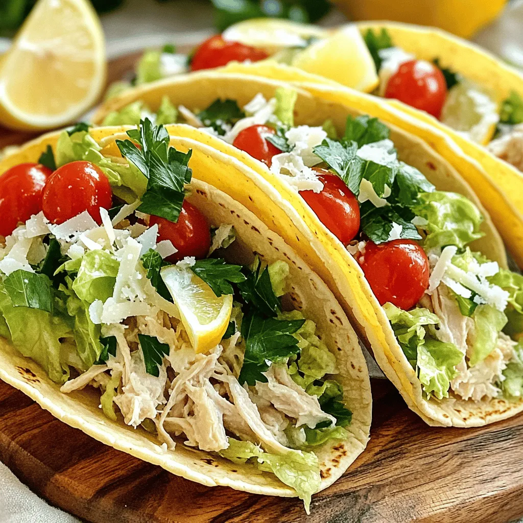 - 2 boneless, skinless chicken breasts - 1 tablespoon extra virgin olive oil - 1 teaspoon garlic powder - 1 teaspoon onion powder - Salt and freshly ground pepper to taste To make the Smash Chicken Caesar tacos, start with the chicken. I love using boneless, skinless chicken breasts. They cook quickly and are easy to shred. Coat the chicken with olive oil, garlic powder, onion powder, salt, and pepper. This simple blend gives the chicken great flavor. - 1 cup romaine lettuce, finely chopped - ½ cup cherry tomatoes, halved - ½ cup creamy Caesar dressing - ½ cup freshly grated Parmesan cheese - Fresh parsley, finely chopped (for garnish) Fresh toppings make this dish shine. I use romaine lettuce for crunch and cherry tomatoes for sweetness. The creamy Caesar dressing adds richness. Don’t forget the Parmesan cheese; it brings a salty bite. Finish with fresh parsley for color and taste. - 8 small corn tortillas - Alternatives for tortillas For the tortillas, I recommend small corn ones. They hold the fillings well. You can warm them on the grill or in a pan. If you want alternatives, try flour tortillas or lettuce wraps for a low-carb option. Check the [Full Recipe] for all the details. First, preheat your grill or stovetop grill pan to medium-high heat. This step is key to getting a nice sear on the chicken. Next, take your chicken breasts and place them in a mixing bowl. Drizzle one tablespoon of extra virgin olive oil over the chicken. Then, season the chicken with one teaspoon each of garlic powder and onion powder. Finally, add salt and freshly ground pepper to taste. Make sure every piece is evenly coated. Now it’s time to cook the chicken. Place the seasoned chicken on the grill. Cook each side for about 6 to 7 minutes. You want the chicken to reach an internal temperature of 165°F (75°C). Once it’s done, transfer the chicken to a plate and let it rest for about 5 minutes. Resting helps the chicken retain its juices, making it tender and juicy. After resting, use two forks to shred the chicken into bite-sized pieces. This is where the fun begins! Give the chicken a good smash to create those perfect shreds. In a separate bowl, mix the shredded chicken with half a cup of creamy Caesar dressing. Make sure every piece is coated well. Next, warm eight small corn tortillas on the grill or in a skillet for about 30 seconds on each side. They should be soft and pliable, not crisp. To assemble your tacos, place a warm tortilla on a plate. Add a generous scoop of the chicken mixture. Top it with chopped romaine lettuce, halved cherry tomatoes, and a sprinkle of freshly grated Parmesan cheese. Garnish with finely chopped parsley for a lovely touch. Enjoy your Smash Chicken Caesar Tacos! For the complete recipe, check the Full Recipe. To cook chicken breasts evenly, start by using a flat surface. Pound them to an even thickness. This helps the chicken cook at the same rate. I like to use a meat mallet for this step. To check if the chicken is done, you need a meat thermometer. The internal temperature should reach 165°F (75°C). If you don’t have a thermometer, cut into the thickest part. The meat should be white, not pink. For soft tortillas, warm them on the grill or in a pan. Heat them for about 30 seconds on each side. This method keeps them soft and tasty. You can also wrap them in foil and heat them in the oven. If you want alternatives, consider flour tortillas or lettuce wraps. These options can change the flavor and texture of your tacos. You can adjust the Caesar dressing to fit your taste. Add more or less to make it creamier or tangier. I love adding a splash of lemon juice for extra brightness. For toppings, think beyond the basics! Try sliced avocado, jalapeños, or crumbled bacon. These extras can make your tacos even more delicious. You can find the Full Recipe for more ideas. {{image_4}} You can mix up the protein in your Smash Chicken Caesar Tacos. Grilled shrimp or tofu work well if you want something different. They add a unique taste while remaining light and fresh. If you enjoy pulled pork, use it as a substitute. Just ensure the pork is tender and shredded. This creates a rich, savory flavor that pairs nicely with Caesar dressing. If you need gluten-free options, corn tortillas are great. They hold the filling well while adding a nice crunch. For vegans, try plant-based chicken or chickpeas. You can make a creamy dressing using cashews or tahini, which tastes amazing. These options help everyone enjoy the deliciousness of tacos! Want to add some kick? Toss in jalapeños or sliced chili peppers. They bring a fun heat that contrasts with the creamy dressing. You can also experiment with different dressings. Try ranch or a spicy chipotle sauce. This lets you customize flavors to suit your taste. The options are truly endless! For the full recipe, check the link and dive into making your own Smash Chicken Caesar Tacos! To store your leftover tacos, wrap them in foil or place them in an airtight container. Keep them in the fridge. This helps keep the tortillas soft. For the chicken, remove it from the tacos. Place it in a separate container. This keeps the chicken fresh and prevents sogginess. When ready to eat, reheat your tacos on low heat. Use a skillet to warm them gently. This keeps the tortillas soft and tasty. If the chicken seems dry, add a bit of water or extra dressing. This will help rehydrate the chicken and keep it juicy. You can freeze the chicken and toppings for later. Place the chicken in a freezer-safe bag. Make sure to remove excess air. For toppings, freeze them separately in small bags. When you’re ready to use them, thaw everything in the fridge overnight. This way, your ingredients stay fresh and full of flavor. To grill chicken for tacos, start with boneless, skinless breasts. Rub them with olive oil, garlic powder, onion powder, salt, and pepper. Preheat your grill to medium-high heat. Grill the chicken for 6-7 minutes on each side. It should reach 165°F (75°C). Let it rest for 5 minutes before shredding. This method keeps the chicken juicy and flavorful. Yes, you can prepare many ingredients ahead of time. You can grill the chicken a day in advance and store it in the fridge. Chop the romaine and tomatoes earlier too. Keep the Caesar dressing separate until you are ready to serve. This will save time and help keep everything fresh. To spice up your tacos, add sliced jalapeños or hot sauce to the chicken mix. You can also use a spicy Caesar dressing if you prefer. Another option is to sprinkle crushed red pepper flakes over the tacos before serving. This will add a nice kick without overwhelming the dish. These tacos pair well with simple sides. Consider serving them with a fresh salad or corn on the cob. You can also offer tortilla chips and salsa for a crunchy side. For drinks, cold lemonade or iced tea complements the flavors nicely. Yes, there are many non-dairy options for Caesar dressing. Look for brands that use cashews or tofu as a base. You can also make your own using vegan mayo, lemon juice, and nutritional yeast. These alternatives taste great and will keep your tacos creamy and delicious. In this post, we explored how to make Smash Chicken Caesar Tacos. You learned about essential ingredients, step-by-step cooking, and tasty variations. These tacos are simple yet satisfying. Remember, you can easily customize them to fit your taste. Use different proteins or sauces for unique twists. Store leftovers properly for future enjoyment. With these tips, you can enjoy fantastic tacos every time. Get ready to impress your friends and family with delicious flavors!