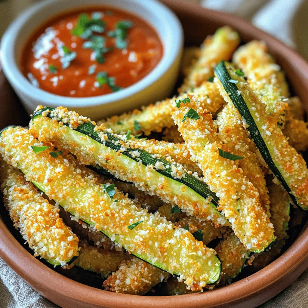 - 2 medium zucchinis - 1 cup panko bread crumbs - 1/2 cup finely grated Parmesan cheese - 1 teaspoon garlic powder - 1 teaspoon onion powder - 1/2 teaspoon smoked paprika - 1/4 teaspoon freshly ground black pepper - 1/4 teaspoon sea salt - 1/2 cup all-purpose flour - 2 large eggs, beaten - Olive oil spray To make these crispy zucchini fries, start with fresh zucchinis. The size matters. Choose medium ones, as they provide the best texture. Next, gather your ingredients. Panko bread crumbs give a crunchy bite. Parmesan adds a tasty, salty flavor that pairs perfectly with zucchini. Don’t forget your spices! Garlic powder and onion powder enhance the flavor, while smoked paprika adds a hint of smokiness. Black pepper and sea salt round it all out. You will also need all-purpose flour and beaten eggs for the coating process. The flour helps the coating stick, while the eggs bind everything together. Lastly, olive oil spray is key for achieving that golden crispiness. - Baking sheet - Parchment paper - Shallow bowls for dredging Using the right tools makes cooking much easier. A baking sheet holds the fries while they bake. Lining it with parchment paper prevents sticking and makes cleanup simple. Shallow bowls help with dredging. You want to coat the zucchini evenly. Having separate bowls for flour, eggs, and the panko mixture keeps things organized. This setup speeds up the cooking process. For the full recipe, check out the detailed instructions provided above. Enjoy making your extra crispy oven baked Parmesan zucchini fries! Set your oven to 425°F (220°C). Preheating helps the fries bake evenly and get crispy. Cut the zucchinis into fry-shaped sticks. Aim for each stick to be about 1/4 inch thick. This size ensures they cook evenly. Uniform cuts make for great texture and taste. In a shallow bowl, mix together the panko bread crumbs, Parmesan cheese, garlic powder, onion powder, smoked paprika, black pepper, and sea salt. Stir well. This blend gives the fries a tasty crunch. Set up a dredging station for easy coating. Place all-purpose flour in one bowl, beaten eggs in a second bowl, and your panko mixture in the third. Now, take a zucchini fry. First, coat it in the flour, shaking off the extra. Next, dip it in the beaten eggs, letting any excess drip back. Finally, roll it in the panko mix. Press gently to help the coating stick. Place the coated zucchini fries on the lined baking sheet. Ensure they are in a single layer without touching. This spacing helps each fry crisp up nicely. Lightly spray the tops with olive oil spray. This step is key for a golden, crispy finish. Bake the fries in the preheated oven for 20-25 minutes. Flip them halfway to ensure even cooking. They should turn golden brown and crisp—just like you want! For the full recipe, refer to the earlier sections. Enjoy your cooking! To get your zucchini fries extra crispy, start with olive oil spray. This spray coats the fries evenly and helps them brown nicely. It’s key to achieving that crunchy texture you want. Another tip is to position your oven rack in the center. This allows for even heat flow, ensuring all sides of the fries cook perfectly. Serve these fries with dips like marinara or ranch. Both add great flavor and enhance the dish. You can also garnish your plate with fresh parsley. This adds a pop of color and a bit of freshness to your meal. One mistake is overcrowding the baking sheet. If the fries touch, they won’t crisp up well. Make sure to give them space. Another error is not preheating the oven. Always preheat to ensure the fries cook evenly from the start. Following these tips can help you make perfect zucchini fries every time! {{image_4}} You can spice up your zucchini fries easily. Add cayenne pepper for a kick. Just a pinch will do if you want mild heat. You can also mix in Italian herbs, like oregano or basil. This gives the fries a nice, savory taste. Try these variations to keep the flavor fresh! If you need a gluten-free option, swap regular breadcrumbs for gluten-free ones. They still give great crunch. For those who follow a vegan diet, use flax eggs instead of real eggs. You can also use nutritional yeast in place of Parmesan cheese. These swaps keep the fries tasty for everyone! Zucchini is great, but you can also try other veggies. Sweet potatoes make a sweet and crunchy fry. Just cut them like zucchini. Eggplant can also work well. It has a unique flavor and texture. You can enjoy these variations while sticking to the same baking method. To keep your zucchini fries fresh, use airtight containers. Glass containers work well. You can also use plastic ones but make sure they seal tightly. Store them in the fridge. They stay good for about 3 days. If you want to eat them later, consider freezing. To keep your fries crispy, the oven is best. Preheat your oven to 375°F (190°C). Place the fries on a baking sheet in a single layer. Heat them for about 10-15 minutes. This method helps restore their crunch. You can also use an air fryer for a quick reheat. To freeze your zucchini fries, first, let them cool completely. Then, place them in a single layer on a baking sheet. Freeze for about 1-2 hours until solid. Once frozen, transfer them to a freezer bag or container. Squeeze out as much air as possible before sealing. For reheating, bake them straight from the freezer at 425°F (220°C) for 25-30 minutes. This gives you that fresh-out-of-the-oven taste again. To make zucchini fries extra crispy, follow these tips: - Use panko bread crumbs. They are lighter and crunchier than regular bread crumbs. - Spray the fries with olive oil before baking. This step adds flavor and helps with browning. - Bake at a high temperature, around 425°F (220°C). This keeps the fries crisp. - Make sure the fries don’t touch on the baking sheet. This allows hot air to circulate. Yes, you can use other cheeses. Here are some great alternatives: - Mozzarella gives a mild flavor and great melt. - Cheddar adds a sharp taste and nice color. - Asiago or Pecorino Romano can add a nice kick. Test different cheeses to find your favorite flavor! Zucchini fries last about 3 to 4 days in the fridge. Store them in an airtight container. Always check for freshness before eating. If they smell off or look strange, discard them. Zucchini fries have some health benefits. They are low in calories and high in fiber. Zucchini is a good source of vitamins A and C. The baking method uses less oil than frying, making it a healthier choice. You can adapt this recipe for an air fryer! Here’s how: - Preheat your air fryer to 400°F (200°C). - Prepare the zucchini fries the same way. - Place them in a single layer in the air fryer basket. - Cook for about 12-15 minutes, shaking the basket halfway through. This method gives you a great crunch without needing much oil! For the full recipe, see the section above. We covered everything you need to make great zucchini fries. You learned about the ingredients, tools, and step-by-step instructions. I shared helpful tips for crispiness and serving ideas. Remember to avoid common mistakes, like overcrowding your baking sheet. Feel free to try new flavors or use other veggies for variety. With proper storage, you can enjoy leftovers too. Now, you are ready to impress others with this tasty dish! Enjoy every bite!