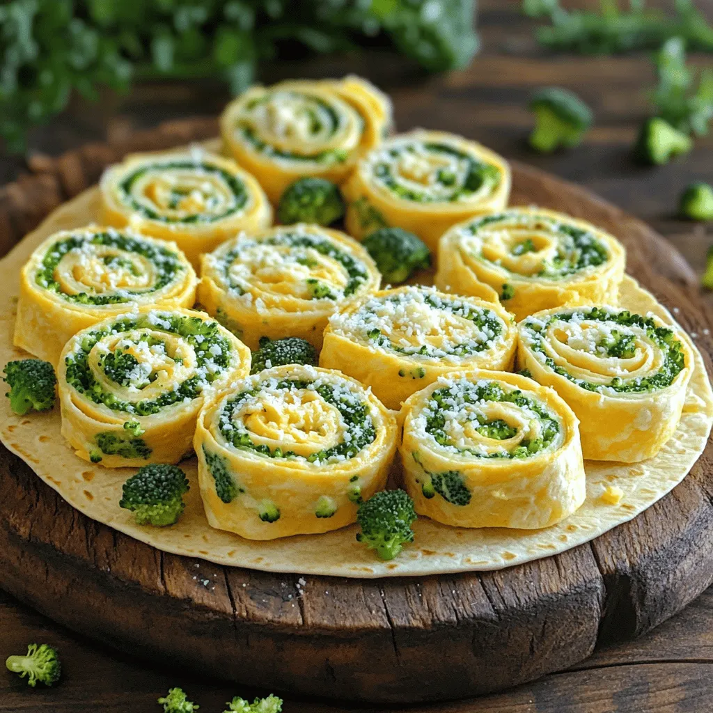 - Fresh broccoli florets - Sharp cheddar cheese - Cream cheese The main ingredients give these pinwheels their rich flavor and bright color. Fresh broccoli florets add a crunchy texture, making them fun to eat. Sharp cheddar cheese brings a bold, cheesy taste. Cream cheese makes the filling smooth and creamy. Together, these ingredients create a tasty mix that pairs well with the tortilla. - Shredded carrots - Olive oil for brushing You can add shredded carrots for extra crunch and color. They also boost nutrition. Brushing the pinwheels with olive oil before baking gives them a nice, golden finish. This step enhances the flavor and helps them get crispy. - Garlic powder - Salt and pepper Seasoning is key to great taste. Garlic powder adds a savory flavor that lifts the dish. A pinch of salt and freshly ground pepper balances all the ingredients. These simple seasonings let the flavors shine through without overpowering the dish. For the full recipe, check out the [Full Recipe]. 1. Preheat the oven and prepare the baking sheet Start by preheating your oven to 375°F (190°C). This step is key to getting a nice, crispy finish on your pinwheels. Line a baking sheet with parchment paper. This will help the pinwheels not stick and make clean up easy. 2. Steam the broccoli florets Take your fresh broccoli florets and chop them finely. Place them in a steaming pot. Steam the broccoli for about 3-4 minutes until they turn bright green and are just tender. After steaming, let them cool for a bit. 1. Combine cream cheese, cheddar, and Parmesan In a mixing bowl, add softened cream cheese, shredded sharp cheddar, and grated Parmesan cheese. Make sure your cream cheese is at room temperature. This helps in mixing everything smoothly. 2. Mix in steamed broccoli and optional ingredients Gently fold the cooled steamed broccoli into the cheese mixture. If you want extra crunch, add shredded carrots now. Ensure all the broccoli is coated in the cheese blend. 1. Spread the mixture on the tortilla Lay your tortilla flat on a clean surface. Use a spatula to spread the cheesy broccoli mixture evenly across the entire tortilla. Don’t leave any gaps! 2. Roll and slice the tortilla into pinwheels Start rolling the tortilla from one end to the other, keeping it tight. Once rolled, use a sharp knife to slice the tortilla into 1-inch thick pinwheels. Aim for about 12-15 pieces. 1. Arrange pinwheels on the baking sheet Place your pinwheels on the prepared baking sheet. Make sure there is space between each piece. This helps them cook evenly. 2. Bake and cool before serving Brush the tops with a little olive oil for added flavor. Bake in the oven for 10-12 minutes until the cheese melts and the edges are golden. After baking, let them cool for a few minutes. Serve warm for the best taste. For the full recipe, check out the details above. Enjoy your delicious Broccoli Cheese Pinwheels! To make sure your pinwheels cook evenly, use a preheated oven at 375°F. This hot oven helps the cheese melt and the tortilla brown nicely. Place the pinwheels on a baking sheet with parchment paper. This step keeps them from sticking and makes cleanup easy. When rolling the tortillas, start tightly at one end. This keeps the filling inside and helps the pinwheels hold their shape. If they are loose, the filling may spill out while baking. Use a sharp knife to slice them evenly into 1-inch pieces. This size allows each bite to be filled with delicious flavors. For a beautiful presentation, serve your pinwheels on a wide platter. Arrange them in a circle or fan shape for visual appeal. You can also stack them for a fun, layered look. Garnish your pinwheels with a sprinkle of fresh herbs, like parsley or basil. Add a few fresh broccoli florets for color. These small touches make the dish look fresh and inviting. To kick up the flavor, consider adding spices or herbs to the cheese mix. A dash of paprika or crushed red pepper can add a spicy kick. Fresh herbs like dill or chives can also brighten up the taste. You can explore different cheese combinations too. Try using mozzarella for a stretchy texture or feta for a tangy twist. Mixing cheeses can create a unique flavor profile that makes your pinwheels stand out. For the full recipe, check out the Cheesy Broccoli Delight Pinwheels. {{image_4}} You can switch up the veggies in your pinwheels. Try using spinach or bell peppers. Both add nice colors and flavors. Spinach gives a fresh taste, while bell peppers bring sweetness. You can mix them with broccoli for a fun twist. Just chop them small, like the broccoli. This way, they blend well with the cheese. If you need gluten-free choices, use gluten-free tortillas. They come in many flavors and can taste great too. Look for ones made from rice or corn. These will hold your filling just as well. Make sure to read the label to ensure they meet your needs. You won’t lose any flavor by going gluten-free. Different cheeses can change the whole taste of your pinwheels. Try mixing mozzarella for a milder flavor or pepper jack for a spicy kick. You can even use a blend of cheeses. This gives each bite a unique flavor. Mixing cheeses can surprise your taste buds and make this snack even more fun. To keep your broccoli cheese pinwheels fresh, store them in the fridge. Place them in an airtight container. They will stay tasty for 3 to 4 days. Make sure they cool down before sealing the container. This helps prevent moisture build-up. You can freeze pinwheels before or after baking. If freezing before baking, wrap them tightly in plastic wrap. Place them in a freezer-safe bag. They can stay good for up to 3 months. For freezing after baking, let them cool first. Then, wrap them and store in a bag. This way, they will retain their flavor and texture. Reheat your pinwheels for the best taste and texture. The oven works great for this. Preheat the oven to 350°F (175°C). Place the pinwheels on a baking sheet. Heat them for about 10-12 minutes. If you're in a hurry, you can use the microwave. Heat them in short bursts of 15-20 seconds. Just watch to avoid sogginess. Enjoy your delicious snack warm! Yes, you can prepare these pinwheels ahead of time. Simply follow the recipe steps up to slicing the rolled tortilla. Wrap the log tightly in plastic wrap. You can store it in the fridge for up to 24 hours. When you are ready to bake, slice and bake as directed. This saves time on busy days and makes delicious snacks ready to go. These pinwheels can last for about 3 to 4 days in the fridge. Store them in an airtight container to keep them fresh. If you notice any moisture, place a paper towel inside the container. This helps absorb extra moisture and keeps the pinwheels crisp. There are many great dips for these tasty pinwheels. Here are some options: - Ranch dressing adds a creamy, herby flavor. - Marinara sauce gives a nice, tangy contrast. - Garlic aioli offers a rich and savory touch. - Hummus brings a nice, nutty flavor. Feel free to try different dips to find your favorite combination. Enjoy experimenting with flavors! Broccoli cheese pinwheels are a fun and tasty treat. We covered the main ingredients like broccoli, sharp cheddar, and cream cheese. Optional additions like carrots can add extra flavor. I shared a step-by-step guide on preparation, assembly, and baking. You can even customize them with different veggies and cheeses. For storage, I gave tips on refrigerating, freezing, and reheating. Enjoy these pinwheels for any occasion! They are delicious and easy to make.
