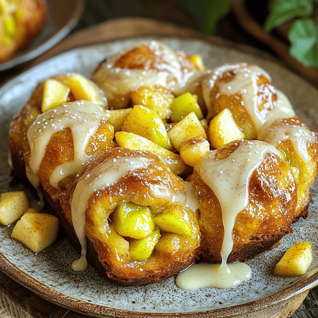 To make this delicious Apple Fritter Monkey Bread, you will need the following ingredients: - 2 cups all-purpose flour - ½ cup granulated sugar - 1 tablespoon baking powder - 1 teaspoon ground cinnamon - ½ teaspoon salt - ⅔ cup whole milk - ¼ cup unsalted butter, melted and slightly cooled - 1 large egg, beaten - 2 cups Granny Smith apples, peeled and diced - 1 teaspoon pure vanilla extract - ½ cup light brown sugar, packed - ½ teaspoon ground nutmeg - 1 tablespoon fresh lemon juice - 1 cup powdered sugar - 2 tablespoons milk (for icing) You can adjust some ingredients based on your needs: - Flour: Use whole wheat flour for a healthier twist. - Sugar: Coconut sugar works well if you want a lower glycemic option. - Milk: Almond or oat milk can replace whole milk for dairy-free versions. - Butter: Use coconut oil for a dairy-free alternative. - Apples: Any tart apple variety works, like Fuji or Honeycrisp. These substitutions keep the integrity of the dish while catering to dietary needs. Choosing fresh, high-quality ingredients is key to great flavor. Fresh apples deliver crispness and sweetness. Quality flour ensures the dough has the right texture. Using pure vanilla extract enhances the overall taste. If you use good ingredients, your monkey bread will taste amazing. You can find the full recipe to guide you through this delightful treat. First, gather all your ingredients. You will need flour, sugar, baking powder, cinnamon, salt, milk, butter, egg, apples, vanilla, brown sugar, nutmeg, lemon juice, powdered sugar, and extra milk for icing. Preheat your oven to 350°F (175°C) and grease a bundt pan well. This helps the monkey bread come out easily after baking. Next, prepare the apples. Take diced Granny Smith apples and toss them with lemon juice, brown sugar, and nutmeg. Let this mix sit for about 10-15 minutes. This waiting time helps the apples soak up flavors, making them taste even better. In a large bowl, mix the dry ingredients: flour, granulated sugar, baking powder, cinnamon, and salt. Stir well with a whisk until everything is combined. In another bowl, whisk together the wet ingredients: milk, melted butter, beaten egg, and vanilla extract. Make sure the butter is cooled so it does not cook the egg. Now, combine the wet and dry mixes. Slowly pour the wet mix into the dry mix. Use a spatula to stir gently. Do not overmix; a few lumps are okay. Once mixed, take small pieces of dough, about the size of a golf ball. Flatten each piece in your hand. Place a spoonful of the apple mixture in the center, then wrap the dough around it and roll it into a ball. Repeat this until all dough and apples are used. Place these balls in the greased bundt pan, layering them evenly. Now, put the pan in the oven and bake for 30-35 minutes. Watch for a golden brown top. To check if it's done, insert a toothpick into the center; it should come out clean. After baking, let the monkey bread cool in the pan for about 10 minutes. This is important to ensure it holds its shape. Carefully invert the pan onto a serving platter. For icing, whisk together powdered sugar and 2 tablespoons of milk until smooth. While the monkey bread is still warm, drizzle the icing on top and let it soak into the cracks. This adds a sweet finish to the dish. Serve the warm apple fritter monkey bread on a large plate. A sprinkle of cinnamon or some diced apples makes it look extra special. Enjoy the warm, sweet flavors! For the full recipe, you can check out the section above. Making monkey bread can be simple, but some mistakes can ruin it. Here are a few to watch out for: - Overmixing the Dough: Mixing too much makes the bread dense. Stir just until combined. - Not Greasing the Pan: A well-greased pan helps the bread come out easily. Don’t skip this step! - Skipping the Apple Soaking: Letting the apples sit in lemon juice and spices is key. It adds flavor and keeps them from browning. You want your monkey bread to be soft and fluffy. Here’s how to get that perfect texture: - Use Room Temperature Ingredients: Make sure your milk and eggs are at room temperature. This helps the batter mix better. - Don’t Overbake: Check the bread at 30 minutes. It should be golden brown but not dry. - Cool It Right: Let the bread cool in the pan for 10 minutes. This helps it hold its shape. Serving monkey bread can be fun and creative. Here are some ideas: - Serve Warm: Warm monkey bread tastes best. It’s soft and gooey, perfect for sharing. - Add Extra Toppings: A sprinkle of cinnamon or nuts on top adds texture and flavor. - Pair with Ice Cream: A scoop of vanilla ice cream makes for a tasty treat. The warm bread and cold ice cream contrast perfectly. For the full recipe, check out the complete guide on how to make this delightful dish! {{image_4}} You can have fun with the classic apple fritter monkey bread. Try adding caramel sauce for a rich flavor. Mix in some chopped pecans for crunch. If you like spice, a dash of cayenne can add warmth. These small changes can really change the taste. Think beyond apples! You can use pears or peaches instead. For a berry twist, mix in blueberries or raspberries. If you crave chocolate, add mini chocolate chips. These fillings can surprise your taste buds and make this dish your own. Use fresh spices for an extra kick. In fall, try adding pumpkin spice or ginger. In winter, mix in some orange zest for brightness. In summer, fresh berries bring a burst of flavor. Each season offers new chances to make this dish special. For the full recipe, check out the [Full Recipe] link. To store leftover apple fritter monkey bread, let it cool first. Place it in an airtight container. This keeps it fresh for up to three days. You can also wrap it tightly in plastic wrap. This method works well if you want to keep it for a longer time. Reheating is key to enjoying your apple fritter monkey bread again. Preheat your oven to 350°F (175°C). Place the monkey bread on a baking sheet. Heat it for about 10-15 minutes. This helps restore its warm, soft texture. You can also use the microwave. Just heat it for 15-20 seconds. It won't be as crispy but will still taste great. If you want to freeze your monkey bread, wrap it tightly in plastic wrap. Then, place it in a freezer-safe bag. Make sure to remove as much air as possible. This keeps it fresh for up to three months. To enjoy it later, thaw it overnight in the fridge. Reheat it in the oven for best results. You’ll love having this treat ready whenever you want! For the full recipe, check out the detailed instructions above. Apple Fritter Monkey Bread can last up to three days when stored properly. Keep it in an airtight container at room temperature. If you want to store it longer, you can refrigerate it. Just remember, the texture may change slightly after a day or two. Yes, you can make this recipe ahead of time! Prepare the dough and apple filling, then assemble the monkey bread in the bundt pan. Cover it with plastic wrap and place it in the fridge for up to 24 hours. When you're ready, bake it straight from the fridge. You might need to add a few extra minutes to the baking time. Apple Fritter Monkey Bread pairs well with various sides. Here are some ideas: - A scoop of vanilla ice cream for a creamy touch. - Fresh whipped cream to add a light sweetness. - A side of coffee or tea for a warm drink. - Extra cinnamon or caramel sauce for drizzling on top. For more details, check the Full Recipe. Enjoy the fun of pulling apart this tasty treat! In this article, we explored the joys of making Apple Fritter Monkey Bread. We covered essential ingredients, tips for baking, and methods to elevate its flavor. Remember, using quality ingredients makes a big difference. Avoid common mistakes for the best texture. You can also add fun variations to keep things interesting. Store leftovers properly to enjoy them later. This recipe is simple and delicious. Enjoy your baking journey and share it with friends for a tasty treat!