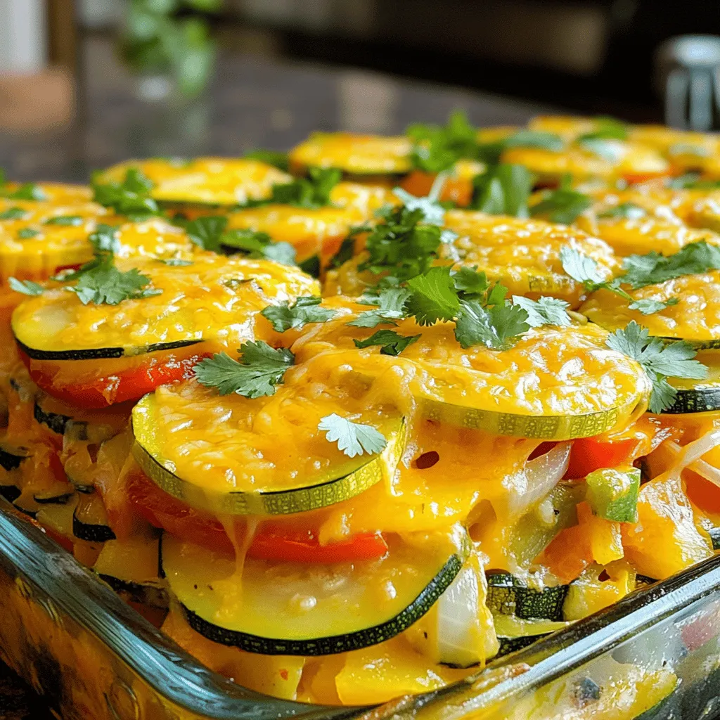 - Zucchini and Yellow Squash I love using zucchini and yellow squash in this dish. They add a nice texture. Their mild flavor lets the other ingredients shine through. - Diced Bell Peppers and Onions Diced bell peppers bring color and crunch. I use red, green, or yellow for a vibrant look. The onions add sweetness and depth to the mix. - Cheeses and Eggs The cheese melts beautifully, creating a creamy taste. I often use cheddar for its sharp flavor. Eggs bind the casserole, making it rich and filling. - Ground Cumin and Smoked Paprika Ground cumin gives warmth to the dish. Smoked paprika adds a hint of smokiness. These spices make the casserole pop with flavor. - Chili Powder, Salt, and Pepper Chili powder brings heat, but you can adjust it. Salt enhances all the flavors. Black pepper adds a nice kick that complements the dish. - Fresh Cilantro or Parsley Fresh herbs add color and brightness. I like cilantro for its bold taste, but parsley works too. It makes the dish look fresh and inviting. - Additional Cheese for Topping Topping the casserole with more cheese creates a bubbly crust. It adds extra flavor and richness. You can never have too much cheese! For the full recipe, check out the detailed instructions. 1. Preheat Oven and Prepare the Skillet Start by preheating your oven to 375°F (190°C). This ensures a nice bake. While your oven heats, grab a large skillet and add a splash of olive oil. 2. Sauté Onions and Garlic Heat the skillet over medium heat. Add the finely diced onion and minced garlic. Sauté for about 3-4 minutes. You want the onions to turn clear and fragrant. 3. Add Bell Peppers and Squash Next, toss in the diced bell peppers. Cook for an additional 2-3 minutes. Stir occasionally until they soften. Then, add in the sliced zucchinis and yellow squash. Cook for about 5-6 minutes until they are just tender but still colorful. 4. Mix Eggs and Cream with Seasonings In a large bowl, whisk together the eggs and heavy cream. Ensure they mix well. Then, add the diced tomatoes, ground cumin, smoked paprika, chili powder, salt, and black pepper. Mix thoroughly for even seasoning. 5. Transfer to Casserole Dish and Top with Cheese Gently fold the sautéed veggies into the egg mixture. Add half of the shredded cheddar cheese, mixing well. Now, transfer this mixture into a greased 9x13 inch casserole dish. Spread it evenly. Top with the remaining shredded cheese for a cheesy crust. 6. Determine Baking Time and Temperature Place the casserole in the oven. Bake for 25-30 minutes. Look for the cheese to bubble and turn golden brown. This means your dish is ready to enjoy! For the full recipe and more details, check the [Full Recipe]. To get the best texture in your casserole, avoid overcooking your veggies. Cook them just until they are tender but still firm. This keeps their color bright and their taste fresh. For cheese, I recommend using a mix of cheddar and Monterey Jack. Cheddar gives a strong flavor, while Monterey Jack adds creaminess. Mixing these will make your dish rich and tasty. You can boost flavor by adding spices and fresh herbs. Try using cumin and smoked paprika for warmth. Fresh cilantro or parsley adds a nice touch, too. If you prefer more heat, adjust the chili powder to fit your taste. Start with one teaspoon, then add more if you want extra spice. When serving, consider offering individual portions. This makes it easy for guests to enjoy. Garnish with fresh herbs, and maybe add a dollop of sour cream or avocado. For a pretty look, arrange the casserole with a sprinkle of additional cheese on top. This can create an inviting golden crust that draws people in. {{image_4}} Gluten-Free Options This Tex-Mex Keto squash casserole is naturally gluten-free. Use fresh ingredients and avoid any processed sauces that may contain gluten. Check labels when buying cheese or other packaged items. Dairy-Free Alternatives For a dairy-free option, swap the cheese and cream. Use almond milk or coconut milk instead of heavy cream. Nutritional yeast can add a cheesy flavor. Vegan cheese works well, too. Other Vegetables to Include Feel free to mix in other vegetables. Spinach, mushrooms, or cauliflower can add great flavor and nutrients. Just chop them small so they cook evenly. Using Different Cheeses You can experiment with different cheeses. Monterey Jack or pepper jack adds a nice kick. Cream cheese can add a creamy texture. Try a blend for extra flavor. Incorporating Different Spices Add more spices to make it your own. Cumin and coriander can enhance the flavor. A pinch of cayenne pepper adds heat for spice lovers. Adding Protein Options For more protein, add cooked ground beef or turkey. Shredded chicken is also a great choice. This makes the dish heartier and more filling. You can explore more options and find the Full Recipe for detailed steps on making this delicious dish. Enjoy experimenting with your Tex-Mex Keto squash casserole! To store your Tex-Mex Keto Squash Casserole, let it cool first. Use an airtight container. Place it in the fridge within two hours of cooking. This keeps it fresh and safe. - How Long Can It Last? In the fridge, the casserole lasts about 3 to 5 days. Always check for any signs of spoilage before eating. If it looks or smells off, throw it away. You can freeze the casserole for later. Cut it into portions for easy use. Wrap each piece tightly in plastic wrap. Then, place them in a freezer bag. - Tips for Freezing and Reheating Make sure to label your bags. Note the date and contents. When you want to eat it, take it out of the freezer. Let it thaw in the fridge overnight for best results. - Best Practices for Maintaining Flavor To keep flavors fresh, avoid freezing with toppings. You can add fresh cheese when you reheat it. When it's time to enjoy your casserole, you have options. You can use the oven or the microwave. - Oven vs. Microwave For the oven, preheat it to 350°F (175°C). Put the casserole in for about 20 to 25 minutes. This method keeps the texture nice and firm. If using the microwave, heat it in bursts of one to two minutes. Stir in between to warm it evenly. - Maintaining Texture and Flavor If you use the microwave, cover it lightly with a paper towel. This helps keep moisture in. If using the oven, you can cover it with foil to avoid drying out. Enjoy your tasty meal again! You can easily make this casserole vegetarian. Just leave out the eggs and cream. For a vegan option, use plant-based alternatives. Replace the heavy cream with coconut milk or cashew cream. Use a vegan cheese that melts well. You can also add more veggies, like mushrooms or spinach, for added flavor and texture. Yes, using pre-cooked ingredients can save time. You can find pre-cooked squash or bell peppers in stores. Just make sure they are not overly soft. If you use canned tomatoes, drain them well to avoid excess moisture. Adjust your cooking time, as pre-cooked items may need less time in the oven. Pair this casserole with a simple salad for freshness. A side of avocado slices adds creaminess. You can also serve it with a dollop of sour cream or guacamole. For drinks, try a light beer or a refreshing iced tea. These sides enhance the Tex-Mex flavors and make for a complete meal. You can find the Full Recipe with detailed instructions and tips online. This blog post shared a simple recipe for a delicious Tex-Mex keto squash casserole. We covered the main ingredients like zucchini, bell peppers, and cheeses. I provided step-by-step cooking tips to help you get the best texture and flavor. You can customize this dish with different vegetables or spices to fit your taste. Remember, proper storage is key for leftovers. With these insights, you can make a tasty and satisfying meal at home. Enjoy creating your own version of this comforting dish!
