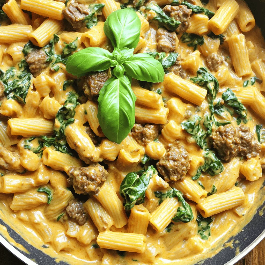 High Protein Creamy Beef Pasta is both tasty and simple. To make this dish, gather these ingredients: - 8 oz whole grain pasta - 1 lb lean ground beef - 1 cup Greek yogurt - 1 cup fresh spinach, chopped - 1/2 cup parmesan cheese, freshly grated - 3 cloves garlic, finely minced - 1 medium onion, finely chopped - 1 teaspoon Italian seasoning blend - Salt and freshly ground pepper to taste - 1 tablespoon extra virgin olive oil - Fresh basil leaves for garnish Each ingredient plays a key role in the dish. Whole grain pasta gives you fiber and a nutty taste. Lean ground beef adds protein. Greek yogurt makes the sauce creamy without too many calories. Fresh spinach packs vitamins and color. Using freshly grated parmesan cheese boosts flavor, while garlic and onion add depth. The Italian seasoning blend brings warmth and earthiness to the mix. Don’t forget to season with salt and pepper for balance. With all ingredients on hand, you’re ready to create a meal that's quick, filling, and full of flavor. For the full recipe, check out the detailed instructions. - Cook the pasta until al dente - Sauté the vegetables and brown the beef - Create the creamy sauce Cook the Pasta: Instructions and tips Start with a big pot. Fill it with water and add salt. Bring it to a boil. Add 8 oz of whole grain pasta. Follow the package instructions for cooking time. You want it al dente, which means it is firm but not hard. Once cooked, drain it in a colander and set aside. This step is key for a great texture. Sauté the Vegetables: Timing and techniques Grab a large skillet and heat 1 tablespoon of olive oil over medium heat. Add 1 medium chopped onion and cook for about 3-4 minutes. You want it to be soft and see-through. Then, add 3 cloves of minced garlic. Cook for another minute. It should smell really good now. Next, add 1 lb of lean ground beef. Break it up with a spatula. Brown the beef for about 5-7 minutes. If there is fat, drain it off. Combine Ingredients for Sauce: Ensuring creaminess Turn the heat down to medium-low. Add 1 cup of chopped spinach and 1 teaspoon of Italian seasoning. Cook for 2-3 minutes until the spinach wilts. Now, lower the heat even more. Add 1 cup of Greek yogurt and 1/2 cup of grated parmesan cheese. Stir well until everything is creamy and smooth. If the sauce is too thick, add a splash of pasta water. This step brings all your flavors together. For the full recipe, check the earlier section. To cook pasta well, use a large pot with lots of water. Make sure to add salt to the water. This will add flavor to the pasta. Stir the pasta often while it cooks. This helps prevent sticking. Keep an eye on the time and check for doneness. You want it to be al dente, firm but not hard. When browning ground beef, use a hot skillet. This helps create a nice crust. Break the meat into small pieces with a spatula. This allows it to cook evenly. Let it sit for a minute before stirring. This helps it brown better. Drain any excess fat after cooking. This keeps the dish light and tasty. For a flavor boost, think about adding fresh herbs. Basil and parsley work well here. You can also add a dash of red pepper flakes for heat. A squeeze of lemon juice can brighten up the dish too. Pair this creamy beef pasta with a crisp side salad. A simple green salad with vinaigrette adds freshness. You might also enjoy some garlic bread on the side. This makes the meal feel complete and satisfying. Try the Full Recipe for more details on how to make this dish shine! {{image_4}} You can switch up the proteins in this dish. If you want a leaner option, try ground turkey or chicken instead of lean ground beef. Both choices will still give you a great flavor and keep it healthy. For a vegan twist, use plant-based protein like lentils or chickpeas. They offer a nice texture and blend well with the creamy sauce. Pair them with plant-based yogurt for that creamy touch without dairy. Adding more veggies can boost the dish's flavor and nutrition. Consider bell peppers, mushrooms, or zucchini. Just chop them up and sauté them with the onions and garlic. They add color and taste. You can also play with spices. If you like a little heat, add red pepper flakes. For a smoky flavor, try smoked paprika. Never be afraid to experiment with spices. Each change can turn this dish into something new and exciting. To keep your high protein creamy beef pasta fresh, store leftovers properly. Allow the dish to cool down to room temperature before placing it in the fridge. Use an airtight container to keep moisture in and prevent odors from mixing. This method will help maintain flavor and texture. For best results, consume your leftovers within 3 to 4 days. If you want to keep them longer, consider freezing them. When it’s time to enjoy your pasta again, you can reheat it easily. To avoid drying it out, add a small splash of water or extra Greek yogurt before reheating. Microwave Method: Place the pasta in a microwave-safe bowl. Cover it loosely with a lid or microwave-safe wrap. Heat in short bursts of about 30 seconds, stirring in between until heated through. Stovetop Method: Put the pasta in a skillet over low heat. Add a splash of water or yogurt, and stir gently. Heat until warm, ensuring the creamy texture stays intact. These methods will help you enjoy the delicious flavors again, just like when you first made it! For the full recipe, check back to the top. What are the health benefits of high protein pasta? High protein pasta offers many health perks. It helps build and repair muscles. It keeps you full longer, which can aid in weight loss. It also contains more fiber than regular pasta, promoting good digestion. Can I prepare this dish in advance? Yes, you can prepare this meal ahead of time. Cook the pasta and beef, then mix them with the sauce. Store everything in the fridge. When you are ready to eat, just heat it up. Is this recipe suitable for freezing? Yes, this recipe can be frozen. Let it cool first, then place it in an airtight container. It will stay fresh for up to three months. Thaw it in the fridge before reheating. How do I make the sauce thicker if needed? To thicken the sauce, add more parmesan cheese. You can also simmer it for a few extra minutes. If it's still thin, mix in a bit of cornstarch mixed with water. Can I use other types of pasta? Absolutely! You can use any pasta you like. Try penne, fusilli, or even gluten-free options. Cooking time may vary, so check the package instructions. What is the calorie count per serving? This dish has about 500 calories per serving. It depends on the brands you use and any extra toppings you add. How can I increase the protein content further? To boost protein, add more lean beef or use extra Greek yogurt. You can also throw in some cooked chickpeas or lentils for a plant-based option. These changes will add flavor and nutrition to your meal. For the complete recipe, check out the Full Recipe. This blog post covered a delicious recipe featuring whole grain pasta and lean ground beef. I shared step-by-step instructions for cooking, tips for perfecting flavors, and variations to suit your taste. Storing and reheating advice ensures you enjoy every bite later. Cooking can be fun and rewarding when you follow these methods. Explore this dish with your own spin, and enjoy the healthy benefits it brings to your table. Remember, cooking is all about creativity!
