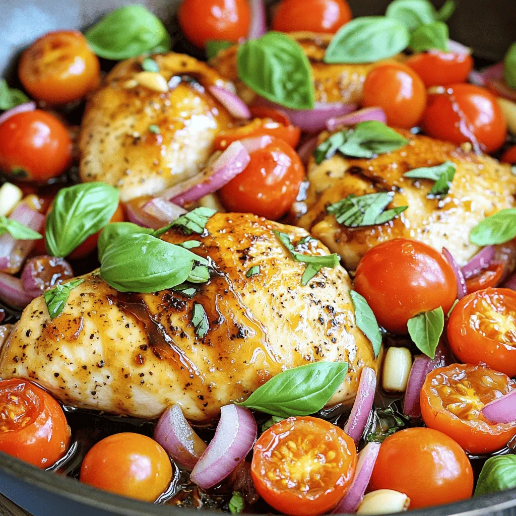 One Pan Balsamic Chicken is a simple and quick dish. It combines chicken with sweet and tangy flavors. The best part? You cook it all in one pan. This makes cleanup easy and keeps the flavors rich. You can find the full recipe at the end of this section. Here’s what you need to make this dish: - 4 boneless, skinless chicken breasts - 1 cup cherry tomatoes, halved - 1 red onion, sliced into thin rings - 3 cloves garlic, minced - 1/2 cup balsamic vinegar - 1/4 cup honey - 2 tablespoons olive oil (plus more for searing) - 1 teaspoon dried oregano - 1 teaspoon dried basil - Salt and freshly ground black pepper, to taste - Fresh basil leaves, for garnish These ingredients create a balance of flavors. The balsamic vinegar and honey give a delightful taste. The herbs add warmth, while the chicken stays juicy. Garnishing is key to making your dish look great. I recommend adding fresh basil leaves. They brighten the dish and enhance the flavor. You can also serve this chicken with a side of fluffy rice or a fresh salad. These sides will round out your meal and add freshness. Enjoy your cooking! Start by preheating your oven to 425°F (220°C). This step is key for even cooking. While the oven heats, gather your ingredients. You need the following: - 4 boneless, skinless chicken breasts - 1 cup cherry tomatoes, halved - 1 red onion, sliced into thin rings - 3 cloves garlic, minced - 1/2 cup balsamic vinegar - 1/4 cup honey - 2 tablespoons olive oil (plus more for searing) - 1 teaspoon dried oregano - 1 teaspoon dried basil - Salt and freshly ground black pepper, to taste - Fresh basil leaves, for garnish In a small bowl, mix the balsamic vinegar, honey, olive oil, oregano, basil, salt, and pepper. Whisk until well combined and set it aside. This blend will add lots of flavor to your chicken. In a large oven-safe skillet, heat a drizzle of olive oil over medium-high heat. Season the chicken breasts with salt and pepper on both sides. Carefully place the chicken in the skillet and sear for about 4-5 minutes on each side. You want a nice golden-brown crust. Once the chicken is seared, add the minced garlic, sliced red onion, and halved cherry tomatoes around the chicken. This helps the veggies soak up all the good flavors. Pour the balsamic mixture evenly over the chicken and vegetables, making sure everything is well coated. Now, it's time to bake! Transfer the skillet to your preheated oven. Bake for 20-25 minutes. Check that the chicken reaches an internal temperature of 165°F (75°C) to ensure it is fully cooked. After baking, remove the skillet from the oven and let the chicken rest for about 5 minutes. This resting time helps keep the juices in the meat. Just before serving, top with fresh basil leaves for extra flavor and a burst of color. Serve hot right from the skillet for a stunning dish. Enjoy this quick and flavorful meal! For the complete recipe, refer to the Full Recipe. To sear chicken well, start with a hot skillet. Use olive oil to coat the bottom. Ensure the oil shimmers before adding chicken. Place the chicken in the pan, but don’t crowd it. Leave space between each piece. This lets the heat circulate and helps with browning. Sear for about 4-5 minutes on each side. Look for a golden crust. This step adds flavor and texture. To boost flavor, use fresh herbs. Fresh basil adds depth to the dish. You can also add a pinch of red pepper flakes for heat. Want a smoky flavor? Try adding smoked paprika. The balsamic mixture is key, so whisk it well. Combine the vinegar and honey for sweetness. This balances the dish nicely. Adding garlic with the veggies enhances the aroma as they cook. Once the chicken is done, let it rest for 5 minutes. This keeps it juicy and tender. Place the chicken on a platter, surrounded by tomatoes and onions. Drizzle some of the balsamic sauce over the top. Garnish with fresh basil leaves. Serve hot for the best flavor. Pair it with white rice or a salad. These sides complement the dish perfectly. Find the full recipe to explore even more ideas! {{image_4}} You can swap chicken for many other proteins. Try using boneless turkey breasts for a lighter option. Pork tenderloin works well too; it absorbs the balsamic flavor nicely. For a vegetarian choice, use firm tofu. Just cube the tofu and sear it before adding the sauce. Each protein will bring a unique taste to the dish. Feel free to change the vegetables based on what you have. Zucchini or bell peppers can add color and texture. Broccoli or green beans are great for a crunchy contrast. Just make sure to cut them into similar sizes for even cooking. This way, every bite will be full of flavor. You can tweak the sauce for different flavors. Add a splash of soy sauce for a savory kick. If you like a bit of heat, mix in some red pepper flakes. To make it sweeter, increase the honey a little. These small changes can make a big difference. Explore and find your favorite twist on this dish! Once you finish your One Pan Balsamic Chicken, let it cool down. Store it in an airtight container. This way, it stays fresh for up to four days in the fridge. Make sure to keep the chicken and veggies together. This helps to maintain the flavors. If you want to keep it longer, consider freezing it. For freezing, place the cooled chicken in a freezer-safe bag. Remove as much air as possible before sealing. You can freeze it for up to three months. Remember to label the bag with the date. This makes it easy to track how long it’s been in the freezer. When you're ready to eat, just thaw it in the fridge overnight. When it's time to reheat, you can use the oven or microwave. If using the oven, preheat it to 350°F (175°C). Place the chicken in an oven-safe dish. Cover it with foil to keep it moist. Heat for about 15-20 minutes. If you prefer the microwave, place the chicken on a microwave-safe plate. Heat in short bursts, about one minute at a time. Always check if it’s hot enough. Enjoy your flavorful meal again! One Pan Balsamic Chicken lasts about 3 to 4 days in the fridge. Make sure to store it in an airtight container. This helps keep the chicken moist and tasty. When you're ready to eat, just reheat it gently. The flavors will still be great! Yes, you can use other vinegars. Apple cider vinegar or red wine vinegar work well. Each type will give a unique taste. If you want a milder flavor, try rice vinegar. Just keep the same amount as in the recipe. This way, your dish will still taste amazing! You can serve One Pan Balsamic Chicken with many sides. Fluffy white rice or a fresh green salad are great choices. Roasted vegetables or mashed potatoes also pair nicely. These sides will soak up the tasty balsamic sauce. They make your meal even more enjoyable. Check out the Full Recipe for more ideas! This blog post covered how to make One Pan Balsamic Chicken. We discussed the key ingredients, step-by-step instructions, and helpful tips. You learned about great variations and how to store leftovers. In summary, making this dish is simple and rewarding. Enjoy the flavors and share it with loved ones. You can mix it up with different proteins or veggies. Experiment and make it your own!