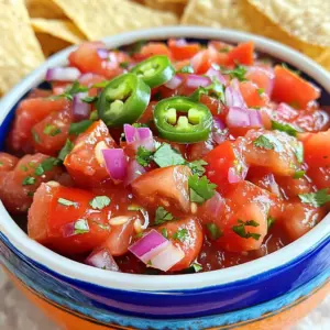 To make the best homemade salsa, you need fresh and tasty items. Here are the key ingredients: - 10 medium ripe tomatoes, diced - 1 large red onion, finely chopped - 4 cloves garlic, minced - 2 jalapeño peppers, seeds removed and finely chopped - 1 red bell pepper, diced - 1/2 cup fresh cilantro, chopped - Juice of 1 lime - 1 teaspoon ground cumin - 1 teaspoon smoked paprika - Salt, to taste - 1/4 teaspoon freshly ground black pepper - 1 tablespoon olive oil - 1 cup apple cider vinegar These ingredients create a fresh and lively taste. They blend well, making your salsa delicious. You can boost the flavor of your salsa with some optional items. Consider adding: - 1 teaspoon sugar for sweetness - 1/2 teaspoon chili powder for extra heat - Corn or black beans for texture - Diced mango or peach for sweetness These ingredients can help your salsa stand out. You can mix and match them based on your taste. If you can’t find some ingredients, don’t worry! Here are some easy swaps: - Use canned tomatoes if fresh ones are not available. - Red onion can be replaced with yellow onion. - Any mild pepper can work instead of jalapeños. - For lime juice, you can use lemon juice. These substitutions can make it easier to prepare your salsa. You can still enjoy great flavors without stress. Start by washing all your veggies. Clean tomatoes, onions, and peppers thoroughly. Dice the tomatoes into small pieces. Chop the onion finely for a good mix. Mince the garlic cloves to release their strong flavor. For the jalapeños, remove the seeds and chop them finely too. Dice the red bell pepper into small bits. In a large bowl, combine the diced tomatoes, chopped onion, minced garlic, jalapeños, and red bell pepper. Use a spatula to mix the ingredients well. Next, add in the chopped cilantro, lime juice, cumin, smoked paprika, salt, and black pepper. Stir until everything is blended. Taste your salsa. Adjust the seasoning as needed. Heat olive oil in a large saucepan over medium heat. Pour your salsa mix into the pan. Bring it to a gentle simmer. Let it cook for 10 to 15 minutes. Stir occasionally to prevent sticking. Once it simmers, remove it from the heat and let it cool a bit. While the salsa cools, prepare your canning jars. Sterilize them by boiling them in water or using your dishwasher's hot cycle. Once the jars are ready, pour the warm salsa into them, leaving about half an inch of space at the top. Use a clean cloth to wipe the rims of each jar. Make sure no salsa gets in the way of a good seal. Place the lids on tightly. Next, process the jars in a water bath canner for 15 to 20 minutes. This step is key for safe storage. After processing, take the jars out and let them cool on a clean towel. To check the seals, gently press the center of each lid. If it doesn’t pop back, the jar has sealed well. Enjoy your fresh salsa! To can salsa safely, start with fresh ingredients. Choose ripe tomatoes and crisp peppers. Always sterilize your jars before use. This prevents spoilage. Use a water bath canner for best results. Process your jars for 15-20 minutes. This ensures a strong seal. Allow the jars to cool on a towel. Check the lids after cooling. If they don’t pop back, you sealed them well. You can make your salsa unique by adding spices. Try adding more jalapeños for heat. A pinch of sugar can balance acidity. If you love garlic, add more than four cloves. Fresh herbs like oregano or basil work well too. Lime juice adds a bright flavor, so don’t skip it. Always taste your salsa before canning. Adjust salt or lime juice as needed. Sometimes salsa can be too watery. If this happens, cook it longer to reduce liquid. If it’s too spicy, add sugar or more tomatoes. Overly acidic salsa can be fixed with a pinch of sugar. If jars don’t seal, they may need reprocessing. If you see bubbles after sealing, check the lids. For more tips, check the Full Recipe for guidance. {{image_4}} Do you like heat? You can make your salsa spicier! Just add more jalapeños or even some habanero peppers. You can also toss in a pinch of cayenne pepper for an extra kick. This will boost the flavor and make it more exciting. Taste your salsa as you go to find your perfect heat level. Some people love chunky salsa, while others prefer it smooth. For chunky salsa, simply leave the tomatoes and peppers in larger pieces. If you want smooth salsa, blend the mix in a food processor. Pulse it a few times until you reach your desired texture. Both styles are great, so try them out and see what you like best! Using fresh ingredients can change your salsa game! In summer, add sweet corn or ripe peaches for a sweet twist. In fall, consider adding roasted red peppers or even diced apples. You can also switch herbs with basil or parsley for new flavors. Fresh ingredients bring unique tastes and make each batch special! To store your canned salsa, keep it in a cool, dark place. A pantry or cupboard works well. Once opened, store the salsa in the fridge. Use an airtight container to keep it fresh. Always label your jars with the date you canned them. This helps track how long they've been stored. Canned salsa can last up to one year if stored properly. After opening, use it within five to seven days. You can enjoy it on tacos, nachos, or as a dip with chips. For the best taste, eat your salsa sooner rather than later. Check for several signs to know if your salsa has spoiled. Look for any bulging lids on jars. This means gas has built up inside. A bad smell or mold on the surface is also a sign of spoilage. If the salsa appears off in color or texture, it’s best to toss it. Always trust your senses when checking food. Yes, you can use frozen tomatoes for salsa. Frozen tomatoes work well, but they may be a bit softer. Thaw them first and drain excess water. This helps keep your salsa from being too watery. Using frozen tomatoes can save time, especially if you have a surplus from the garden. Just remember to chop them up as you would fresh tomatoes. Canned salsa can last for up to a year when stored properly. Ensure you keep your jars in a cool, dark place. If you see any signs of spoilage, like bulging lids or strange smells, discard the salsa. Always check jars before using them. This helps keep your salsa safe and tasty. Leftover salsa has many uses. You can top tacos, nachos, or grilled meats. It also makes a great dip for chips or veggies. Try adding it to scrambled eggs for a spicy breakfast. You can even use it as a base for soups or stews, adding flavor to your dishes. The possibilities are endless! In summary, we explored homemade salsa from start to finish. We covered key and optional ingredients, step-by-step instructions, and handy tips. You also learned about fun variations and how to store your salsa. Making salsa from scratch is easy and fun. I hope you feel confident in trying new recipes and flavors. Enjoy your salsa-making journey!