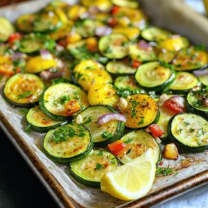 - 2 medium zucchinis, sliced into half-moons - 2 medium yellow squashes, sliced into half-moons - 1 red bell pepper, diced into bite-sized pieces - 1 small red onion, thinly sliced - 4 cloves of garlic, minced finely - 3 tablespoons olive oil - 1 teaspoon smoked paprika - 1 teaspoon dried oregano - 1 teaspoon salt - 1/2 teaspoon black pepper - 1/4 teaspoon red pepper flakes (optional for added spice) - Fresh parsley, chopped (for garnish) - Lemon wedges (for serving) Using fresh ingredients is key to a flavorful dish. I love how vibrant zucchinis and squashes look when sliced. The bright colors of red peppers and onions add excitement. Minced garlic brings a warm aroma that fills your kitchen. Extra virgin olive oil is my go-to for its rich flavor. Smoked paprika gives a subtle depth that brightens the veggies. Dried oregano adds a herbal touch. Don’t skip the salt and pepper; they help bring out the natural flavors. If you like heat, add red pepper flakes. They add a nice kick. Fresh parsley works great for garnish and adds a pop of color. Serve with lemon wedges to enhance the dish's taste. These ingredients create a wonderful blend. They roast beautifully and make a perfect side for any meal. Try mixing them up in your kitchen to enjoy! For the complete cooking instructions, refer to the Full Recipe. - Preheat the oven to 425°F (220°C). - Prepare a large baking sheet with parchment paper. This makes for easy cleanup later. - In a big bowl, combine the sliced zucchini, yellow squash, diced red bell pepper, and thinly sliced red onion. - In another bowl, whisk together olive oil, minced garlic, smoked paprika, dried oregano, salt, and black pepper. This mix adds great flavor. - Pour the seasoned oil over the vegetables. Toss them well to coat every piece. - Spread the veggies evenly on the baking sheet for roasting. - Roast for 25-30 minutes. Stir the mixture halfway through. This helps all the veggies cook evenly. Look for them to become tender and caramelized. Once done, you can follow the Full Recipe for more details on serving and garnishing! To achieve even roasting, always cut your zucchini and squash to similar sizes. This helps them cook at the same rate and ensures a perfect bite every time. I find that half-moon shapes work well for even cooking. Spacing the vegetables on the baking sheet is crucial. If they are too close, they will steam instead of roast. Leave enough room between each piece to allow hot air to circulate. This will give you that lovely caramelization we all love. You can boost the flavor with lots of spices and herbs. Try adding cumin or thyme for a new twist. Fresh herbs, like basil or cilantro, can also brighten the taste. If you want an alternative to olive oil, consider avocado oil or melted coconut oil. Both add a nice flavor and help the veggies brown beautifully. Roasted zucchini and squash pair well with many dishes. Serve them alongside grilled chicken or fish for a balanced meal. They also make a great topping for salads or grain bowls. For presentation, arrange the veggies in a circular pattern on a platter. Sprinkle more fresh parsley on top for a pop of color. Place lemon wedges in the center for a fresh, zesty touch. Enjoy your flavorful side dish! {{image_4}} You can make roasted zucchini and squash even more exciting. Try adding other vegetables for extra color and taste. Bell peppers bring sweetness, while carrots add crunch. You can also use cherry tomatoes for a juicy burst. If you want to use other cooking methods, grilling is a great option. It gives the veggies a smoky flavor. Sautéing is quick and easy too. Just cook them in a pan with some oil until they are tender. To change the flavor of your dish, try Asian-inspired ideas. Add soy sauce and sesame oil for a savory twist. Toss in some green onions and sesame seeds for crunch. For a Mediterranean touch, mix in feta cheese and olives. These add a salty, briny flavor that pairs well with the veggies. You can also use fresh herbs like basil or oregano to enhance the taste. Explore these variations to find your favorite combo. Each adds a unique spin to this simple, tasty side dish. For the full recipe, check out Flavor Fusion Roasted Zucchini & Squash . After you enjoy your roasted zucchini and squash, you might have some leftovers. It’s important to cool them down first. Let them sit at room temperature for about 30 minutes. This helps prevent moisture build-up that can make them soggy. For the best storage, place the cooled veggies in an airtight container. You can keep them in the fridge for up to three days. If you want to store them for longer, use the freezer. Just put the leftovers in a freezer-safe bag. They can stay good for up to three months in the freezer. Reheating roasted zucchini and squash can be fun. To keep their texture, avoid the microwave if you can. The oven is a better choice. Preheat it to 350°F (175°C). Spread the leftovers on a baking sheet and heat for about 10-15 minutes. This helps them stay crisp. If you must use a microwave, heat them on a low power setting. This way, they will warm up without becoming too mushy. Just give them a quick stir halfway through. Enjoy your tasty side dish again! How to make roasted zucchini and squash crispy? To get crispy zucchini and squash, cut them into even pieces. Spread them out on the baking sheet. Make sure they are not touching. High heat helps too. Roast at 425°F (220°C) until they are golden brown. Flip them halfway during cooking. Can I roast other vegetables along with zucchini and squash? Yes! You can roast many veggies with zucchini and squash. Try bell peppers, carrots, or onions. Just make sure they cook at the same time. Cut them to similar sizes for even cooking. What’s the best way to season roasted vegetables? Simple seasoning works best. Use olive oil, salt, and pepper as a base. Add garlic for flavor. Try herbs like oregano or thyme. You can also use spices like smoked paprika or cumin for a kick. Health benefits of zucchini and squash Zucchini and squash are low in calories. They are high in vitamins A and C. These veggies are great for hydration because they have high water content. Eating them can support digestion too. Caloric content and serving size details One cup of roasted zucchini or squash has about 30 calories. This makes them a smart choice for meals. A serving size is about one cup. Pair them with grains or proteins for a balanced dish. Link to the Full Recipe: Flavor Fusion Roasted Zucchini & Squash This article covered how to make roasted zucchini and squash. We explored key ingredients and shared step-by-step instructions. I offered tips for even roasting and highlighted variations for flavor. You learned how to store and reheat leftovers effectively. Roasted veggies can brighten your meals and boost nutrition. Try adding your spin to the recipe. Enjoy the process and savor each bite. Simple dishes like this can bring joy to your table. Happy cooking!