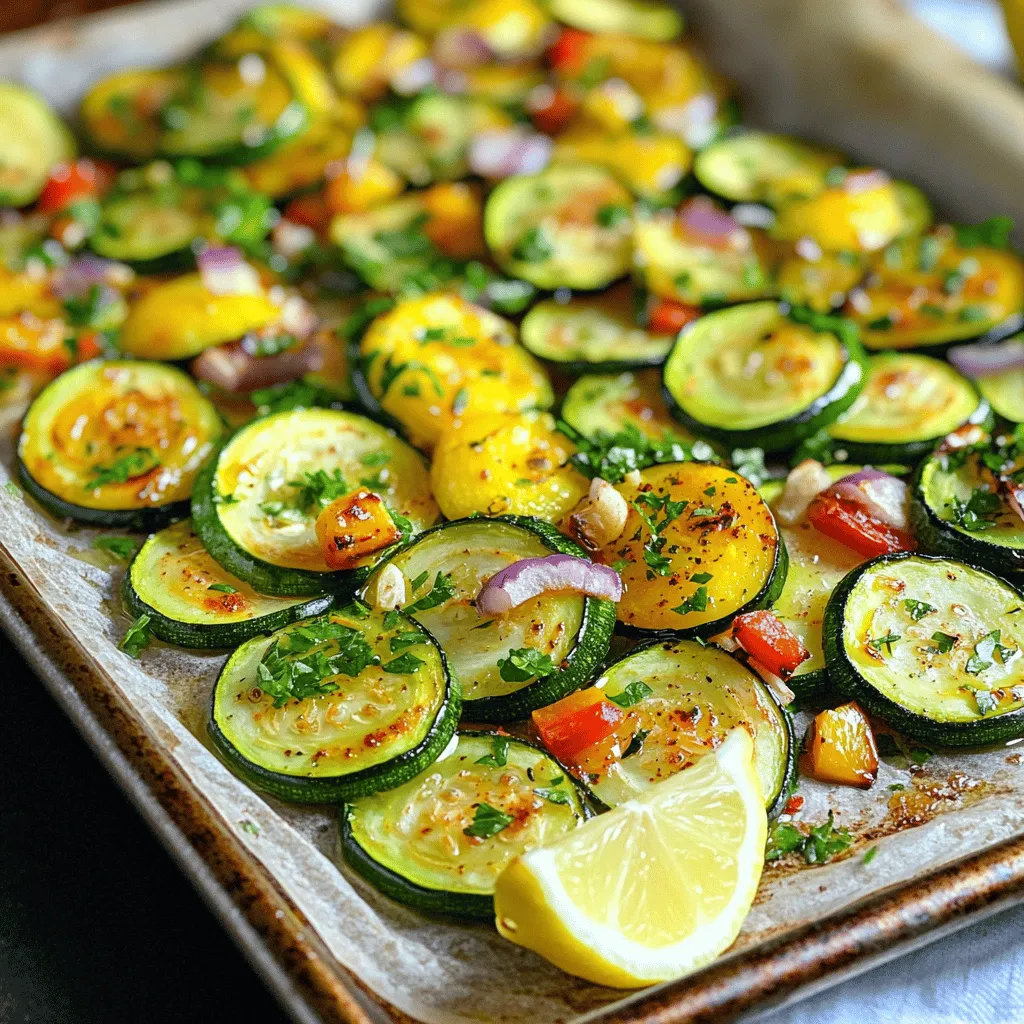 - 2 medium zucchinis, sliced into half-moons - 2 medium yellow squashes, sliced into half-moons - 1 red bell pepper, diced into bite-sized pieces - 1 small red onion, thinly sliced - 4 cloves of garlic, minced finely - 3 tablespoons olive oil - 1 teaspoon smoked paprika - 1 teaspoon dried oregano - 1 teaspoon salt - 1/2 teaspoon black pepper - 1/4 teaspoon red pepper flakes (optional for added spice) - Fresh parsley, chopped (for garnish) - Lemon wedges (for serving) Using fresh ingredients is key to a flavorful dish. I love how vibrant zucchinis and squashes look when sliced. The bright colors of red peppers and onions add excitement. Minced garlic brings a warm aroma that fills your kitchen. Extra virgin olive oil is my go-to for its rich flavor. Smoked paprika gives a subtle depth that brightens the veggies. Dried oregano adds a herbal touch. Don’t skip the salt and pepper; they help bring out the natural flavors. If you like heat, add red pepper flakes. They add a nice kick. Fresh parsley works great for garnish and adds a pop of color. Serve with lemon wedges to enhance the dish's taste. These ingredients create a wonderful blend. They roast beautifully and make a perfect side for any meal. Try mixing them up in your kitchen to enjoy! For the complete cooking instructions, refer to the Full Recipe. - Preheat the oven to 425°F (220°C). - Prepare a large baking sheet with parchment paper. This makes for easy cleanup later. - In a big bowl, combine the sliced zucchini, yellow squash, diced red bell pepper, and thinly sliced red onion. - In another bowl, whisk together olive oil, minced garlic, smoked paprika, dried oregano, salt, and black pepper. This mix adds great flavor. - Pour the seasoned oil over the vegetables. Toss them well to coat every piece. - Spread the veggies evenly on the baking sheet for roasting. - Roast for 25-30 minutes. Stir the mixture halfway through. This helps all the veggies cook evenly. Look for them to become tender and caramelized. Once done, you can follow the Full Recipe for more details on serving and garnishing! To achieve even roasting, always cut your zucchini and squash to similar sizes. This helps them cook at the same rate and ensures a perfect bite every time. I find that half-moon shapes work well for even cooking. Spacing the vegetables on the baking sheet is crucial. If they are too close, they will steam instead of roast. Leave enough room between each piece to allow hot air to circulate. This will give you that lovely caramelization we all love. You can boost the flavor with lots of spices and herbs. Try adding cumin or thyme for a new twist. Fresh herbs, like basil or cilantro, can also brighten the taste. If you want an alternative to olive oil, consider avocado oil or melted coconut oil. Both add a nice flavor and help the veggies brown beautifully. Roasted zucchini and squash pair well with many dishes. Serve them alongside grilled chicken or fish for a balanced meal. They also make a great topping for salads or grain bowls. For presentation, arrange the veggies in a circular pattern on a platter. Sprinkle more fresh parsley on top for a pop of color. Place lemon wedges in the center for a fresh, zesty touch. Enjoy your flavorful side dish! {{image_4}} You can make roasted zucchini and squash even more exciting. Try adding other vegetables for extra color and taste. Bell peppers bring sweetness, while carrots add crunch. You can also use cherry tomatoes for a juicy burst. If you want to use other cooking methods, grilling is a great option. It gives the veggies a smoky flavor. Sautéing is quick and easy too. Just cook them in a pan with some oil until they are tender. To change the flavor of your dish, try Asian-inspired ideas. Add soy sauce and sesame oil for a savory twist. Toss in some green onions and sesame seeds for crunch. For a Mediterranean touch, mix in feta cheese and olives. These add a salty, briny flavor that pairs well with the veggies. You can also use fresh herbs like basil or oregano to enhance the taste. Explore these variations to find your favorite combo. Each adds a unique spin to this simple, tasty side dish. For the full recipe, check out Flavor Fusion Roasted Zucchini & Squash . After you enjoy your roasted zucchini and squash, you might have some leftovers. It’s important to cool them down first. Let them sit at room temperature for about 30 minutes. This helps prevent moisture build-up that can make them soggy. For the best storage, place the cooled veggies in an airtight container. You can keep them in the fridge for up to three days. If you want to store them for longer, use the freezer. Just put the leftovers in a freezer-safe bag. They can stay good for up to three months in the freezer. Reheating roasted zucchini and squash can be fun. To keep their texture, avoid the microwave if you can. The oven is a better choice. Preheat it to 350°F (175°C). Spread the leftovers on a baking sheet and heat for about 10-15 minutes. This helps them stay crisp. If you must use a microwave, heat them on a low power setting. This way, they will warm up without becoming too mushy. Just give them a quick stir halfway through. Enjoy your tasty side dish again! How to make roasted zucchini and squash crispy? To get crispy zucchini and squash, cut them into even pieces. Spread them out on the baking sheet. Make sure they are not touching. High heat helps too. Roast at 425°F (220°C) until they are golden brown. Flip them halfway during cooking. Can I roast other vegetables along with zucchini and squash? Yes! You can roast many veggies with zucchini and squash. Try bell peppers, carrots, or onions. Just make sure they cook at the same time. Cut them to similar sizes for even cooking. What’s the best way to season roasted vegetables? Simple seasoning works best. Use olive oil, salt, and pepper as a base. Add garlic for flavor. Try herbs like oregano or thyme. You can also use spices like smoked paprika or cumin for a kick. Health benefits of zucchini and squash Zucchini and squash are low in calories. They are high in vitamins A and C. These veggies are great for hydration because they have high water content. Eating them can support digestion too. Caloric content and serving size details One cup of roasted zucchini or squash has about 30 calories. This makes them a smart choice for meals. A serving size is about one cup. Pair them with grains or proteins for a balanced dish. Link to the Full Recipe: Flavor Fusion Roasted Zucchini & Squash This article covered how to make roasted zucchini and squash. We explored key ingredients and shared step-by-step instructions. I offered tips for even roasting and highlighted variations for flavor. You learned how to store and reheat leftovers effectively. Roasted veggies can brighten your meals and boost nutrition. Try adding your spin to the recipe. Enjoy the process and savor each bite. Simple dishes like this can bring joy to your table. Happy cooking!