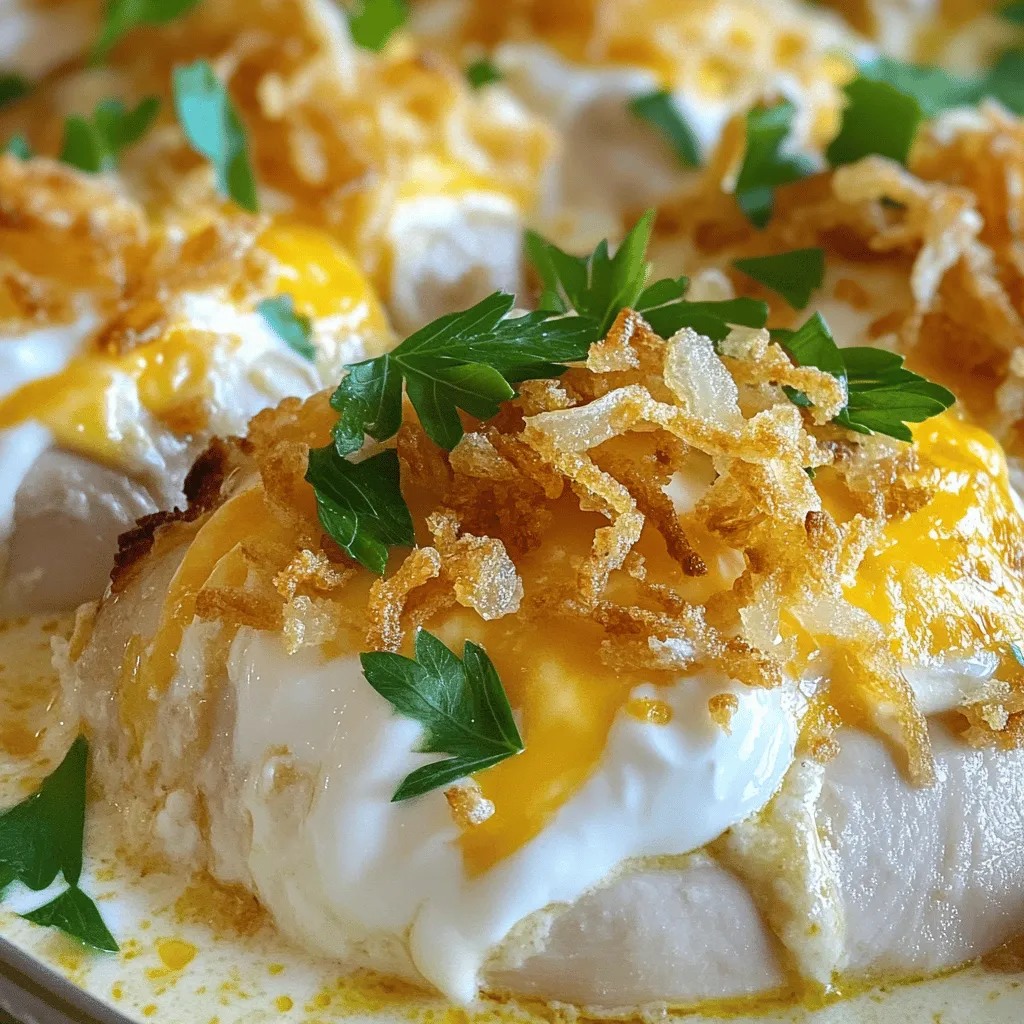 - 4 boneless, skinless chicken breasts - 1 cup cream cheese, softened at room temperature - 1 cup sour cream - 1 cup shredded sharp cheddar cheese - ½ cup ranch dressing - ½ teaspoon garlic powder - ½ teaspoon onion powder - 1 teaspoon dried parsley - ½ teaspoon freshly ground black pepper - 1 cup crispy fried onions (for topping) Gather these ingredients for a delicious Million Dollar Chicken Bake. Each item plays a key role in making the dish rich and flavorful. The cream cheese and sour cream create a creamy base, while the cheddar cheese adds a nice sharpness. Ranch dressing gives it a tangy kick, and the spices enhance the overall taste. Don’t forget the crispy fried onions! They add a perfect crunch on top. This dish is simple, tasty, and great for the whole family. - 9x13-inch baking dish - Hand mixer or whisk - Measuring cups and spoons - Rubber spatula Make sure you have the right tools on hand. A 9x13-inch baking dish works best for this recipe. You’ll need a hand mixer or whisk to blend the creamy filling. Keep measuring cups and spoons ready for accuracy. A rubber spatula helps spread the cheese mixture evenly over the chicken. With these ingredients and tools, you will create a delightful meal that everyone will love. For the full recipe, check out the detailed cooking instructions to guide you through each step! - Preheat oven to 375°F (190°C). - Prepare the baking dish. Lightly grease a 9x13-inch dish with cooking spray. - In a large bowl, combine cream cheese, sour cream, ranch dressing, and cheddar. - Add garlic powder, onion powder, dried parsley, and pepper. Mix well until creamy and smooth. - Place chicken breasts in the greased dish. - Spread half of the cheese mixture over the chicken evenly. - Bake in the preheated oven for 25-30 minutes. - Check chicken reaches 165°F (74°C) for doneness. - Add the remaining cheese mixture and top with crispy onions. - Bake for an additional 10-15 minutes until golden brown and bubbly. Follow the Full Recipe for all the tasty details! To make sure your chicken is fully cooked, check the internal temperature. It should reach 165°F. This ensures the chicken is safe to eat. A meat thermometer works best for this. If you don’t have one, you can use a toothpick. Stick it into the thickest part of the chicken. If the juices run clear, your chicken is ready. You can add extra seasonings to boost the flavor. Try adding smoked paprika for a smoky taste. A bit of cayenne pepper can give it some heat. You can also use fresh herbs. Chopped thyme or rosemary adds a nice touch. These fresh herbs enhance the dish's aroma and flavor. Garnishing makes your dish look beautiful. Sprinkle some fresh parsley on top for color. You can serve it straight from the baking dish for a cozy feel. For a complete meal, pair it with sides. A crisp side salad or steamed vegetables complements the rich flavors of the chicken. This balance makes your meal even more delightful. {{image_4}} You can switch up the cheese in Million Dollar Chicken Bake. Instead of sharp cheddar, try mozzarella or gouda. These cheeses melt well and add great flavor. If you want dairy-free options, use vegan cream cheese and sour cream. They work just as well in this dish. Want to add more taste? You can toss in some fresh veggies. Spinach and bell peppers are excellent choices. They not only add color but also nutrients. For a spicy kick, add cayenne or crushed red pepper to the mix. Just a little can make a big difference! If you prefer slow cooking, you can make a slow cooker version. Just layer the chicken and sauce in your slow cooker. Cook on low for 6-8 hours or high for 3-4 hours. For a fun outdoor option, try grilling the chicken instead. Grill until it’s cooked through, then add the creamy topping and finish on the grill for a few minutes. Check out the full recipe for more guidance! After enjoying Million Dollar Chicken Bake, store leftovers in the fridge. Place the chicken in an airtight container. Make sure the temperature stays below 40°F (4°C). This keeps it safe to eat. You can enjoy it for up to three days. If you want to keep it longer, consider freezing. Frozen leftovers last for about three months. Just remember to label the container with the date. Reheating this dish is simple. You can use the oven or microwave. For the oven, preheat it to 350°F (175°C). Place the chicken in a baking dish, cover it with foil, and heat for about 20 minutes. This helps keep the chicken moist. If you're using the microwave, place a portion on a plate. Heat it in short bursts of one minute until warm. To keep the texture nice, avoid overheating. Enjoy your tasty meal again! Million Dollar Chicken Bake is a creamy and cheesy chicken dish. It features juicy chicken breasts topped with a rich cheese mixture. The creamy blend of cream cheese, sour cream, and ranch dressing makes it special. This dish is known for its tasty flavors and easy preparation. Families love it because it is comforting and satisfying. Yes, you can prepare Million Dollar Chicken Bake in advance. To do this, mix the cheese and chicken as the recipe states. Place the dish in the fridge instead of baking it. You can store it for up to 24 hours. When you're ready to bake, just follow the original cooking steps. This makes meal prep a breeze. Million Dollar Chicken Bake goes well with many sides. Here are some great options: - Steamed broccoli - Crisp green salad - Roasted vegetables - Mashed potatoes - Rice pilaf These sides will balance the rich flavors of the chicken bake. Making Million Dollar Chicken Bake gluten-free is easy. Use gluten-free ranch dressing instead of regular. You can also look for gluten-free crispy fried onions. Check labels to be sure they meet gluten-free standards. This way, everyone can enjoy this dish without worry. You can create a delicious Million Dollar Chicken Bake with simple ingredients and clear steps. We discussed the essential items, from chicken to crispy toppings. We also covered how to mix, bake, and enhance flavors, along with tips to make it your own. Remember to store leftovers right and reheat them well. This dish is great for any occasion, and you'll love how easy it is. Dive into this recipe and impress your family or friends with your cooking skills!
