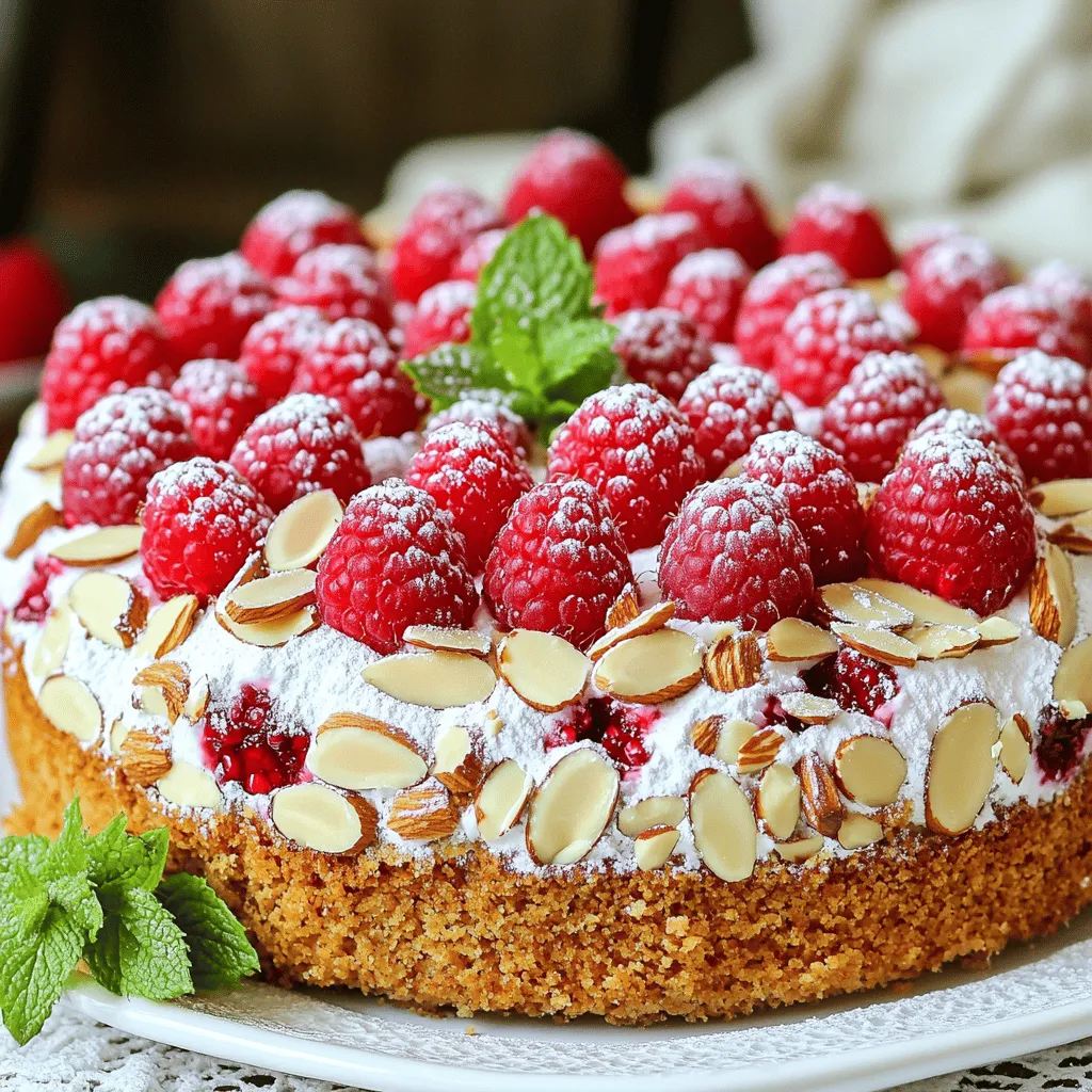 To make this delightful White Chocolate Almond Raspberry Cake, you’ll need: - 1 cup white chocolate chips - 1/2 cup unsalted butter, softened to room temperature - 1 cup granulated sugar - 3 large eggs, at room temperature - 1 teaspoon almond extract - 1 teaspoon pure vanilla extract - 1 1/2 cups all-purpose flour - 1 teaspoon baking powder - 1/4 teaspoon salt - 1 cup fresh raspberries, gently rinsed and patted dry - 1/2 cup sliced almonds, toasted for extra flavor - 1/2 cup powdered sugar (for dusting) You can try these optional ingredients for a twist on the classic recipe: - Substitute dark chocolate chips for white chocolate - Use chopped walnuts instead of sliced almonds - Add a pinch of cinnamon for warmth - Mix in lemon zest for a bright flavor For the best results, choose high-quality ingredients. Here are my recommendations: - White Chocolate Chips: Look for brands like Guittard or Ghirardelli for smooth melting. - Butter: Use unsalted butter from brands like Kerrygold for rich flavor. - Raspberries: Choose fresh, plump berries that are bright red. Avoid mushy ones. - Almond Extract: Look for pure almond extract, as it gives a stronger flavor. Using quality ingredients makes a big difference in taste and texture. For the full recipe, check out the complete guide above. 1. Preheat your oven to 350°F (175°C). Grease an 8-inch round cake pan with butter. Dust it with flour to stop the cake from sticking. 2. Melt 1 cup of white chocolate chips. You can use a double boiler or a microwave. Stir until smooth. Let it cool a bit. 3. In a large bowl, mix 1/2 cup of softened butter and 1 cup of granulated sugar. Beat them together until light and fluffy. 4. Add 3 large eggs, one at a time. Mix well after each egg goes in. Then, stir in the melted white chocolate, 1 teaspoon of almond extract, and 1 teaspoon of vanilla extract until mixed well. 5. In another bowl, whisk together 1 1/2 cups of all-purpose flour, 1 teaspoon of baking powder, and 1/4 teaspoon of salt. Gradually add this to the wet mix. Stir gently to combine. 6. Carefully fold in 1 cup of fresh raspberries and 1/2 cup of toasted sliced almonds. Be gentle to keep the raspberries whole. 7. Pour the batter into your prepared cake pan. Smooth the top with a spatula. Sprinkle the rest of the sliced almonds on top for extra crunch. 8. Bake the cake for 30 to 35 minutes. To check if it’s done, insert a toothpick into the center. It should come out clean. 9. Once done, take the cake out of the oven. Let it cool in the pan for 10 minutes. Then, move it to a wire rack to cool completely. 10. After cooling, dust the top with 1/2 cup of powdered sugar using a fine mesh sieve. This adds a nice touch. 11. For a beautiful presentation, slice the cake onto plates. Add some fresh raspberries and a mint sprig on the side. Enjoy every bite! For the full recipe, check out the details above. When making this cake, avoid over-mixing your batter. Mixing too much can make the cake dense. Also, be careful when folding in the raspberries. Gently mix them in to keep them whole. If you skip greasing the pan, your cake may stick. Always use flour to dust the pan after greasing. To get a light and fluffy cake, cream the butter and sugar well. This step adds air, making your cake rise beautifully. Use room temperature eggs for better mixing. They blend easier and help the batter stay smooth. Lastly, make sure to let the melted chocolate cool slightly before adding it. This keeps your batter from cooking the eggs. This cake shines on its own, but you can elevate it even more. Serve it with a dollop of whipped cream or a scoop of vanilla ice cream. Fresh raspberries on the side add a nice touch. Pair it with a light tea or sparkling water for a refreshing drink. For a special treat, try it with a glass of dessert wine. If you want the full experience, check the Full Recipe for tips on how to serve it perfectly! {{image_4}} You can play with flavors in this cake. Try adding different extracts. Consider using raspberry or coconut extract for a unique twist. You can also mix in a bit of lemon zest for a citrus kick. If you love berries, swap raspberries for strawberries or blueberries. Each change adds a fun layer to the taste. To make this cake gluten-free, use a gluten-free flour blend. Look for one that includes xanthan gum. This helps give the cake a good texture. Ensure all your other ingredients are gluten-free too. The taste will still be delightful, and everyone can enjoy a slice. To make a vegan version, replace the eggs with flax eggs. Mix one tablespoon of ground flaxseed with three tablespoons of water. Let it sit until it thickens. Use a plant-based butter instead of regular butter. For the white chocolate, find a dairy-free option. This way, you can still enjoy a rich cake without any animal products. You can find the Full Recipe to guide you through these variations easily. To keep your White Chocolate Almond Raspberry Cake fresh, store it in an airtight container. This protects the cake from drying out and keeps it flavorful. You can also wrap it in plastic wrap before placing it in the container. This cake stays fresh for about 3 to 4 days at room temperature. If you keep it in the fridge, it can last up to a week. However, the texture may change slightly when chilled. If you want to enjoy this cake later, freezing is a great option. First, let the cake cool completely. Then, wrap it tightly in plastic wrap and aluminum foil. This helps prevent freezer burn. You can freeze it for up to 3 months. When you're ready to eat, thaw it in the fridge overnight. For the best taste, enjoy it soon after thawing. Feel free to check the Full Recipe for more details on making this delicious treat! To make the cake more moist, you can add a few extra ingredients. Try adding an extra egg or some sour cream. These will help keep the cake soft. Also, avoid overbaking. Check the cake a bit earlier than the time given. A toothpick should come out clean but not dry. Yes, you can substitute some ingredients. If you want, use dark chocolate instead of white chocolate. You can also use different nuts, like walnuts or pecans. If you need a dairy-free option, try coconut oil for butter. For the eggs, use flaxseed meal mixed with water as a vegan choice. Always check the Full Recipe for guidance. This cake is perfect for many occasions. Serve it at birthdays, anniversaries, or tea parties. It also shines at holiday gatherings. The bright colors and sweet flavors make it a great choice for spring and summer events. Each bite brings joy, making it memorable for any celebration. This guide covered everything you need for a great cake. We looked at key ingredients, step-by-step baking, and tips for success. Plus, I shared fun variations and storage tips. Remember, the right ingredients and methods make a big difference in taste and texture. Use the full recipe for the best results. With practice, you'll impress everyone with your baking skills. Enjoy every slice!