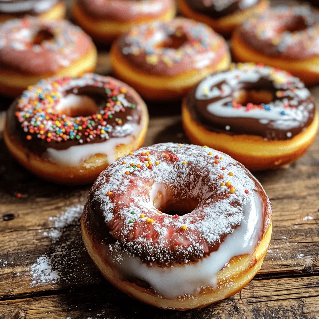 To make Baked Neapolitan Doughnuts, gather these simple ingredients: - 1 cup all-purpose flour - 1/2 cup granulated sugar - 1/2 tsp baking powder - 1/4 tsp baking soda - 1/4 tsp salt - 1/2 cup plain yogurt (Greek yogurt recommended) - 1 large egg - 1 tsp vanilla extract - 1/4 cup melted coconut oil (or unsalted butter) - 1/4 cup cocoa powder - 1/2 cup strawberry puree - 1/3 cup powdered sugar (for icing) - 1 tbsp milk (for icing) - Colorful sprinkles for decoration These ingredients mix together to create a tasty treat. The all-purpose flour gives the doughnuts structure. The sugar adds sweetness, while the yogurt keeps them moist. The baking powder and baking soda help them rise. You can use Greek yogurt for a tangy flavor. The egg acts as a binder, giving the doughnuts their shape. Vanilla extract adds a lovely aroma. Coconut oil or butter adds richness. The cocoa powder gives the chocolate flavor, while strawberry puree adds fruitiness. The icing, made from powdered sugar and milk, provides a sweet finish. Colorful sprinkles make them fun and festive. For the full recipe, follow the steps to bake these delightful doughnuts! - Preheat oven to 350°F (175°C). - Grease your doughnut pan to help with easy removal. - Sift together 1 cup of flour, 1/2 cup of sugar, 1/2 teaspoon of baking powder, 1/4 teaspoon of baking soda, and 1/4 teaspoon of salt. - This step helps mix the ingredients and removes lumps. - In a separate bowl, whisk together 1/2 cup of yogurt, 1 large egg, 1 teaspoon of vanilla extract, and 1/4 cup of melted coconut oil. - Mix until smooth. This creates a creamy base for your doughnuts. - Gently fold the wet mixture into the dry ingredients. - Be careful not to overmix, as this can make the doughnuts dense. - Divide the batter into three bowls. - Add 1/4 cup of cocoa powder to one bowl for chocolate. - Stir in 1/2 cup of strawberry puree into the second bowl for strawberry. - Leave the third bowl as is for vanilla. - Layer the batters in each mold: start with vanilla, then strawberry, and finish with chocolate. - This layering will give a fun look to your doughnuts. - Place the pan in the oven and bake for 10-12 minutes. - Check if done by inserting a toothpick; it should come out clean. - Let the doughnuts cool in the pan for 5 minutes, then transfer them to a wire rack to cool completely. For detailed steps and measurements, check the Full Recipe. Enjoy your fun baking adventure! - Use a kitchen scale for accurate measurements. This helps make perfect doughnuts. - Avoid overmixing the batter. This keeps your doughnuts light and fluffy. - Mix powdered sugar with milk until smooth. Aim for a thick but pourable icing. - Try swirling colors for fun designs. You can use food coloring for a twist. - Stack doughnuts on a colorful plate. This makes them look even more inviting. - Add fresh fruit or a drizzle of puree on top. It adds a nice touch. For more creative ideas, check out the Full Recipe for Baked Neapolitan Doughnuts. Enjoy experimenting! {{image_4}} You can have fun with flavors in your baked Neapolitan doughnuts. Try using different fruit purees. Raspberry or blueberry can add a nice twist. These flavors will give your doughnuts a unique taste. You can also mix in spices like cinnamon or nutmeg. This can enhance the warmth and depth of flavor. Adding these small changes can make each batch special. If you need gluten-free doughnuts, swap the all-purpose flour for a gluten-free blend. Many blends work well in baked goods. For a vegan option, replace the egg with a flaxseed egg. Mix one tablespoon of ground flaxseed with three tablespoons of water. Let it sit for a few minutes until it thickens. Use non-dairy yogurt in place of regular yogurt. This keeps the doughnuts moist and tasty while meeting dietary needs. When it comes to toppings, get creative! Instead of traditional sprinkles, try crushed nuts or shredded coconut. You can also add a drizzle of chocolate or a bright fruit glaze. This makes your doughnuts pop and taste even better. Experimenting with toppings is a great way to make each doughnut your own. Check out the Full Recipe for more ideas on how to make these doughnuts fun and delicious! To store your doughnuts at room temperature, place them in an airtight container. This keeps them fresh for about two days. If you want the best taste when reheating, heat them in the microwave for about 10-15 seconds. This warms them up nicely without drying them out. If you have leftover doughnuts, you can freeze them. Wrap each doughnut in plastic wrap, then place them in a freezer bag. They will stay good for up to three months. When you’re ready to enjoy them, take them out and let them thaw at room temperature for about an hour. For the best texture, warm them in the oven at 350°F (175°C) for 5-10 minutes. This way, they stay soft and tasty! You can find the full recipe for these delightful treats to enjoy fresh anytime. Yes, you can make these doughnuts ahead of time. To store them, place the cooled doughnuts in an airtight container. They will stay fresh for up to three days at room temperature. If you want to keep them longer, freeze them for up to two months. To reheat, just pop them in the microwave for about 10 seconds. This will make them warm and soft again. If you don't have coconut oil, you can use unsalted butter instead. Both work well in this recipe. You can also try vegetable oil or canola oil. Each fat adds a different taste, so choose what you like best. To check if the doughnuts are done, insert a toothpick into the center of one. If it comes out clean, they are ready. You can also gently press the top; it should spring back. Bake for 10 to 12 minutes for the best results. Yes, you can use non-dairy yogurt. Almond, soy, or coconut yogurt work well. Just make sure it is plain and unsweetened. This keeps the balance of flavors in the doughnuts. Decorating doughnuts is fun! After icing, add colorful sprinkles for a pop of color. You can also drizzle chocolate or use fresh fruit on top. For a twist, try crushed nuts or shredded coconut. Get creative and enjoy the process! You now have a complete guide to making delicious doughnuts. We covered the ingredients, step-by-step instructions, tips for success, and fun variations. Remember to measure carefully and avoid overmixing for light, fluffy doughnuts. Feel free to explore different flavors and toppings for unique treats. With proper storage, your doughnuts will stay fresh longer. Enjoy baking and sharing these tasty delights!