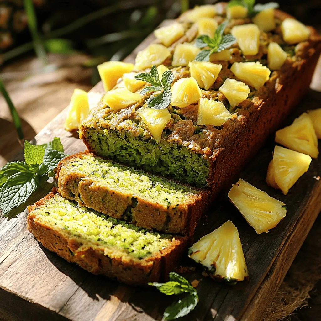 For the Moist Pineapple Zucchini Bread, you will need the following ingredients: - 1 cup grated zucchini - 1 cup crushed pineapple, well-drained - 1/2 cup granulated sugar - 1/2 cup brown sugar, packed - 1/2 cup vegetable oil - 2 large eggs - 1 teaspoon vanilla extract - 1 1/2 cups all-purpose flour - 1 teaspoon baking soda - 1/2 teaspoon baking powder - 1/2 teaspoon salt - 1 teaspoon ground cinnamon - 1/2 teaspoon ground nutmeg - Optional: 1/2 cup chopped walnuts or pecans - Optional: 1/2 cup shredded coconut This mix gives you a tasty blend of flavors. The zucchini adds moisture, while the pineapple brings sweetness. The sugars help create that soft texture you’ll love. If you want a crunch, try adding walnuts or pecans. For extra flavor, coconut is a great choice! All these ingredients work together to make a perfect loaf. Don’t skip the spices! They really enhance the taste. You can find the complete recipe for this delightful treat in the [Full Recipe]. Enjoy making this easy and moist bread! - Preheat the oven to 350°F (175°C). - Prepare the loaf pan with grease or parchment. This step helps the bread slide out easily. - Combine zucchini, pineapple, sugars, oil, eggs, and vanilla in a large bowl. - Mix them until smooth. The zucchini adds moisture, while pineapple gives sweetness. - In a separate bowl, whisk together flour, baking soda, baking powder, salt, cinnamon, and nutmeg. - This blend gives the bread its structure and flavor. - Gently incorporate dry ingredients into wet ingredients. - Stir until no dry flour is visible. Overmixing can make the bread tough. - Fold in walnuts or pecans and shredded coconut if desired. - These add crunch and extra flavor to your bread. - Pour the batter into your prepared pan and smooth the top. - Bake for 50-60 minutes. Check with a toothpick; it should come out clean or with a few moist crumbs. Enjoy the process! Each step brings you closer to a delicious loaf of pineapple zucchini bread. For the full recipe, check the details above. To get the best texture, avoid overmixing the batter. Mix just until the flour disappears. This will keep your bread light and fluffy. Make sure to drain the pineapple very well. Excess moisture can make the bread soggy. You can add coconut or nuts for an extra touch. Walnuts or pecans give a nice crunch. Shredded coconut adds moisture and flavor too. Always use fresh zucchini for better taste. Fresh zucchini brings out the natural sweetness in this bread. To check if the bread is done, use a toothpick. Insert it into the center of the loaf. It should come out clean or with a few moist crumbs. If it comes out wet, bake a little longer. Remember, a toothpick is your best friend here. For more details, refer to the Full Recipe. {{image_4}} You can make your bread even sweeter by adding other fruits. Bananas work great in this recipe. They add a soft texture and a rich flavor. Apples are another good choice. They bring a nice crunch and a hint of tartness. Just make sure to chop them into small pieces. This keeps the bread moist and tasty. If you want a gluten-free version, you can easily switch the flour. Use a gluten-free flour blend instead of all-purpose flour. This keeps the bread just as moist and delicious. Look for a blend that contains xanthan gum. It helps with the bread's texture and rise. Many brands offer great mixes. Want to add a kick to your bread? Try adding spices. Ginger gives a warm flavor that pairs well with the pineapple. Allspice adds a nice depth and warmth too. You can start with a half teaspoon of each. Adjust to your taste as you mix. These spices can make your bread stand out even more. For the full recipe, refer to the earlier section. Store your leftover bread in an airtight container at room temperature. This keeps it fresh and moist. If you notice it getting too dry, you can place a slice of bread in the container to help retain moisture. To freeze your bread, wrap it securely in plastic wrap first. Then, cover it with aluminum foil. This method prevents freezer burn and keeps the flavor intact. You can freeze the bread for up to three months. When you want to enjoy your bread again, warm slices in the microwave for about 15 seconds. Alternatively, use a toaster oven at medium heat until warm. This way, you bring back the fresh-baked taste. For the best flavor, serve it warm with a bit of butter. Yes, you can use frozen zucchini. Just make sure to thaw it first. Drain any extra water after thawing. Frozen zucchini works well but may change the bread's texture slightly. Fresh zucchini has a firmer bite and better flavor. When stored properly, the bread can last for about 3 to 5 days at room temperature. Keep it in an airtight container to keep it moist. If you notice any signs of mold, it's best to toss it. You can prepare the batter a day ahead. Just store it in the fridge until you are ready to bake. This helps the flavors blend nicely. You can also bake the bread ahead and store it. If you want to make this recipe vegan, you can use applesauce or mashed bananas as a substitute. Use 1/4 cup of either for each egg. Flaxseed meal mixed with water is another option. This recipe makes about 8 servings. Each slice is a nice portion for a snack or breakfast. You can slice it thicker or thinner based on your preference. To check for doneness, insert a toothpick into the center. If it comes out clean or with a few moist crumbs, your bread is ready. The top will also look golden brown, and the edges should start to pull away from the pan. This blog post shared a simple and tasty recipe for pineapple zucchini bread. You learned about the ingredients, step-by-step instructions, and tips for the best results. We also explored variations to customize your bread to your taste. Finally, we covered storage options to keep your bread fresh. Enjoy making this bread, experimenting with flavors, and sharing it with others. It’s a treat you will love every time!