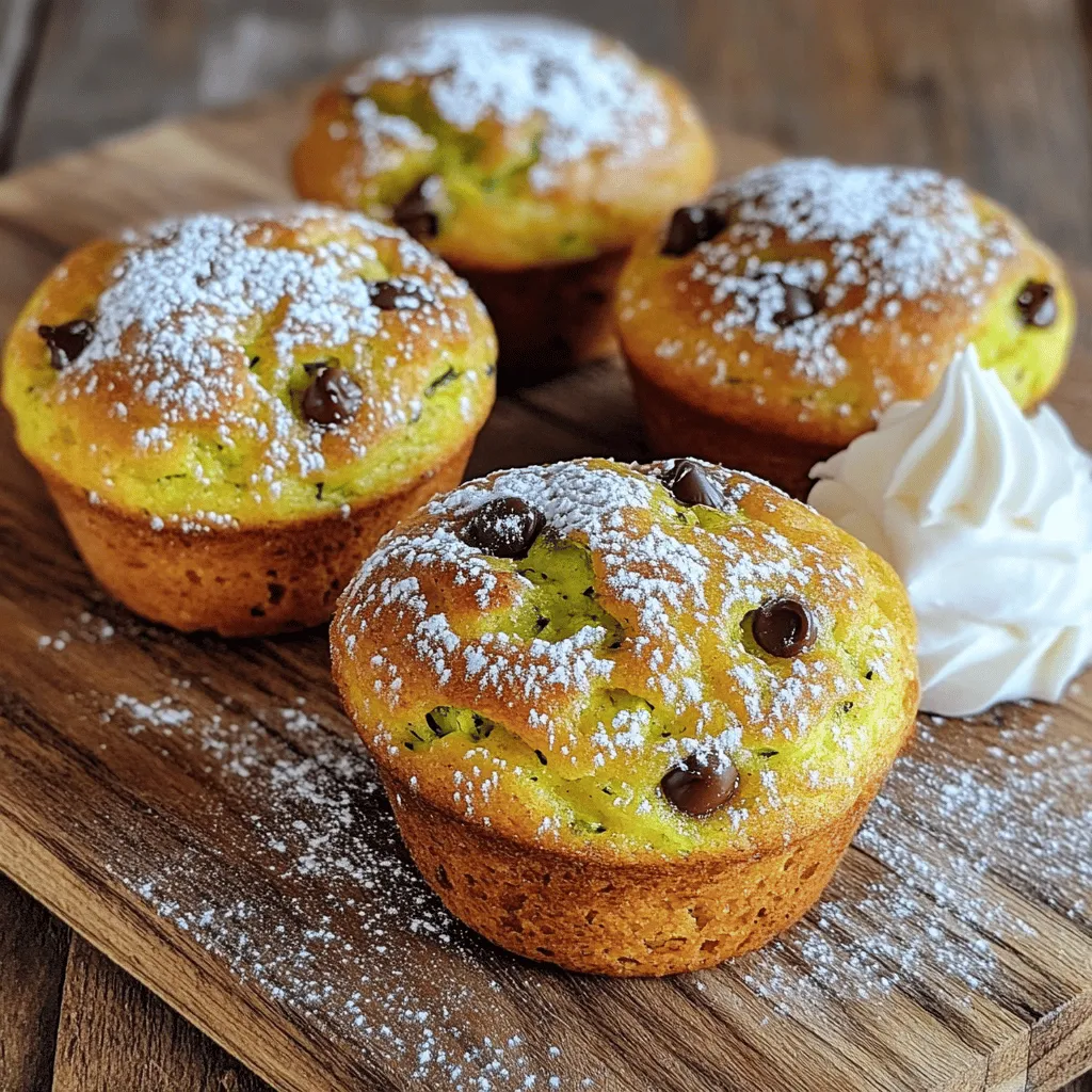 - 1 cup grated zucchini - 1 cup all-purpose flour - 1/2 cup whole wheat flour - 1/2 cup granulated sugar - 1/4 cup packed brown sugar - 1/2 cup unsweetened applesauce - 2 large eggs - 1 teaspoon pure vanilla extract - 1 teaspoon baking soda - 1/2 teaspoon baking powder - 1/2 teaspoon ground cinnamon - 1/4 teaspoon fine salt - 1 cup semi-sweet chocolate chips - Optional: 1/4 cup chopped walnuts or pecans These ingredients form the backbone of the best zucchini chocolate chip muffins. Grated zucchini adds moisture and nutrition. I suggest squeezing out the extra moisture for better texture. The mix of all-purpose and whole wheat flour gives a nice balance. Sugar adds sweetness, while applesauce keeps the muffins soft. Vanilla gives a warm flavor that everyone loves. The baking soda and powder help the muffins rise. Cinnamon adds a hint of spice and warmth. And trust me, the chocolate chips are the star of the show! You can also add nuts for crunch. They offer great texture and flavor. For the full recipe, you can follow along with the steps to create these delicious muffins. Enjoy baking! 1. Start by preheating your oven to 350°F (175°C). Grab a 12-cup muffin tin and line it with paper liners or spray it with non-stick spray. This helps the muffins release easily. 2. In a large bowl, mix together the grated zucchini, unsweetened applesauce, large eggs, and pure vanilla extract. Use a whisk to blend these until smooth and creamy. 3. In another bowl, whisk the all-purpose flour, whole wheat flour, granulated sugar, brown sugar, baking soda, baking powder, ground cinnamon, and fine salt. Make sure everything is well mixed for even flavor. 4. Slowly add the dry ingredients into the wet mixture. Gently fold them together with a spatula. Mix just until combined. Overmixing can make the muffins tough. 5. Now, fold in the semi-sweet chocolate chips and optional chopped nuts. This adds flavor and a nice crunch. 6. Use a scoop or spoon to fill each muffin cup about two-thirds full. Leave space at the top so the muffins can rise. 7. Place the muffin tin in the oven and bake for 18 to 20 minutes. Check for doneness by inserting a toothpick into the center. It should come out clean. 8. Once baked, remove the muffins from the oven. Let them cool in the tin for about 5 minutes. This helps set their shape. 9. Carefully transfer the muffins to a wire rack to cool completely. This step prevents sogginess. 10. For serving, enjoy these muffins warm. You can dust them lightly with powdered sugar or serve with whipped cream for an added treat. For more details on the ingredients, check the Full Recipe. - How to properly squeeze zucchini: Start by grating your zucchini. After grating, place it in a clean kitchen towel. Twist the towel to squeeze out excess water. This step is key for moist muffins without being soggy. - Avoiding overmixing for lighter muffins: When mixing your wet and dry ingredients, use a gentle folding motion. Stop mixing once no dry flour shows. Overmixing makes muffins dense, and we want them light and fluffy. - Temperature and baking time adjustments: If you live in a high-altitude area, lower your oven temperature by 25°F. Bake for 1-2 minutes longer. Keep an eye on your muffins; they are ready when a toothpick comes out clean. - Best muffin tin types: Choose a non-stick muffin tin for easy release. Silicone tins also work great for easy removal without sticking. If using metal, line with paper liners for best results. - Recommended mixing bowls and utensils: Use a large mixing bowl for your wet ingredients. A medium bowl works well for dry ingredients. A rubber spatula is perfect for folding the batter without overmixing. - Using fresh vs. store-bought ingredients: Fresh ingredients always taste better. Use fresh zucchini and high-quality chocolate chips. This makes a big difference in flavor. - Experimenting with spices: Try adding a pinch of nutmeg or cardamom to your batter. These spices can boost the flavor without overpowering the chocolate. Be creative! {{image_4}} If you want to make gluten-free zucchini chocolate chip muffins, use gluten-free flour. Look for a blend that works well for baking. Just swap the all-purpose flour and whole wheat flour with this mix. The muffins will still be tasty! For a vegan option, replace the eggs with flaxseed meal. Mix 1 tablespoon of flaxseed with 2.5 tablespoons of water. Let it sit for five minutes to thicken. You can also use plant-based applesauce instead of the regular kind. You can change the chocolate in these muffins to fit your taste. Try dark chocolate chips for a rich flavor or white chocolate for something sweet. Each type adds its own twist to the muffins. Adding fruits like blueberries or cranberries can brighten the taste. You could also toss in nuts, like walnuts or pecans, for extra crunch. These small changes bring new life to your muffins. In the fall, think about adding pumpkin to your muffins. Use one cup of pure pumpkin puree instead of some zucchini. This blend creates a warm, cozy flavor perfect for the season. In the summer, you can use fresh berries like raspberries or strawberries. They not only add color but also a burst of juicy flavor. These seasonal variations keep your muffins exciting all year round. For the complete recipe, you can refer to the Full Recipe above. To keep your zucchini chocolate chip muffins fresh, store them at room temperature. Use a sealed container or a zip-top bag. Make sure the muffins cool completely before sealing. This will help keep them soft and moist. For long-term storage, freeze your muffins. Wrap each muffin in plastic wrap, then place them in a freezer-safe bag. This keeps them fresh for up to three months. When you're ready to enjoy them, just take out what you need. The best way to reheat muffins is in the oven. Preheat your oven to 350°F (175°C). Place the muffins on a baking tray and heat for about 5 to 10 minutes. This method keeps them warm and tasty. You can also use the microwave. Heat each muffin for about 15 to 20 seconds. This is quick but may make them a bit dry. To keep moisture, cover the muffins with a damp paper towel while reheating. These muffins last about three days at room temperature. If you store them in the fridge, they can last up to a week. Always check for signs of spoilage, like mold or an off smell. If you see any, it's best to toss them out. Enjoy your delicious treats while they're fresh! Don't forget to check the Full Recipe for more details. How to store leftover muffins? I recommend placing leftover muffins in an airtight container. Keep them at room temperature for up to three days. For longer storage, freeze them in a freezer bag. Just remember to let them cool completely before freezing. Can I use frozen zucchini? Yes, you can use frozen zucchini! Just make sure to thaw it and squeeze out any extra water. This way, your muffins won’t get too wet. What can I substitute for applesauce? You can use mashed banana or yogurt as a substitute for applesauce. Both will keep your muffins moist and add a unique flavor. How do I know when the muffins are done baking? Insert a toothpick into the center of a muffin. If it comes out clean or with a few crumbs, they are done. If it has wet batter, bake them a few more minutes. Can I make this recipe in advance? Absolutely! You can prepare the batter a day in advance. Just cover it and store it in the fridge. Bake them fresh when you're ready! Why are my muffins dense? Dense muffins can happen if you overmix the batter or use too much flour. Be gentle when combining wet and dry ingredients. How to prevent muffins from sticking to the liners? To prevent sticking, use good-quality paper liners or lightly spray them with non-stick spray. You can also use silicone muffin cups for easy removal. What to do if muffins overflow during baking? If your muffins overflow, it may be due to filling them too full. Next time, fill each cup only two-thirds full. If they still overflow, you can trim the tops once they cool. In this blog post, we explored a delicious muffin recipe that uses simple ingredients. I shared how to mix, bake, and store these sweet treats. Plus, we discussed tips for perfect muffins and fun variations to try. Remember, you can easily adapt the recipe to fit your needs. Enjoy experimenting with flavors and share your results with others. Happy baking!