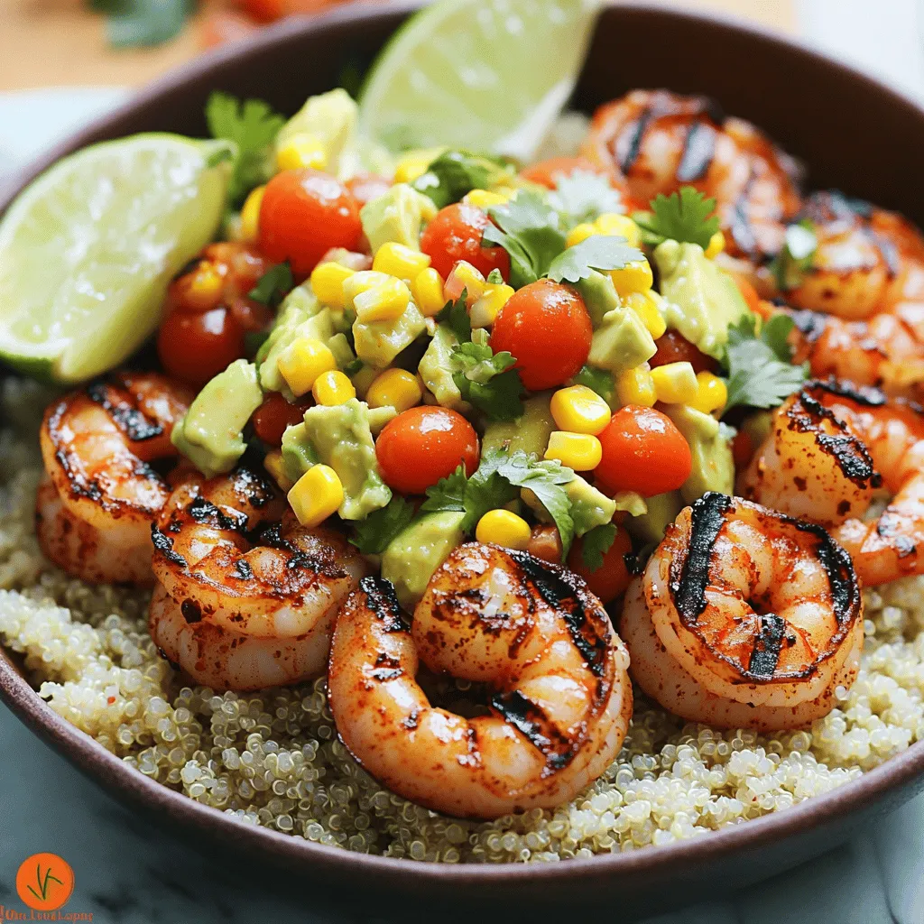 - 1 pound large shrimp, peeled and deveined - 2 tablespoons olive oil - 1 teaspoon smoked paprika - 1 teaspoon garlic powder - 1 teaspoon ground cumin - 1 ripe avocado, diced - 1 cup corn kernels (fresh, canned, or frozen) - 1 small red onion, finely chopped - 1 cup cherry tomatoes, halved - Juice of 1 lime - Salt and freshly ground black pepper to taste - Fresh cilantro leaves, for garnish - 1 cup cooked quinoa When making this grilled shrimp bowl, it's key to gather all your ingredients first. Start with the shrimp. Choose large shrimp for the best bite. They are easy to grill and absorb flavors well. Next, olive oil adds a nice richness to the dish. Smoked paprika gives a lovely smoky taste. Garlic powder adds depth, and cumin brings warmth. The avocado adds a creamy texture. Corn adds sweetness and crunch. Don't forget the red onion for a sharp bite. Cherry tomatoes bring a fresh burst of flavor. The lime juice brightens everything up. Salt and pepper will enhance all these tastes, and cilantro is a must for garnish. Finally, quinoa serves as a great base. You can find the full recipe at the end of this section. Gather these ingredients, and you are ready to create a delicious meal! - In a medium bowl, whisk together 2 tablespoons of olive oil, 1 teaspoon of smoked paprika, 1 teaspoon of garlic powder, 1 teaspoon of ground cumin, a pinch of salt, and freshly ground black pepper. - Add 1 pound of peeled and deveined shrimp to the bowl. Make sure each shrimp gets coated well with the marinade. - Cover the bowl with plastic wrap and refrigerate the shrimp for 15 to 20 minutes. This lets the flavors sink in. - In a separate bowl, combine 1 diced ripe avocado, 1 cup of corn kernels, 1 small finely chopped red onion, and 1 cup of halved cherry tomatoes. - Squeeze the juice of 1 lime over the mix and add a pinch of salt and pepper. - Gently stir the ingredients together with a spoon. Be careful not to mash the avocado. Set this aside to let it blend. - Preheat your grill to medium-high heat. If using wooden skewers, soak them in water for 30 minutes to avoid burning. - Thread the marinated shrimp onto the skewers in a single layer. - Grill the shrimp for 2 to 3 minutes on each side. They should turn opaque and look cooked through. - Start by adding a generous scoop of cooked quinoa to each serving bowl. - Carefully remove the shrimp from the grill and place them on top of the quinoa. - Spoon a hearty amount of the avocado corn salsa over the shrimp. Let it cascade down for a beautiful look. - Finally, sprinkle fresh cilantro leaves on top for a burst of flavor. For the full recipe, check the detailed instructions above. For the best flavor, marinate your shrimp for 15 to 20 minutes. This short time lets the shrimp soak in the spices. If you let them sit too long, they can become mushy. Keep the grill at medium-high heat. This temperature ensures the shrimp cook quickly and evenly. To keep your avocado fresh, use lime juice. The juice slows down browning. Store any leftover salsa in an airtight container. Press plastic wrap directly onto the surface to limit air exposure. This method helps maintain freshness. Pair your shrimp bowl with a side of black beans or a fresh green salad. These sides add color and complement the dish. For drinks, try a light beer or sparkling water with lime. To make your bowl look great, layer the quinoa, shrimp, and salsa neatly. A sprinkle of fresh cilantro on top adds a lovely touch. For more details, check out the Full Recipe. {{image_4}} You can switch shrimp for chicken or tofu. Chicken gives a hearty bite. Tofu offers a nice plant-based option. Both have great flavor when grilled. You may also try seafood like scallops or fish. Scallops cook fast and taste sweet. Fish adds a different texture and flavor. Each option can bring something new to your grilled shrimp bowl. If you like heat, add jalapeños to your corn salsa. They bring a nice kick. You can also change the spices in the marinade. Try adding chili powder or cayenne for some spice. Each tweak allows you to make the dish your own. You can turn the bowl into a wrap or taco. Use tortillas to hold all the goodies. It’s a fun way to serve this dish. You can also change the grain base. Instead of quinoa, use rice or farro. Each grain adds a different flavor and texture to your meal. To keep your grilled shrimp bowl fresh, store it right. First, let the bowl cool down. Then, place the shrimp and quinoa in a container. I use glass or BPA-free plastic containers. These keep the food fresh and avoid strong smells. Cover tightly to prevent air from getting in. When reheating, I recommend using the stovetop. Heat a non-stick pan over medium heat. Add a little olive oil, then add your shrimp and quinoa. Stir gently until warmed through. For the salsa, use a microwave. Heat it for just 15-20 seconds to keep its texture. Avoid overheating, or you may lose that fresh flavor! Yes, you can freeze this dish! However, I suggest freezing the shrimp and salsa separately. This keeps the textures nice. For shrimp, place them in a freezer-safe bag, removing as much air as possible. Salsa can go in a separate container. Label and date your containers so you remember when you made them. Enjoy your delicious grilled shrimp bowl later! For the full recipe, check out the detailed instructions! I suggest marinating the shrimp for 15 to 20 minutes. This time helps the shrimp soak up the flavors. If you marinate too long, the shrimp may become tough. A good balance is key for the best taste. Yes, you can prepare the salsa ahead of time. I recommend making it no more than 2 hours before serving. This keeps the avocado fresh and bright. If you make it too early, the avocado may brown and lose its nice color. You can use brown rice, couscous, or farro instead of quinoa. Each grain has a different cooking time. For brown rice, cook it for about 40 minutes. Couscous cooks quickly, needing just 5 minutes. Farro takes about 30 minutes to get tender. A gas grill works great for shrimp, but charcoal grills are also good. You can use grill baskets or skewers to keep the shrimp from falling through. If you have a grill mat, it will help too. Just make sure the grill is hot before you start cooking. Yes, this dish is gluten-free. All the main ingredients are gluten-free. Just ensure your quinoa and any store-bought items are labeled gluten-free. This way, you can enjoy this bowl without worry. This recipe makes 4 servings. If you need more, you can easily double the ingredients. Each bowl has a nice balance of shrimp, quinoa, and salsa, perfect for sharing. For the complete details on making the Grilled Shrimp Bowl with Avocado Corn Salsa, please refer to the Full Recipe. This blog post covered how to make a delicious grilled shrimp bowl. You learned about the main ingredients and exciting variations. I also shared tips for marinating shrimp and keeping salsa fresh. Remember that grilling shrimp takes just minutes, and you can customize your bowl easily. Whether you stick to shrimp or try chicken, the flavors are sure to impress. Enjoy creating your own version and delight in every bite!