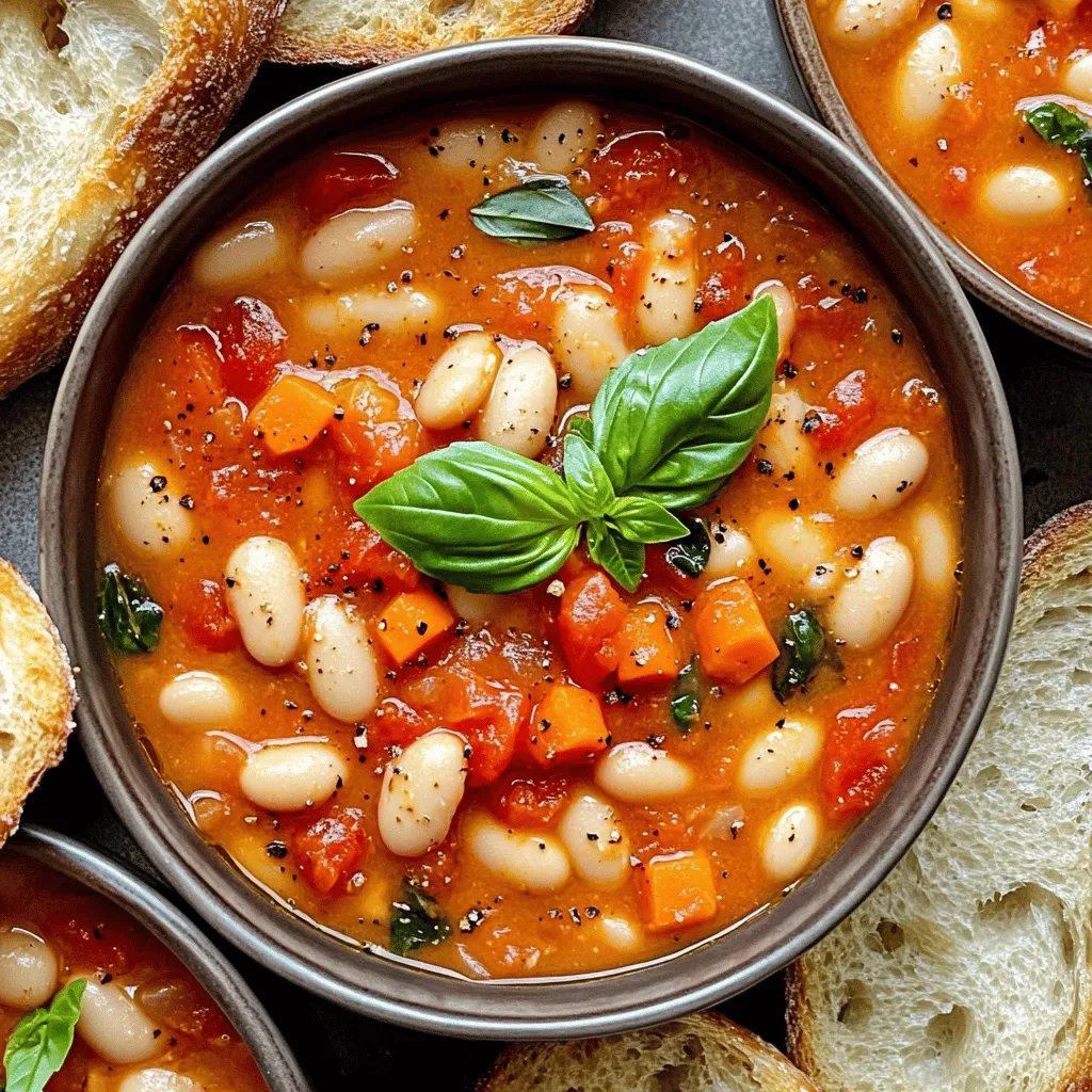 To make this creamy vegan tomato white bean stew, gather these key ingredients: - 1 tablespoon extra virgin olive oil - 1 medium onion, finely diced - 3 cloves garlic, minced - 2 medium carrots, peeled and diced - 1 red bell pepper, diced - 1 can (14 oz) crushed tomatoes - 1 can (15 oz) white beans (either cannellini or great northern), drained and rinsed - 2 cups vegetable broth - 1 cup canned coconut milk - 1 teaspoon dried basil - 1 teaspoon dried oregano - Salt and freshly ground black pepper, to taste - Fresh basil leaves for garnishing These ingredients work together to create a rich and hearty dish. - Olive oil: Healthy fats support heart health. - Onion: Provides antioxidants and adds flavor. - Garlic: Boosts the immune system and adds depth. - Carrots: Packed with vitamins and adds sweetness. - Red bell pepper: High in vitamin C and adds color. - Crushed tomatoes: Rich in lycopene, good for heart health. - White beans: Great source of protein and fiber. - Vegetable broth: Low-calorie and adds savory flavor. - Coconut milk: Provides creaminess and healthy fats. - Basil and oregano: Add flavor and have anti-inflammatory properties. - Salt and pepper: Enhance overall taste. - Fresh basil: Freshens the dish and adds aroma. These ingredients not only make a delicious stew but also pack a nutritious punch. You can easily swap ingredients to meet dietary needs: - Olive oil: Use avocado oil for a different flavor. - White beans: Substitute with chickpeas for a different texture. - Coconut milk: Almond milk can replace it for fewer calories. - Vegetable broth: Use homemade broth for better flavor. - Red bell pepper: Zucchini or spinach can add different textures. These substitutions keep the stew tasty while catering to various diets. For the full recipe, check the earlier section. To start, gather your ingredients. You will need: - 1 tablespoon extra virgin olive oil - 1 medium onion, finely diced - 3 cloves garlic, minced - 2 medium carrots, peeled and diced - 1 red bell pepper, diced - 1 can (14 oz) crushed tomatoes - 1 can (15 oz) white beans, drained and rinsed - 2 cups vegetable broth - 1 cup canned coconut milk - 1 teaspoon dried basil - 1 teaspoon dried oregano - Salt and freshly ground black pepper, to taste - Fresh basil leaves for garnishing Chop the onion, garlic, carrots, and red bell pepper. This helps the stew cook evenly. In a large pot, warm the olive oil over medium heat. Add the diced onion and sauté for 3–4 minutes. The onion should turn soft and fragrant. Next, mix in the minced garlic, diced carrots, and red bell pepper. Sauté for another 5–7 minutes until these veggies soften. Now, pour in the crushed tomatoes, white beans, and vegetable broth. Add the dried basil and oregano. Stir everything well to mix the flavors together. Increase the heat slightly and let it simmer for about 15 minutes. Stir occasionally so nothing sticks. After 15 minutes, lower the heat and stir in the coconut milk. This will make the stew creamy. Let it simmer for an extra 5–10 minutes, allowing the flavors to blend. Taste the stew and add salt and pepper as needed. For a deeper taste, allow the stew to simmer longer. Fresh herbs can enhance the flavor, so add a few sprigs of basil while cooking. Serve the stew in deep bowls, garnished with fresh basil leaves. This not only looks great but adds a fresh taste. For the full recipe, refer back to the Creamy Vegan Tomato White Bean Stew section. Enjoy your delicious creation! When making creamy vegan tomato white bean stew, avoid overcooking your vegetables. Cook them just until soft. If you cook them too long, they can lose their flavor and texture. Also, remember to use low-sodium vegetable broth to control salt levels. If you rush adding the coconut milk, it might curdle. Stir it in gently and let it heat slowly. Lastly, don’t skip tasting! Always adjust salt and pepper for the best flavor. If your stew is too thick, add a bit more vegetable broth or water. Stir well and heat until warm. For a thicker stew, let it simmer longer without a lid. This helps some liquid evaporate. If you want a creamier texture, blend a portion of the stew. Use an immersion blender directly in the pot. This adds a nice, smooth touch without losing the chunky goodness. To boost flavor, consider adding a splash of lemon juice or a teaspoon of balsamic vinegar. These add brightness. If you like spice, add red pepper flakes or diced jalapeños. You can also stir in fresh or dried herbs like thyme or rosemary for extra depth. For a protein boost, mix in some cooked quinoa or lentils. Enjoy customizing your stew! For the complete recipe, check the Full Recipe section. {{image_4}} You can easily switch up the protein in this stew. Instead of white beans, try using lentils. They cook fast and add a nice texture. Chickpeas are another great choice. They have a hearty bite and blend well with the creamy sauce. Tofu can also work well. Just cube it and add it in during cooking for a protein boost. Seasonal veggies can make this stew even better. In spring, try adding asparagus or peas for a fresh twist. In summer, zucchini or corn adds sweetness and color. Fall brings great options like sweet potatoes and squash. These veggies not only add flavor but also pack in extra nutrients. Just make sure to adjust cooking times as needed. Herbs can really change the flavor of your stew. If you love a fresh taste, add parsley or cilantro. For a bit of heat, consider fresh thyme or rosemary. If you want a more earthy flavor, try sage or dill. Mix and match to find your favorite blend. Each herb will give your stew a unique flair. For the complete recipe, check the [Full Recipe]. To store your creamy vegan tomato white bean stew, let it cool down first. Place it in an airtight container. This will help keep it fresh. Store it in the fridge. It will last for about 3 to 5 days. If you want to enjoy it later, freezing is a great option. To freeze the stew, use a freezer-safe container. Leave some space at the top for expansion. It can stay in the freezer for up to 3 months. Make sure to label the container with the date. This helps you keep track of how long it's been frozen. When you are ready to enjoy your stew again, thaw it in the fridge overnight. You can reheat it on the stove over low heat. Stir it often to avoid burning. If it seems too thick, add a splash of vegetable broth or water. This will help bring back its creamy texture. You can also use a microwave if you are in a hurry. Just heat it in short bursts, stirring in between. Enjoy your delicious stew! Yes, you can make this stew ahead of time. It tastes even better the next day! Store it in an airtight container in the fridge for up to three days. You can also freeze it for longer storage. Just thaw it overnight in the fridge when you're ready to eat. Heat it gently on the stove before serving. The flavors will meld and become richer, making each bite delightful. Absolutely! This creamy vegan tomato white bean stew is gluten-free. All the ingredients, from the beans to the coconut milk, are safe for a gluten-free diet. Always check labels of store-bought items like vegetable broth, just to be sure. You can enjoy this stew without worrying about gluten. This stew pairs well with many options. A slice of crusty bread is perfect for dipping. You can also serve it with a fresh salad for a light meal. Cooked grains like quinoa or rice add heartiness too. Feel free to get creative with sides. Each option enhances the stew's rich flavors, making your meal even more enjoyable. For the full recipe, check out the steps mentioned above. This blog post covers how to make a creamy vegan tomato white bean stew. You learned about key ingredients and their health benefits. I shared tips on cooking and avoiding common mistakes. You also saw variations, storage instructions, and answers to your questions. In summary, this stew is easy, healthy, and delicious. Enjoy experimenting with ingredients and flavors. You can make it your own!