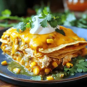 - 6 large Hatch chiles, roasted and peeled - 1 cup cooked shredded chicken or substitute with black beans for a vegetarian version - 1 cup corn kernels (frozen or fresh) - 1 cup black beans, rinsed and drained - 2 cups shredded Monterey Jack cheese - 1 cup salsa verde - 8 corn tortillas - 1 teaspoon ground cumin - 1 teaspoon garlic powder - ½ teaspoon salt - ½ teaspoon freshly cracked black pepper - Fresh cilantro for garnish - Sour cream for serving I love using Hatch chiles in my enchilada pie. Their unique flavor adds a nice kick. First, I roast and peel the chiles. This step brings out their sweet and smoky taste. You can find them fresh in late summer, or you can use canned chiles if needed. For protein, I often use shredded chicken. It blends well with other ingredients. If you prefer, you can swap it for black beans. This makes it a great vegetarian meal. Corn kernels add a pop of sweetness and texture. You can use frozen or fresh corn. Rinsed black beans bring more protein and fiber. They also help balance the dish. Cheese is key in this recipe. I use Monterey Jack cheese for its creamy melt. Salsa verde gives a burst of flavor and moisture. Corn tortillas hold everything together. Their mild taste lets the other flavors shine. Finally, I garnish with fresh cilantro and serve with sour cream. This adds freshness and creaminess to each bite. You can find the full recipe below for more details. - Preheat oven to 375°F (190°C). - Mix cooked shredded chicken (or black beans), corn, black beans, half of the cheese, and spices. First, you need to preheat your oven. Set it to 375°F. This step helps cook the enchilada pie evenly. Next, grab a large mixing bowl. In the bowl, combine your cooked shredded chicken or black beans. Add the corn and black beans. Stir in half of the shredded Monterey Jack cheese. Then, sprinkle in your spices—ground cumin, garlic powder, salt, and black pepper. Mix well until everything is combined. - Pour salsa verde in baking dish, layer tortillas, and spread chicken mixture. - Repeat layering process and finish with cheese. Now, take a 9x13-inch baking dish. Pour half a cup of salsa verde into the bottom. Spread it out evenly. Next, lay four corn tortillas over the salsa. Make sure the tortillas overlap slightly. This helps cover the dish. Now, take half of your chicken mixture and spoon it over the tortillas. Spread it evenly. Add half of the roasted Hatch chiles on top. Repeat this layering process. Place another four tortillas, the rest of the chicken mixture, and the rest of the chiles. Drizzle the remaining salsa verde on top. Finally, sprinkle the rest of the shredded cheese over everything. - Cover with foil and bake for 25 minutes, then uncover and bake until cheese is golden. Cover your baking dish with aluminum foil. This keeps moisture in while baking. Place it in your preheated oven. Bake for 25 minutes. After 25 minutes, carefully remove the foil. Bake for another 10 to 15 minutes. This helps the cheese melt and turn golden brown. Once done, take it out of the oven. Let it cool for about 5 minutes before slicing. This step helps the enchilada pie set. Enjoy! You can find the Full Recipe for more detailed instructions. To roast Hatch chiles, first, heat your oven to 450°F (232°C). Place the chiles on a baking sheet. Roast them for about 20 minutes. Turn them halfway through to get even char. The skin should be blistered and blackened. After roasting, place them in a paper bag for 10 minutes. This helps to steam off the skins. Once cool, peel and remove the seeds. When layering the ingredients, start with a thin layer of salsa verde. This prevents sticking. Use a spatula to spread the chicken mixture evenly. Make sure each layer has a good mix of flavors. This method ensures each bite is tasty. For a nice presentation, serve the enchilada pie in the baking dish. It gives a homey feel. You can also plate individual servings. Top with fresh cilantro for color. Add lime wedges on the side for a fresh kick. Pair your enchilada pie with simple sides like a green salad or Mexican rice. These sides balance the dish and add more flavor. You can also serve with guacamole or chips for a fun touch. {{image_4}} You can change this dish to fit your needs. For a vegetarian version, swap the chicken for black beans or tofu. Both options add protein and taste. If you need a gluten-free meal, use corn or rice tortillas. These tortillas work well and keep the flavors intact. Want to make it even tastier? Add spices like chili powder or smoked paprika. These spices bring out the heat and depth. You can also try different cheeses. Cheddar or pepper jack can add a nice twist to the flavor. Mixing cheeses gives you a fun taste adventure. For the full recipe, look here: [Full Recipe]. To store leftovers, let the enchilada pie cool down. Then, cover it tightly with plastic wrap or foil. This keeps it fresh and prevents it from drying out. You can also use an airtight container. In the fridge, the enchilada pie lasts for 3 to 4 days. Just remember to reheat only what you plan to eat. For freezing, you can do this before or after baking. If you freeze it before baking, wrap it well in plastic wrap and then foil. This helps to keep out air and moisture. If it’s already baked, let it cool first, then wrap it tightly. To reheat from frozen, place it in the oven at 350°F (175°C). Bake for about 45 minutes or until hot throughout. You might want to cover it with foil if the top browns too fast. Enjoy your meal later! Hatch chiles are a special type of green chile from New Mexico. They have a unique flavor that is smoky and sweet. I love using them in my Hatch Chile Enchilada Pie because they add depth and warmth. The summer harvest makes them fresh and vibrant, which enhances every bite. Yes, you can use other chiles if you cannot find Hatch chiles. Try poblano or Anaheim chiles for a similar taste. Remember, they may have a different heat level. Adjust the amount based on your spice preference. To make it spicier, add more chiles or use hotter varieties. You could also mix in some diced jalapeños or cayenne pepper. A little goes a long way, so start small and taste as you go. If you can't find Monterey Jack, you can use cheddar or pepper jack cheese. Both will melt well and add great flavor. Keep in mind that cheddar has a sharper taste, while pepper jack will add some heat. Yes! You can prepare the pie a day early. Just layer all the ingredients, cover it, and store it in the fridge. When you’re ready, bake it as directed. This makes serving easy and convenient. For the full recipe, check the earlier section. This recipe for Hatch Chile Enchilada Pie is simple and packed with flavor. You have fresh ingredients, easy steps, and fun variations. Remember to roast your chiles for the best taste. You can customize with beans or different cheese, making it your own. Whether serving it hot or saving leftovers, this dish remains tasty. Enjoy a dish that brings comfort, flavor, and satisfaction. Dive into making this pie and explore the joy of cooking.