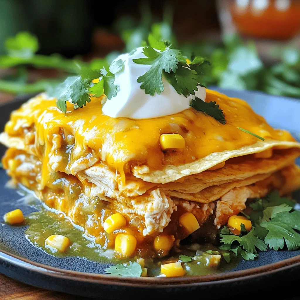 - 6 large Hatch chiles, roasted and peeled - 1 cup cooked shredded chicken or substitute with black beans for a vegetarian version - 1 cup corn kernels (frozen or fresh) - 1 cup black beans, rinsed and drained - 2 cups shredded Monterey Jack cheese - 1 cup salsa verde - 8 corn tortillas - 1 teaspoon ground cumin - 1 teaspoon garlic powder - ½ teaspoon salt - ½ teaspoon freshly cracked black pepper - Fresh cilantro for garnish - Sour cream for serving I love using Hatch chiles in my enchilada pie. Their unique flavor adds a nice kick. First, I roast and peel the chiles. This step brings out their sweet and smoky taste. You can find them fresh in late summer, or you can use canned chiles if needed. For protein, I often use shredded chicken. It blends well with other ingredients. If you prefer, you can swap it for black beans. This makes it a great vegetarian meal. Corn kernels add a pop of sweetness and texture. You can use frozen or fresh corn. Rinsed black beans bring more protein and fiber. They also help balance the dish. Cheese is key in this recipe. I use Monterey Jack cheese for its creamy melt. Salsa verde gives a burst of flavor and moisture. Corn tortillas hold everything together. Their mild taste lets the other flavors shine. Finally, I garnish with fresh cilantro and serve with sour cream. This adds freshness and creaminess to each bite. You can find the full recipe below for more details. - Preheat oven to 375°F (190°C). - Mix cooked shredded chicken (or black beans), corn, black beans, half of the cheese, and spices. First, you need to preheat your oven. Set it to 375°F. This step helps cook the enchilada pie evenly. Next, grab a large mixing bowl. In the bowl, combine your cooked shredded chicken or black beans. Add the corn and black beans. Stir in half of the shredded Monterey Jack cheese. Then, sprinkle in your spices—ground cumin, garlic powder, salt, and black pepper. Mix well until everything is combined. - Pour salsa verde in baking dish, layer tortillas, and spread chicken mixture. - Repeat layering process and finish with cheese. Now, take a 9x13-inch baking dish. Pour half a cup of salsa verde into the bottom. Spread it out evenly. Next, lay four corn tortillas over the salsa. Make sure the tortillas overlap slightly. This helps cover the dish. Now, take half of your chicken mixture and spoon it over the tortillas. Spread it evenly. Add half of the roasted Hatch chiles on top. Repeat this layering process. Place another four tortillas, the rest of the chicken mixture, and the rest of the chiles. Drizzle the remaining salsa verde on top. Finally, sprinkle the rest of the shredded cheese over everything. - Cover with foil and bake for 25 minutes, then uncover and bake until cheese is golden. Cover your baking dish with aluminum foil. This keeps moisture in while baking. Place it in your preheated oven. Bake for 25 minutes. After 25 minutes, carefully remove the foil. Bake for another 10 to 15 minutes. This helps the cheese melt and turn golden brown. Once done, take it out of the oven. Let it cool for about 5 minutes before slicing. This step helps the enchilada pie set. Enjoy! You can find the Full Recipe for more detailed instructions. To roast Hatch chiles, first, heat your oven to 450°F (232°C). Place the chiles on a baking sheet. Roast them for about 20 minutes. Turn them halfway through to get even char. The skin should be blistered and blackened. After roasting, place them in a paper bag for 10 minutes. This helps to steam off the skins. Once cool, peel and remove the seeds. When layering the ingredients, start with a thin layer of salsa verde. This prevents sticking. Use a spatula to spread the chicken mixture evenly. Make sure each layer has a good mix of flavors. This method ensures each bite is tasty. For a nice presentation, serve the enchilada pie in the baking dish. It gives a homey feel. You can also plate individual servings. Top with fresh cilantro for color. Add lime wedges on the side for a fresh kick. Pair your enchilada pie with simple sides like a green salad or Mexican rice. These sides balance the dish and add more flavor. You can also serve with guacamole or chips for a fun touch. {{image_4}} You can change this dish to fit your needs. For a vegetarian version, swap the chicken for black beans or tofu. Both options add protein and taste. If you need a gluten-free meal, use corn or rice tortillas. These tortillas work well and keep the flavors intact. Want to make it even tastier? Add spices like chili powder or smoked paprika. These spices bring out the heat and depth. You can also try different cheeses. Cheddar or pepper jack can add a nice twist to the flavor. Mixing cheeses gives you a fun taste adventure. For the full recipe, look here: [Full Recipe]. To store leftovers, let the enchilada pie cool down. Then, cover it tightly with plastic wrap or foil. This keeps it fresh and prevents it from drying out. You can also use an airtight container. In the fridge, the enchilada pie lasts for 3 to 4 days. Just remember to reheat only what you plan to eat. For freezing, you can do this before or after baking. If you freeze it before baking, wrap it well in plastic wrap and then foil. This helps to keep out air and moisture. If it’s already baked, let it cool first, then wrap it tightly. To reheat from frozen, place it in the oven at 350°F (175°C). Bake for about 45 minutes or until hot throughout. You might want to cover it with foil if the top browns too fast. Enjoy your meal later! Hatch chiles are a special type of green chile from New Mexico. They have a unique flavor that is smoky and sweet. I love using them in my Hatch Chile Enchilada Pie because they add depth and warmth. The summer harvest makes them fresh and vibrant, which enhances every bite. Yes, you can use other chiles if you cannot find Hatch chiles. Try poblano or Anaheim chiles for a similar taste. Remember, they may have a different heat level. Adjust the amount based on your spice preference. To make it spicier, add more chiles or use hotter varieties. You could also mix in some diced jalapeños or cayenne pepper. A little goes a long way, so start small and taste as you go. If you can't find Monterey Jack, you can use cheddar or pepper jack cheese. Both will melt well and add great flavor. Keep in mind that cheddar has a sharper taste, while pepper jack will add some heat. Yes! You can prepare the pie a day early. Just layer all the ingredients, cover it, and store it in the fridge. When you’re ready, bake it as directed. This makes serving easy and convenient. For the full recipe, check the earlier section. This recipe for Hatch Chile Enchilada Pie is simple and packed with flavor. You have fresh ingredients, easy steps, and fun variations. Remember to roast your chiles for the best taste. You can customize with beans or different cheese, making it your own. Whether serving it hot or saving leftovers, this dish remains tasty. Enjoy a dish that brings comfort, flavor, and satisfaction. Dive into making this pie and explore the joy of cooking.