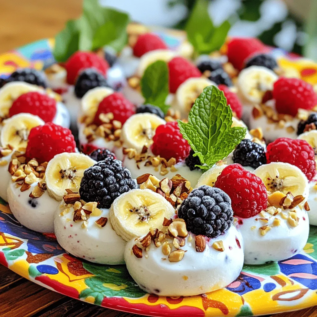To make these tasty bites, you need a few key items: - 2 cups plain Greek yogurt - 1 tablespoon honey (or maple syrup for a vegan choice) - 1/2 teaspoon vanilla extract - 1 cup mixed berries (like strawberries, blueberries, and raspberries) - 1/2 banana, sliced - 1/4 cup chopped nuts (such as almonds, walnuts, or pecans) - A pinch of sea salt These basic ingredients create a creamy and fruity treat that everyone will love. You can get creative with your yogurt bites. Here are some fun add-ins: - Chopped dark chocolate or chocolate chips - Coconut flakes for a tropical twist - Granola for extra crunch - Nut butters like almond or peanut for rich flavor Mixing in these items lets you tailor the frozen bites to your tastes. Toppings can take your yogurt bites to the next level. Try adding: - Crushed nuts for added texture - Fresh mint leaves for a pop of color - A drizzle of honey or chocolate sauce for sweetness These toppings make your frozen yogurt bites look and taste even better. Enjoy this simple recipe for a fun snack! For a full recipe, refer to the earlier section. 1. Start by mixing 2 cups of plain Greek yogurt. 2. Add 1 tablespoon of honey or maple syrup and 1/2 teaspoon of vanilla extract. 3. Sprinkle in a pinch of sea salt. 4. Stir until the mix is smooth and creamy. 5. Line a muffin tin with paper liners or use a silicone mold. 1. Spoon the yogurt mix into each lined cup, filling halfway. 2. Add 1 cup of mixed berries and 1/2 banana slices into each cup. 3. Press the fruit gently into the yogurt. 4. Top with 1/4 cup of chopped nuts for crunch. 5. Fill the cups with more yogurt, sealing in the toppings. 1. Place the muffin tin or molds in the freezer. 2. Freeze for at least 2 to 3 hours until solid. 3. To remove, run warm water over the outside of the tin. 4. Store bites in a sealed container in the freezer for up to a month. This simple process leads to delightful frozen yogurt bites. For the full recipe, check out the earlier section. Enjoy these tasty treats on a hot day! To get super creamy yogurt bites, you need to start with thick Greek yogurt. This type of yogurt has a rich texture that makes every bite smooth. Mix in honey or maple syrup for sweetness. This adds flavor and helps create a creamy mouthfeel. Always whisk your mixture well to avoid lumps. A smooth base leads to a better end result. One common mistake is overfilling the cups. Leave space at the top to allow for expansion when freezing. Another mistake is not pressing the fruit down enough. This can cause the fruit to float, making it hard to eat. Also, be sure to freeze them long enough. If they are not frozen solid, they will fall apart when served. For the best experience, serve your yogurt bites on a colorful platter. This adds a fun touch. You can also garnish them with fresh mint leaves for a pop of color. These bites are perfect as a cool snack on hot days. Enjoy them right away or keep them in a sealed container in the freezer. They make a great treat any time. {{image_4}} You can mix and match flavors to make your frozen yogurt bites unique. Try using mango, pineapple, or peaches for a tropical twist. You could also add a spoonful of cocoa powder for a chocolatey bite. For a nutty flavor, mix in almond or peanut butter with the yogurt. Don't be afraid to experiment! Some fun combos include: - Berry bliss: strawberries, blueberries, and raspberries - Tropical paradise: banana, pineapple, and coconut flakes - Nutty delight: almond butter, walnuts, and sliced bananas Want a vegan option? Substitute plain Greek yogurt with coconut yogurt or almond yogurt. Use maple syrup instead of honey. You can also add dairy-free chocolate chips for extra flavor. The same steps apply, but enjoy these bites without animal products. Vegan or not, they taste great! Get your kids involved! They love to help in the kitchen. Let them pick their favorite fruits and toppings. You can even use fun molds like animal shapes or stars. This way, healthy snacks become exciting treats. Try adding sprinkles or colorful cereal on top for extra fun. Making these yogurt bites can be a fun family activity! Freezing yogurt bites is easy. Use a muffin tin or silicone molds for best results. Once you fill them, place them in the freezer for at least 2 to 3 hours. After they are solid, transfer them into a sealed container. This keeps them fresh and ready to eat. Avoid stacking them too tightly. This helps prevent sticking. You can also layer parchment paper between bites for easy access. Homemade frozen yogurt bites last up to one month in the freezer. Make sure to check for any signs of freezer burn before eating. If they look cloudy or icy, it’s time to toss them. Always label your container with the date for easy tracking. This helps you enjoy the bites at their best quality. When you’re ready to enjoy your yogurt bites, take them out of the freezer. Let them sit for about 5 to 10 minutes at room temperature. This makes them easier to eat. If they are still too hard, you can run warm water over the outside of the container for a few seconds. Serve them on a colorful platter for a fun touch. For the full recipe, check out the details earlier. Enjoy your tasty treat! Yes, you can use various yogurts. Greek yogurt gives a thick and creamy texture. Regular yogurt works too, but it may not hold its shape as well. Non-dairy yogurts, like coconut or almond, are great options for vegan diets. Just check for added sugars or flavors. Choosing a plain yogurt lets you control the taste. If you lack a muffin tin, don’t worry! You can use silicone molds or ice cube trays. Simply spoon the yogurt mixture into these molds. Just make sure to line them with parchment paper if needed. This helps in easy removal after freezing. You can also use small cups or even candy molds for fun shapes. There are many tasty and healthy add-ins to try. Here are some ideas: - Chia seeds: Add crunch and fiber. - Granola: For extra texture and flavor. - Cocoa nibs: For a chocolatey twist. - Shredded coconut: Adds a tropical flair. - Nut butters: For a creamy, nutty taste. Mix and match your favorites to create a unique treat! You learned how to make easy frozen yogurt bites. We covered ingredients, steps, and tips. You can customize flavors and avoid common mistakes. Remember to store them well for the best taste. Enjoy making these bites with family and friends. Get creative with toppings and flavors. You have all the tools to create tasty treats. Dive into this fun project and enjoy every bite! Your kitchen awaits your frozen yogurt adventure.