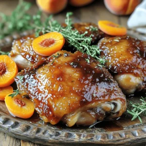 - 4 chicken thighs, bone-in and skin-on - 1/2 cup balsamic vinegar - 1/4 cup apricot preserves - 2 tablespoons Dijon mustard - 1 tablespoon extra virgin olive oil - 3 cloves garlic, finely minced - 1 teaspoon fresh rosemary, finely chopped (or 1/2 teaspoon dried rosemary) - Sea salt and freshly ground black pepper to taste - Fresh apricot slices and rosemary sprigs for garnish The chicken thighs are the heart of this dish. They provide rich flavor and juicy texture. I love using bone-in, skin-on thighs for this recipe. The bones keep the meat moist, while the skin crisps up nicely during cooking. Balsamic vinegar and apricot preserves create a sweet and tangy glaze. This mix adds depth to the chicken. The Dijon mustard brings a hint of spice that balances the sweetness. Garlic and rosemary give the dish fragrant notes that elevate the flavors. You can use other chicken cuts if you prefer. Skinless chicken breasts work but may cook faster. Drumsticks are also a great choice for a different texture. If you don’t have balsamic vinegar, try red wine vinegar or apple cider vinegar. Honey or peach preserves can replace apricot preserves. These swaps will still yield a tasty result. - Oven-safe skillet - Mixing bowls and measuring utensils An oven-safe skillet is key for this recipe. It lets you sear the chicken and transfer it straight to the oven. Mixing bowls are important for blending the marinade. Accurate measuring utensils ensure you get the right balance of flavors. Explore the [Full Recipe] for detailed steps to make this dish. To make the glaze, mix together a few key ingredients. In a bowl, combine the balsamic vinegar, apricot preserves, Dijon mustard, olive oil, minced garlic, and chopped rosemary. Whisk until everything blends well. This mixture gives the chicken a sweet and tangy flavor. Marinating the chicken is crucial. I recommend marinating for at least 1 hour. For even better taste, let it sit for 4 hours. The longer the chicken marinates, the more flavor it absorbs. Start by searing the chicken thighs. Heat a large oven-safe skillet over medium-high heat. Remove the chicken from the marinade, but save the marinade for later. Place the chicken in the hot skillet, skin-side down. Sear for about 5 to 7 minutes until the skin is golden and crispy. Flip the thighs and sear the other side for about 3 to 4 minutes. Next, bake the chicken. Pour the reserved marinade over the seared thighs. Transfer the skillet to the preheated oven set at 375°F (190°C). Bake for 25 to 30 minutes. Make sure the chicken reaches an internal temperature of 165°F (74°C). For the final touch, broil the chicken for 5 minutes. This step caramelizes the glaze, enhancing the flavors. Watch closely to prevent burning. When it’s time to serve, arrange the chicken on a large platter. Drizzle it with the glaze from the skillet. For a beautiful presentation, top with fresh apricot slices and sprigs of rosemary. Pair this dish with roasted vegetables or a fresh garden salad. These sides balance the meal nicely. If you want to try something different, serve the chicken over rice or quinoa for a hearty option. Enjoy your delicious Balsamic Apricot Glazed Chicken Thighs! For the full recipe, check out the complete guide above. To get that perfect caramelized finish on your chicken thighs, you need a hot pan. Start by searing the chicken skin-side down. This step creates a crispy layer. After searing, pour the marinade over the chicken and switch to broiling in the last few minutes. This high heat will enhance the glaze, giving it that shiny look. Balancing sweetness and acidity is key. Use equal parts balsamic vinegar and apricot preserves. You can adjust these to your taste. If you like it sweeter, add more apricot preserves. If you want more tang, add extra vinegar. Cooking time can vary based on the size of your chicken thighs. For thicker pieces, add a few more minutes to the oven time. Always check the internal temperature. The chicken should reach 165°F (74°C). If you have smaller pieces, reduce the cooking time to avoid drying them out. To avoid dry chicken, do not overcook. Let the chicken rest for a few minutes after taking it out of the oven. This helps keep the juices inside, making your chicken juicy and tender. You can boost the flavor by adding herbs and spices. Consider using thyme or sage for added depth. A pinch of garlic powder can also elevate the dish. Marinating is another great way to infuse flavors. The longer you marinate the chicken, the more flavor it absorbs. Aim for at least one hour, but four hours will give you a richer taste. You can use the Full Recipe for more details on marinating techniques. {{image_4}} For a twist, try different fruit preserves. You can use peach, mango, or even fig. Each fruit brings its own unique taste. This change can refresh the dish and surprise your guests. Want heat? Add chili flakes or hot sauce to the glaze. This will spice things up! The heat balances well with the sweet apricot. Just a pinch can make a big difference. You can grill or bake these chicken thighs. Grilling adds a smoky flavor that many love. Simply marinate the chicken and cook it on medium heat until done. If you prefer baking, follow the recipe steps. An Instant Pot or slow cooker works too! Just remember to adjust the cooking time. This method can make the chicken very tender. This chicken can shine on its own, but it also excels as a salad topping. Chop the cooked thighs and toss them over mixed greens. Add some nuts for crunch! You can also use the chicken in wraps or sandwiches. Pair it with fresh veggies and some cheese. The glaze will add a burst of flavor to your meal. For more details on making this dish, check the Full Recipe. To store leftovers, let the chicken cool completely. Place it in an airtight container. This helps keep it fresh. You can store it in the fridge for up to 3 days. If you want to enjoy it longer, consider freezing it. To freeze portions, wrap the chicken well in plastic wrap. Then, put it in a freezer bag. This prevents freezer burn. Balsamic apricot glazed chicken thighs can last up to 3 months in the freezer. When you're ready to eat, thaw the chicken in the fridge overnight. To reheat, bake it in the oven at 350°F until heated through. For meal prep, you can cook this chicken ahead of time. It works well for lunches or quick dinners. Pair it with sides like rice, quinoa, or roasted veggies for a balanced meal. These sides add color and nutrition, making your plate pop. Feel free to switch it up with different grains or greens each week. This keeps your meals exciting and fresh! For the full recipe, check back to create this delicious dish. To check if the chicken is done, use a meat thermometer. The internal temperature should reach 165°F (74°C). This ensures the chicken is safe to eat and juicy. You can also check doneness by cutting into the chicken. The juices should run clear, not pink. Make sure to avoid touching bones, as they can give false readings. Yes, you can marinate the chicken overnight. This longer marination adds more flavor and helps the chicken stay moist. If you have time, I recommend marinating for 4 to 8 hours for the best taste. Just don’t go over 24 hours, as it can change the texture. This dish goes well with many sides. Here are some ideas: - Roasted vegetables like carrots and brussels sprouts - Creamy mashed potatoes or garlic mashed cauliflower - A fresh garden salad with a light vinaigrette For drinks, try pairing with a crisp white wine or a sparkling water with lemon. These choices balance the sweet and tangy flavors of the chicken. For the complete recipe, check out the [Full Recipe]. In this blog post, we explored a delicious recipe for balsamic apricot glazed chicken thighs. We covered key ingredients, cooking steps, and helpful tips for perfecting the dish. Don't forget to try different flavor variations and cooking methods to suit your taste. Remember, marinating enhances flavor, while proper cooking ensures juicy chicken. Store your leftovers well for future meals. Experiment and enjoy making this dish as part of your meal prep. Your kitchen adventures will surely inspire tasty meals for you and your family!