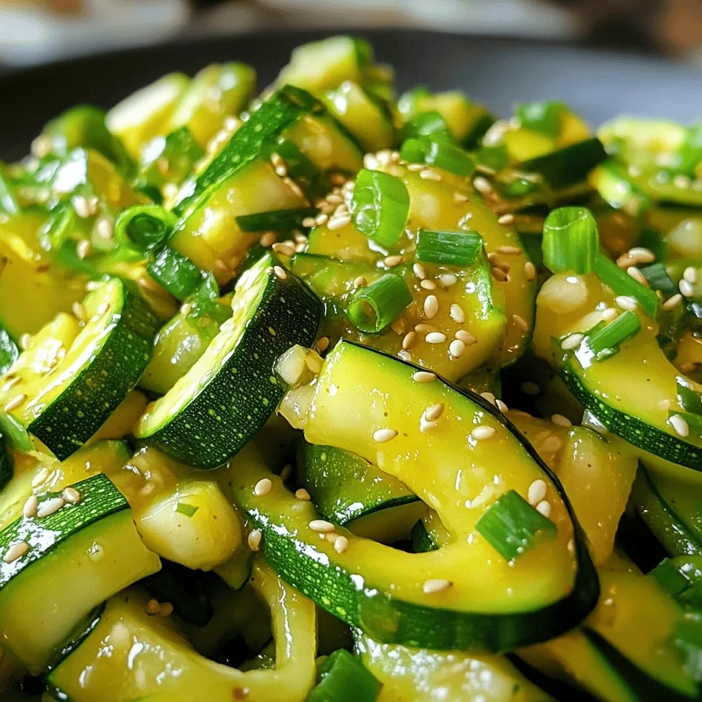 To make this dish, you need a few key ingredients. Here is what you will need: - 2 medium zucchinis, cut into thin julienne strips - 2 tablespoons sesame oil - 1 tablespoon soy sauce - 1 teaspoon minced garlic (about 1 clove) - 1 teaspoon grated fresh ginger - 1 tablespoon sugar (or honey for a twist) - 1 green onion, finely chopped - 1 teaspoon sesame seeds (for garnish) - Salt, to taste These ingredients create a tasty and healthy side dish. They combine to give a rich flavor that makes the zucchini shine. You can add some optional ingredients to boost the taste: - Red pepper flakes for heat - A splash of rice vinegar for tang - Chopped cilantro for freshness Using these extras can make your dish even better. Don't hesitate to experiment with flavors you enjoy! If you can't find a specific ingredient, here are some easy swaps: - Use olive oil instead of sesame oil for a different flavor. - Replace soy sauce with tamari for a gluten-free option. - If you don’t have fresh ginger, use ground ginger (just a pinch). These substitutes help keep the dish accessible. You can still enjoy a great Korean zucchini side dish even with these changes. For the complete recipe, check out the Full Recipe. Start by rinsing the zucchinis under cold water. This step cleans off any dirt. Next, cut off the ends of each zucchini. Slice them lengthwise into thin strips. You want these strips to be even for the best cooking. Then, cut the strips into julienne shapes. This will help the zucchini cook quickly and evenly. In a large skillet, heat 2 tablespoons of sesame oil over medium heat. You want the oil to shimmer. This shows it is hot and ready. Carefully add the julienned zucchini to the skillet. Sauté for about 2 to 3 minutes. Stir gently with a spatula so the zucchini does not break. The goal is to soften it while keeping a little crunch. Next, add 1 teaspoon of minced garlic and 1 teaspoon of grated fresh ginger. Pour in 1 tablespoon of soy sauce and mix well. Cook for another 2 minutes. This step helps the flavors blend. Now, sprinkle in 1 tablespoon of sugar. Stir until it dissolves. Let the dish caramelize lightly for 1 to 2 more minutes. This adds depth to the flavor. Once the zucchini is tender yet slightly crisp, take it off the heat. This stops further cooking. Fold in 1 finely chopped green onion and season with salt to taste. Adjust the salt based on your preference. Finally, transfer the vibrant zucchini mixture to a serving dish. For a nice touch, sprinkle 1 teaspoon of sesame seeds on top before serving. - Use fresh zucchini for the best taste. - Cut the zucchini evenly for uniform cooking. - Do not overcook the zucchini; it should stay crisp. - Experiment with honey instead of sugar for a twist. - Add a lime wedge on the side for a fresh burst of flavor. For the full recipe, check out the Korean Zucchini Delight section above. Enjoy your cooking! To get the best texture in your Korean zucchini side dish, focus on the thickness of your cuts. Slice the zucchini into thin julienne strips. This helps them cook quickly and stay crisp. When sautéing, keep the heat at medium. Cooking too fast can make them mushy. You want them tender but still with a bite. One common mistake is overcooking the zucchini. This can turn your dish into a mushy mess. Avoid this by watching the cooking time closely. Aim for about 2-3 minutes of sautéing. Another mistake is not seasoning enough. Taste as you go. This way, you can add salt or soy sauce to fit your flavor. To make your zucchini shine, try adding a splash of lime juice before serving. This gives a fresh twist. You can also experiment with toppings like crushed peanuts or chili flakes for heat. If you want a sweet touch, substitute sugar with honey. These simple changes can elevate your dish to new heights. For the full recipe, refer to the Korean Zucchini Delight. {{image_4}} You can enjoy Korean zucchini side dish in different ways. Grilling adds a smoky flavor. To grill, slice the zucchini into thicker strips. Brush them with sesame oil and grill each side for about three minutes. Stir-frying keeps the dish quick and easy. Just follow the steps in the Full Recipe for a great outcome. Don't be afraid to mix it up! Adding colorful veggies makes the dish pop. Carrots bring a sweet crunch and vibrant color. Simply julienne them like zucchini and add them to your skillet. Bell peppers add a nice crunch and flavor too. Chop them up and toss them in during cooking for a tasty twist. This dish pairs well with many meals. Serve it alongside grilled chicken or fish for a balanced plate. You can also enjoy it with rice, making it a satisfying main dish. For extra flair, add a lime wedge on the side; it brightens up the flavors. To keep your Korean zucchini side dish fresh, let it cool to room temperature. Once cooled, place it in an airtight container. This helps keep moisture out and flavors locked in. Store it in the fridge for up to three days. Use a clean spoon when serving to avoid introducing bacteria. When it's time to enjoy your leftovers, reheat them gently. I recommend using a skillet over medium heat. Add a splash of water or a little sesame oil to prevent sticking. Stir the zucchini often, heating until warm. This method helps keep the zucchini crisp and flavorful. If you want to save your zucchini dish for later, freezing is a great option. First, let the dish cool completely. Then, portion it into freezer-safe bags or containers. Make sure to remove as much air as possible before sealing. This will help prevent freezer burn. You can freeze it for up to three months. When you're ready to eat, thaw it in the fridge overnight and reheat as mentioned above. For the full recipe, check out Korean Zucchini Delight 🥒! Korean zucchini side dish is healthy and low in calories. Each serving has about: - Calories: 80 - Protein: 3g - Carbohydrates: 10g - Fat: 4g - Fiber: 2g This dish is packed with vitamins A and C. Zucchini provides hydration and antioxidants. It’s a great choice for a light meal. Yes, you can make this dish ahead of time. It tastes great even after chilling. Just store it in a sealed container in the fridge. The flavors blend well when left overnight. Reheat it in a skillet for best results. Absolutely! You can easily make this dish vegan. Simply replace the sugar with maple syrup or agave nectar. The rest of the ingredients are already plant-based. Enjoy this tasty side dish without any animal products. For the full recipe, check out the Korean Zucchini Delight. In this blog post, we covered everything you need for a tasty Korean zucchini side dish. You learned the required and optional ingredients, plus how to prep and cook your zucchini. I shared tips for perfect texture and common mistakes to avoid. You can explore variations with different cooking methods and find ways to store leftovers effectively. This dish is versatile and easy to enjoy. Try making it soon and add your twist!