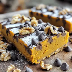 To make pumpkin chocolate chip bars, you need some key ingredients that bring flavor and texture. Here’s what you need: - 1 cup pumpkin puree (you can use canned or homemade) - 1 cup brown sugar, firmly packed - 1/2 cup granulated sugar - 1/2 cup vegetable oil (or melted coconut oil for a twist) - 3 large eggs - 1 teaspoon vanilla extract - 1 1/2 cups all-purpose flour - 1 teaspoon baking soda - 1 teaspoon baking powder - 1 teaspoon ground cinnamon - 1/2 teaspoon ground nutmeg - 1/2 teaspoon salt - 1 cup chocolate chips (semi-sweet or dark, your choice) - 1/2 cup chopped walnuts (optional) These ingredients work together to create a moist and flavorful bar. The pumpkin adds moisture and a subtle taste, while the sugars give sweetness. The chocolate chips add a rich, melty contrast. If you want to make this treat a bit healthier, consider these swaps: - Use whole wheat flour instead of all-purpose flour for more fiber. - Replace granulated sugar with coconut sugar for a lower glycemic index. - Substitute applesauce for some or all of the oil to reduce fat. - Use dark chocolate chips to add antioxidants and lower sugar content. These changes keep the bars tasty while making them a bit better for you. Want to make your bars even more special? Try adding some of these optional ingredients: - 1/2 teaspoon ground ginger for a warm spice kick. - 1/2 teaspoon cloves for an extra layer of flavor. - A handful of dried cranberries or raisins for added sweetness. - A sprinkle of sea salt on top for a sweet and salty combo. These additions can elevate your pumpkin chocolate chip bars and make them unique. For the full recipe, check out the detailed steps to create these delicious treats! Start by preheating your oven to 350°F (175°C). Grab a 9x13 inch baking pan. You can grease it and lightly flour it. Alternatively, use parchment paper for easy removal later. This step is key for perfect bars! In a large mixing bowl, add the pumpkin puree, brown sugar, and granulated sugar. Next, pour in the vegetable oil and crack in the eggs. Add the vanilla extract for extra flavor. Use a whisk or electric mixer to blend this mixture until smooth and creamy. Make sure everything is well combined. In a separate medium bowl, whisk together the flour, baking soda, baking powder, cinnamon, nutmeg, and salt. This helps to evenly distribute the dry ingredients. Gradually sift this mix into your wet ingredients. Stir gently with a wooden spoon or spatula. Mix until combined, but don't overdo it. This keeps your bars light and fluffy. Once combined, fold in the chocolate chips and walnuts if you’re using them. This adds nice texture. Pour the batter into your prepared pan. Use a spatula to spread it evenly. Then, place the pan in your preheated oven. Bake for 25-30 minutes. To check if they are done, insert a toothpick into the center. It should come out clean or with a few moist crumbs. After baking, remove the pan from the oven. Let the bars cool in the pan for about 10-15 minutes. Then, transfer them to a wire rack. Allow them to cool completely before cutting into squares. For a special touch, dust the top with powdered sugar and drizzle melted chocolate over them. Enjoy your delicious creation! For the full recipe, refer back to the ingredients section. To get the best texture for your pumpkin chocolate chip bars, focus on mixing. When you mix the wet ingredients, ensure they blend until smooth. If the batter is too thick, it can lead to dense bars. Mixing the dry ingredients separately helps avoid lumps. When you combine the wet and dry, stir gently. Overmixing can make them tough. The goal is a light and fluffy texture that melts in your mouth. One common mistake is using too much flour. Spoon the flour into the measuring cup and level it off. If you pack it down, you may end up with dry bars. Another mistake is baking for too long. Keep an eye on the timer. Check for doneness at 25 minutes. If a toothpick comes out clean, it’s ready. Letting them cool too long in the pan can also affect moisture. Adding spices can make your bars pop! Besides cinnamon and nutmeg, try adding ginger or cloves for extra warmth. You can also play with the ratios. If you love cinnamon, add a little more. These spices enhance the pumpkin flavor and make the bars feel cozy. Experiment and find your perfect blend. Each spice adds its own charm, making every bite a delightful surprise. {{image_4}} To make vegan pumpkin chocolate chip bars, swap the eggs with flax eggs. Mix 1 tablespoon of flaxseed meal with 2.5 tablespoons of water for each egg. Let it sit for about 5 minutes to thicken. Use plant-based oil like coconut oil. Check if your chocolate chips are dairy-free. This keeps the bars vegan-friendly without losing flavor. If you need gluten-free bars, just replace all-purpose flour with gluten-free flour. You can use a 1:1 gluten-free blend for best results. Make sure your baking powder and other ingredients are gluten-free. This variation keeps the same great taste and texture. You can change the flavor of your bars by adding other mix-ins. Try chopped nuts like pecans or almonds. Dried fruit like cranberries or raisins work great too. For a fun twist, add white chocolate chips or butterscotch chips. These mixes create new flavors and textures in every bite. For the full recipe, check the previous section. Each of these variations lets you enjoy pumpkin chocolate chip bars in new ways! To keep your pumpkin chocolate chip bars fresh, store them in an airtight container. This helps prevent them from drying out. Place parchment paper between layers if you stack them. Store at room temperature for up to three days. If you want them to last longer, refrigerate them. They stay fresh in the fridge for about a week. Freezing is a great option for longer storage. First, let the bars cool completely. Then, wrap them tightly in plastic wrap. Place the wrapped bars in a freezer-safe bag or container. Label it with the date. They can last up to three months in the freezer. When you're ready to enjoy them, simply thaw them in the fridge overnight. Reheating your pumpkin chocolate chip bars is easy. You can use the microwave or the oven. For the microwave, place one bar on a plate and heat it for about 15-20 seconds. For the oven, preheat it to 350°F (175°C). Place the bars on a baking sheet and warm them for about 10 minutes. This will bring back the soft texture and make the chocolate melt just right. Enjoy your warm bars! Pumpkin chocolate chip bars can last about five days at room temperature. Store them in an airtight container to keep them fresh. If you want them to last longer, put them in the fridge. They can stay good for up to a week in the fridge. For even longer storage, you can freeze them. They will keep well for up to three months in the freezer. Yes, you can use fresh pumpkin instead of canned. To do this, you need to cook and puree the pumpkin first. Cut the pumpkin in half, remove the seeds, and bake it until soft. Then scoop out the flesh and mash it until smooth. This fresh pumpkin will add a nice flavor to your bars. If you want to change things up, there are many options. You can use white chocolate chips for a sweeter taste. Or try dark chocolate chips for a richer flavor. You can also use dried fruit like cranberries or raisins. Nuts, like pecans or walnuts, can add crunch instead of chocolate. Pumpkin chocolate chip bars can be a healthier dessert choice. Pumpkin is full of vitamins and fiber. It can help you feel full for longer. You can also reduce sugar by using less or swapping it for a natural sweetener. Adding nuts can boost the protein and healthy fats in your bars. Pumpkin chocolate chip bars are tasty and fun to make. We covered key ingredients, from essentials to healthier swaps. I shared easy steps to bake and cool your bars for perfect results. Tips on texture and flavor enhancements can help you avoid mistakes. You can also explore delicious variations for everyone, including vegan and gluten-free options. With the right storage, your bars will stay fresh. Now, it’s time to bake and enjoy these delicious treats!