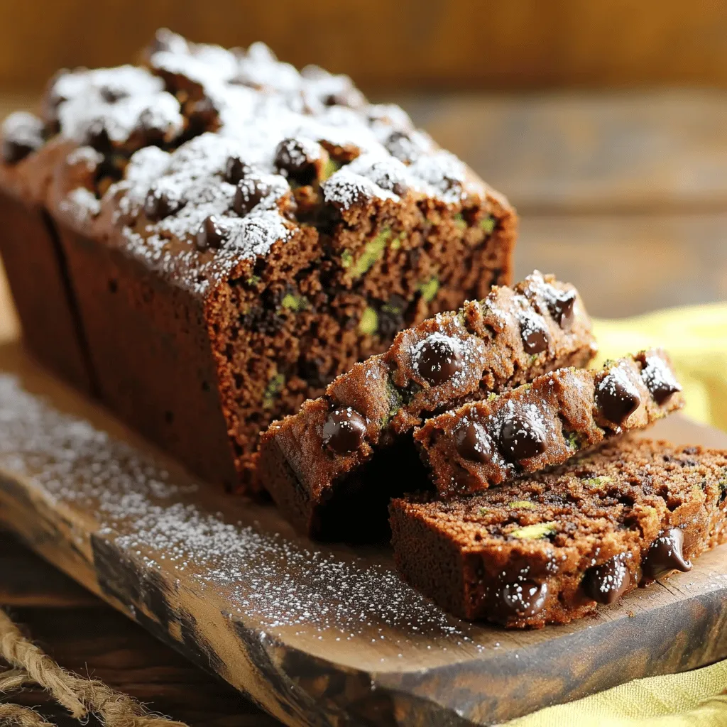 - 2 medium zucchinis, grated - 1 cup all-purpose flour - 1 cup whole wheat flour - 1 teaspoon baking soda - 1 teaspoon baking powder - ½ teaspoon salt - 1 teaspoon ground cinnamon - ½ teaspoon ground nutmeg - 1 cup brown sugar, packed - ½ cup granulated sugar - 2 large eggs - ½ cup vegetable oil - 1 teaspoon vanilla extract - 1 cup semi-sweet or dark chocolate chips - ½ cup chopped walnuts or pecans (optional) Grated zucchini measurement tips: When you grate zucchini, aim for about 1 ½ cups. This gives the perfect moisture and texture. Recommended flour alternatives: You can swap all-purpose flour with almond flour for a gluten-free option. Oat flour also works well! Sugar substitutes for a healthier version: Try using coconut sugar or a sugar substitute like stevia. This keeps your bread sweet but lighter. Using these tips, you can customize your Chocolate Chip Zucchini Bread to fit your taste and dietary needs. Let's make this bread delightful! For the complete instructions on how to bake it, check out the Full Recipe. 1. Preheat your oven to 350°F (175°C). This helps the bread cook evenly. 2. Grease a 9x5-inch loaf pan or line it with parchment paper. This makes removal easy. 3. Grate two medium zucchinis until you have about 1 ½ cups. 4. Place the grated zucchini in a bowl with a pinch of salt. Let it rest for 10 minutes. 5. Squeeze the zucchini in a clean kitchen towel. This removes extra moisture for a better texture. 1. In a separate bowl, mix the dry ingredients. Combine 1 cup of all-purpose flour, 1 cup of whole wheat flour, 1 teaspoon baking soda, 1 teaspoon baking powder, ½ teaspoon salt, 1 teaspoon ground cinnamon, and ½ teaspoon ground nutmeg. Stir well to ensure they are blended. 2. In a large bowl, blend the wet ingredients. Mix 1 cup of packed brown sugar, ½ cup of granulated sugar, and 2 large eggs. Whisk until smooth. 3. Add ½ cup of vegetable oil and 1 teaspoon of vanilla extract. Continue to mix until everything is smooth and creamy. 1. Gradually add the dry mixture to the wet mixture. Stir gently until just combined. 2. Avoid over mixing, as this can make the bread dense. A few lumps are okay. 3. Gently fold in the drained zucchini, 1 cup of chocolate chips, and ½ cup of chopped walnuts or pecans, if you want. Make sure everything is evenly distributed. 4. Pour the batter into the prepared loaf pan. Use a spatula to smooth the top. These steps will lead you to a moist and delicious Chocolate Chip Zucchini Bread. For more details, check the Full Recipe. To make your Chocolate Chip Zucchini Bread moist, remember these tips: - Use fresh zucchini: Freshness gives the best flavor and moisture. - Drain well: After grating, squeeze out excess water. This prevents sogginess. - Don’t over mix: Stir just until combined. Over mixing makes the bread dense. For baking, set your oven to 350°F (175°C). Bake for 50-60 minutes. Check with a toothpick; it should come out clean. If your bread turns out dense, here are solutions: - Check your mixing: Over mixing can create a heavy loaf. - Measure accurately: Too much flour will also add weight. If the bread is overcooked, it can be dry. - Lower the heat: Try baking at 325°F (160°C) next time. - Use a timer: Start checking at 45 minutes to avoid overbaking. If undercooked, bake longer. - Cover with foil: If the top browns too fast, cover it. When serving Chocolate Chip Zucchini Bread, slice it warm or at room temperature. - Presentation: A light dusting of powdered sugar makes it pretty. - Plating: Use a rustic wooden board for a charming look. For drinks, pair it with: - Coffee: It complements the chocolate well. - Tea: Herbal or cinnamon tea works nicely. Enjoy your delightful treat! If you want the full recipe, check it out here! {{image_4}} You can boost the taste of your Chocolate Chip Zucchini Bread with some fun additions. Spices like ginger or cardamom can add warmth and depth. Just a pinch can change the whole flavor. You can also mix in dried fruit. Raisins or cranberries work well. They add a nice chewiness and a hint of sweetness. If you need a gluten-free version, replace the flours with a gluten-free blend. Make sure it has xanthan gum for the right texture. For a vegan version, swap the eggs for flax eggs. Use unsweetened applesauce in place of the oil. This keeps the bread moist and tasty. You can change the flavors based on the season. In autumn, use nutmeg and cinnamon. These spices bring out cozy vibes. For winter holidays, think about adding festive ingredients. Chopped nuts or even a dash of peppermint can make it special. These variations keep your bread exciting all year long! Store your leftover chocolate chip zucchini bread at room temperature for up to three days. Keep it in an airtight container to maintain its moisture. You can also refrigerate it, which extends its freshness to about a week. If you choose the fridge, wrap the bread in plastic wrap and place it in a container. This will keep it from drying out. To freeze your zucchini bread, let it cool completely first. Slice it into pieces for easy access later. Wrap each slice tightly in plastic wrap, then place them in a freezer bag. This way, you can grab one slice at a time. When you want to enjoy it, thaw it in the fridge overnight or at room temperature for a few hours. You can also reheat it in the microwave for about 15 seconds. Chocolate chip zucchini bread lasts about three days at room temperature. In the fridge, it can stay fresh for up to a week. If you freeze it, it can keep for about three months. Look for signs of spoilage, like a sour smell or mold. If it feels dry or hard, it’s time to toss it out. Enjoy your delicious bread while it’s fresh! For the full recipe, you can refer back to the earlier section. Can I use frozen zucchini? Yes, you can use frozen zucchini. Just make sure to thaw it first. Squeeze out as much water as you can. This helps keep the bread from being too wet. What if I don’t have whole wheat flour? If you don’t have whole wheat flour, you can use all-purpose flour instead. The bread will still taste great, but it may be less nutritious. Why does zucchini bread need to be squeezed? Zucchini has a lot of water. If you don't squeeze it, the bread may turn out soggy. Squeezing removes excess moisture, giving you a better texture. Can I add more chocolate chips? Absolutely! You can add more chocolate chips if you love chocolate. Just be careful not to make the batter too thick. How can I adjust sweetness levels? You can reduce the sugar if you want less sweetness. Try using half a cup of brown sugar instead of a full cup. Taste the batter to find your perfect level. What nuts pair best with this recipe? Chopped walnuts or pecans work well. They add a nice crunch and flavor. You can also try almonds for a different twist. For the complete recipe, check out the Full Recipe! This blog post covered everything you need for great Chocolate Chip Zucchini Bread. We explored ingredients, mixing tips, and storage methods. You learned about measurements, possible substitutions, and serving ideas. I shared tricks to solve common baking problems. In the end, baking should be fun and rewarding. With this guide, you’re ready to make tasty bread. Enjoy sharing it with friends and family!