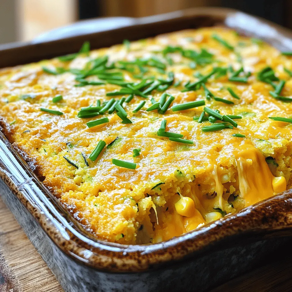 To make a tasty Zucchini Cornbread Casserole, gather these items: - 2 medium zucchinis, finely grated - 1 cup corn kernels (fresh or frozen) - 1 cup buttermilk - 1 large egg - 1 cup cornmeal - 1 cup all-purpose flour - 2 teaspoons baking powder - 1 teaspoon baking soda - 1 teaspoon salt - ½ teaspoon freshly ground black pepper - 1 cup shredded sharp cheddar cheese - 1 tablespoon fresh chives, chopped (optional) - 1 tablespoon extra virgin olive oil You can swap some ingredients based on your needs. Here are a few ideas: - Cornmeal: Use whole wheat flour for a denser texture. - Buttermilk: Mix milk with vinegar or lemon juice to make a substitute. - Cheese: Try mozzarella or pepper jack for different flavors. - Zucchini: Substitute with yellow squash for a similar taste. This casserole is not only tasty but also nutritious. Here’s a quick look at its benefits: - Calories: About 200 per serving - Protein: 8 grams - Fiber: 3 grams - Fat: 9 grams, mainly from cheese and olive oil - Vitamins: High in Vitamin A, thanks to zucchini and cheese These details help you make healthy choices while enjoying your meal. For the full recipe, check the earlier section. 1. Preheat the Oven: Set your oven to 350°F (175°C). Grease a 9x13 inch baking dish with olive oil. This helps the casserole not stick. 2. Prepare the Vegetables: In a bowl, mix the grated zucchini and corn kernels. Let it sit for about 10 minutes. This time allows the zucchini to lose extra water. 3. Mix Wet Ingredients: In another bowl, whisk the buttermilk and egg together. This mixture adds moisture and taste to your casserole. 4. Combine Dry Ingredients: In a third bowl, sift cornmeal, flour, baking powder, baking soda, salt, and pepper together. This step helps them blend well. 5. Merge Mixtures: Fold the wet mix into the dry mix. Stir gently until just combined. Avoid overmixing; it can ruin the texture. 6. Incorporate Vegetables and Cheese: Fold in the zucchini and corn mix. Then add the cheese and chives if you like. Ensure everything mixes well. 7. Transfer to Baking Dish: Pour the batter into the greased dish. Use a spatula to level the top for even baking. 8. Bake to Perfection: Place your dish in the oven. Bake for 30-35 minutes. Look for a golden brown top. Insert a toothpick into the center. If it comes out clean, your casserole is ready. - Check the color: A nice golden brown means it is likely done. - Use the toothpick test: If the toothpick is clean, it’s ready. - Let it cool: Allow the casserole to sit for a few minutes before cutting. This helps it firm up. You can find the full recipe with all the steps and details to make this dish perfect! Enjoy making your Zucchini Cornbread Casserole. When making zucchini cornbread casserole, it’s easy to make some mistakes. One common mistake is not draining the zucchini properly. If you skip this step, your casserole may turn out too watery. Also, avoid overmixing your batter. This can make the casserole dense instead of light. Lastly, check your oven temperature. An oven that is too hot can burn the top before the inside cooks. To boost flavors in your casserole, try adding spices like garlic powder or paprika. You can also mix in fresh herbs such as basil or thyme. These herbs add depth and freshness. A hint of cayenne pepper can bring some heat. If you love cheese, experiment with different types. Monterey Jack or pepper jack can give a new twist to the dish. Serve your casserole warm for the best taste. It pairs well with a fresh salad or grilled veggies. For a heartier meal, try serving it with chili or a side of pulled pork. You can top each serving with sour cream or yogurt for creaminess. A sprinkle of extra chives can add color and freshness. For the full recipe, click here: [Full Recipe]. {{image_4}} You can easily make this dish gluten-free. Substitute the all-purpose flour with a gluten-free flour blend. Make sure the cornmeal is also certified gluten-free. This simple swap keeps the tasty flavor while making it suitable for those with gluten issues. For more flavor and texture, add extra veggies. Chopped bell peppers or diced onions work well. You can also mix in cooked spinach or kale. These options boost nutrition and add variety to your casserole. Feel free to get creative with herbs too. Fresh basil or oregano can enhance the taste. If you like heat, add some diced jalapeños or crushed red pepper flakes. Just a teaspoon can change the flavor profile. For a smoky touch, try adding smoked paprika. This will elevate your Zucchini Cornbread Casserole to a whole new level of deliciousness. For the full recipe, check out the detailed steps above. To store your Zucchini Cornbread Casserole, let it cool first. Place it in an airtight container. This keeps it fresh and moist. You can store it in the fridge for up to three days. If you want to keep it longer, freezing is a great option. When you're ready to eat leftovers, preheat your oven to 350°F (175°C). Place the casserole in a baking dish. Cover it with foil to keep it from drying out. Heat for about 15 to 20 minutes. You can also microwave individual portions. Heat in 30-second intervals until warm. If you want to freeze the casserole, cut it into portions first. Wrap each piece tightly in plastic wrap. Then, place them in a freezer-safe bag or container. Label the bag with the date. The casserole can freeze well for up to three months. When ready to eat, thaw it overnight in the fridge before reheating. Yes, you can use different cheeses. If you prefer a milder taste, try mozzarella. For a creamier dish, use Monterey Jack. Feta adds a tangy kick. Just remember, each cheese will change the flavor a bit. Always choose cheese that melts well for the best texture. Zucchini Cornbread Casserole lasts about 3 to 5 days in the fridge. Make sure to store it in an airtight container. This helps keep it fresh and tasty. Always check for any signs of spoilage before eating leftovers. If you want to keep it longer, freezing is a good option. This casserole pairs well with many dishes. Try serving it with a simple green salad. Grilled chicken or fish also makes a great match. For a comforting touch, add a bowl of chili on the side. You can even enjoy it with some hot sauce for an extra kick. Explore these options to find your favorite combinations. You can find the Full Recipe for more details. This post covered all you need for a great Zucchini Cornbread Casserole. We discussed the key ingredients and their swaps. You learned about preparation steps and baking tips for perfect doneness. I shared common mistakes to avoid and ways to boost flavors. Plus, we explored delicious variations, storage info, and answered common questions. Now, get ready to enjoy your tasty dish! With this knowledge, you’ll impress your family and friends. Happy cooking!