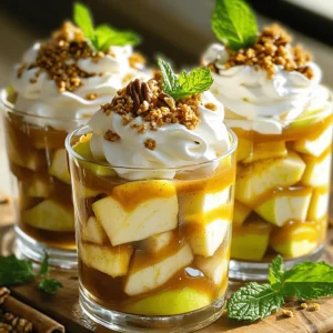For these tasty Caramel Apple Dessert Cups, you need simple yet delicious ingredients. Here’s what you will need: - Apples (Granny Smith or Honeycrisp) - Caramel Sauce (store-bought or homemade) - Spices (cinnamon and nutmeg) - Lemon Juice - Whipped Cream or Topping - Granola - Nuts (optional: pecans or walnuts) - Mint Leaves for garnish Using Granny Smith apples gives a nice tartness. Honeycrisp apples add sweetness. Choose what you like best. For the caramel sauce, store-bought is quick. Homemade sauce lets you show off your cooking skills. The spices, cinnamon, and nutmeg, enhance the apple flavor. A splash of lemon juice keeps the apples fresh and bright. Whipped cream adds a light touch to the dessert. Granola brings crunch, and nuts can add a lovely texture. Finally, mint leaves brighten up the look. This dessert is all about layers of flavor and texture. With these ingredients, you set the stage for a fun treat. Check out the Full Recipe for exact measurements and instructions! First, gather your diced apples in a bowl. You can use Granny Smith or Honeycrisp apples for this recipe. Squeeze fresh lemon juice over the apples to keep them bright. Then, add ground cinnamon and nutmeg. Mix everything gently. Make sure all the apple pieces get coated in the spices. This adds a warm flavor to the apples. Set the bowl aside while you prepare the cups. Now, take your serving cups. Start by layering the spiced apples at the bottom. Use a generous amount to create a tasty base. Next, drizzle caramel sauce over the apples. You can use store-bought or homemade sauce. Aim for an even coat; this sweet touch balances the tartness of the apples. After layering the apples and caramel, it’s time to add whipped cream. Scoop or pipe a soft layer over the apples. This makes it fluffy and fun. Then, sprinkle granola on top for a nice crunch. If you like, you can add chopped pecans or walnuts for extra flavor. Finally, add another drizzle of caramel sauce for sweetness. Finish with a fresh mint leaf to brighten up your dessert cups. You can find the complete recipe here: [Full Recipe]. For the best flavor, I recommend using Granny Smith or Honeycrisp apples. Granny Smith apples are tart and crisp. They balance the sweetness of the caramel perfectly. Honeycrisp apples add a juicy and sweet touch to your dessert. Both types hold their shape well when mixed with the caramel. Making your own caramel sauce is simple and fun. Here’s a quick recipe to try: 1. In a saucepan, melt 1 cup of sugar over medium heat. 2. Stir the sugar with a wooden spoon until it melts and turns golden. 3. Carefully add 6 tablespoons of butter and stir until melted. 4. Slowly pour in 1/2 cup of heavy cream while stirring. 5. Remove from heat and let it cool before using. This homemade caramel sauce adds a personal touch to your dessert cups. Presentation makes your caramel apple dessert cups shine. Use clear cups to show off the layers. Start with spiced apples at the bottom, then drizzle caramel on top. Add whipped cream in a swirl for a beautiful finish. Sprinkle granola and nuts for crunch. Finally, add a fresh mint leaf on top for a pop of color. This makes your dessert look as good as it tastes! {{image_4}} You can change the nuts for different flavors. Almonds and cashews are great choices. They add a nice crunch and a hint of sweetness. If you want a nutty taste, try using toasted almonds. Cashews give a creamy texture that blends well with the apples. To make your dessert even yummier, think about adding chocolate or toffee layers. A drizzle of melted chocolate adds richness and depth. You can also sprinkle bits of toffee on top for a sweet crunch. Both options bring a fun twist to the classic caramel apple flavor. Seasonal fruits and spices can change this recipe for different occasions. In fall, add pears or cranberries for a festive touch. In winter, spices like ginger or cloves can warm things up. These small changes create new flavors and keep your dessert fresh and exciting. For the full recipe, check out the detailed instructions above. To keep your caramel apple dessert cups fresh, store them in the fridge. Use airtight containers to prevent air exposure. This helps avoid sogginess from the whipped cream and apples. Place parchment paper between layers if stacking cups. This extra step keeps them looking great. You can freeze the components for later use. Store the spiced apples in a freezer-safe bag. Remove as much air as possible to prevent freezer burn. For best results, freeze the apples without the caramel and whipped cream. When ready, thaw in the fridge overnight. Assemble your dessert cups fresh for the best taste. In the fridge, prepared dessert cups last about 2-3 days. After this time, the apples may lose their crunch. The whipped cream can also start to separate. For the best flavor, enjoy them soon after making. Yes, you can! If you want to switch it up, try pears or berries. Both fruits blend well with caramel. You can also use bananas for a creamy texture. Just remember to adjust the spices slightly to match the fruit's taste. It takes only 15 minutes to prep and serve. This quick treat is perfect for last-minute guests or a fun family dessert. You can make it in no time! Yes, you can prepare it ahead of time. Just layer the apples and caramel, then add whipped cream right before serving. This way, the cream stays fluffy. You can also store the cups in the fridge for up to a day. If you want a dairy-free option, use coconut whipped cream. For a lighter choice, try Greek yogurt or a low-calorie whipped topping. Both will still give you a nice texture and taste. These caramel apple dessert cups are easy to make and fun to enjoy. We covered the ingredients, tips, and storage methods. By using fresh apples, tasty caramel, and your choice of toppings, you can create a delightful treat. Don't hesitate to try different flavors and nuts. You can impress friends with this simple yet delicious dessert. Enjoy crafting and sharing your creation, and remember to make it your own!