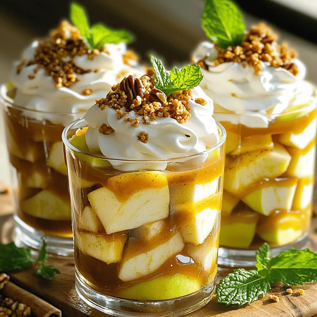 For these tasty Caramel Apple Dessert Cups, you need simple yet delicious ingredients. Here’s what you will need: - Apples (Granny Smith or Honeycrisp) - Caramel Sauce (store-bought or homemade) - Spices (cinnamon and nutmeg) - Lemon Juice - Whipped Cream or Topping - Granola - Nuts (optional: pecans or walnuts) - Mint Leaves for garnish Using Granny Smith apples gives a nice tartness. Honeycrisp apples add sweetness. Choose what you like best. For the caramel sauce, store-bought is quick. Homemade sauce lets you show off your cooking skills. The spices, cinnamon, and nutmeg, enhance the apple flavor. A splash of lemon juice keeps the apples fresh and bright. Whipped cream adds a light touch to the dessert. Granola brings crunch, and nuts can add a lovely texture. Finally, mint leaves brighten up the look. This dessert is all about layers of flavor and texture. With these ingredients, you set the stage for a fun treat. Check out the Full Recipe for exact measurements and instructions! First, gather your diced apples in a bowl. You can use Granny Smith or Honeycrisp apples for this recipe. Squeeze fresh lemon juice over the apples to keep them bright. Then, add ground cinnamon and nutmeg. Mix everything gently. Make sure all the apple pieces get coated in the spices. This adds a warm flavor to the apples. Set the bowl aside while you prepare the cups. Now, take your serving cups. Start by layering the spiced apples at the bottom. Use a generous amount to create a tasty base. Next, drizzle caramel sauce over the apples. You can use store-bought or homemade sauce. Aim for an even coat; this sweet touch balances the tartness of the apples. After layering the apples and caramel, it’s time to add whipped cream. Scoop or pipe a soft layer over the apples. This makes it fluffy and fun. Then, sprinkle granola on top for a nice crunch. If you like, you can add chopped pecans or walnuts for extra flavor. Finally, add another drizzle of caramel sauce for sweetness. Finish with a fresh mint leaf to brighten up your dessert cups. You can find the complete recipe here: [Full Recipe]. For the best flavor, I recommend using Granny Smith or Honeycrisp apples. Granny Smith apples are tart and crisp. They balance the sweetness of the caramel perfectly. Honeycrisp apples add a juicy and sweet touch to your dessert. Both types hold their shape well when mixed with the caramel. Making your own caramel sauce is simple and fun. Here’s a quick recipe to try: 1. In a saucepan, melt 1 cup of sugar over medium heat. 2. Stir the sugar with a wooden spoon until it melts and turns golden. 3. Carefully add 6 tablespoons of butter and stir until melted. 4. Slowly pour in 1/2 cup of heavy cream while stirring. 5. Remove from heat and let it cool before using. This homemade caramel sauce adds a personal touch to your dessert cups. Presentation makes your caramel apple dessert cups shine. Use clear cups to show off the layers. Start with spiced apples at the bottom, then drizzle caramel on top. Add whipped cream in a swirl for a beautiful finish. Sprinkle granola and nuts for crunch. Finally, add a fresh mint leaf on top for a pop of color. This makes your dessert look as good as it tastes! {{image_4}} You can change the nuts for different flavors. Almonds and cashews are great choices. They add a nice crunch and a hint of sweetness. If you want a nutty taste, try using toasted almonds. Cashews give a creamy texture that blends well with the apples. To make your dessert even yummier, think about adding chocolate or toffee layers. A drizzle of melted chocolate adds richness and depth. You can also sprinkle bits of toffee on top for a sweet crunch. Both options bring a fun twist to the classic caramel apple flavor. Seasonal fruits and spices can change this recipe for different occasions. In fall, add pears or cranberries for a festive touch. In winter, spices like ginger or cloves can warm things up. These small changes create new flavors and keep your dessert fresh and exciting. For the full recipe, check out the detailed instructions above. To keep your caramel apple dessert cups fresh, store them in the fridge. Use airtight containers to prevent air exposure. This helps avoid sogginess from the whipped cream and apples. Place parchment paper between layers if stacking cups. This extra step keeps them looking great. You can freeze the components for later use. Store the spiced apples in a freezer-safe bag. Remove as much air as possible to prevent freezer burn. For best results, freeze the apples without the caramel and whipped cream. When ready, thaw in the fridge overnight. Assemble your dessert cups fresh for the best taste. In the fridge, prepared dessert cups last about 2-3 days. After this time, the apples may lose their crunch. The whipped cream can also start to separate. For the best flavor, enjoy them soon after making. Yes, you can! If you want to switch it up, try pears or berries. Both fruits blend well with caramel. You can also use bananas for a creamy texture. Just remember to adjust the spices slightly to match the fruit's taste. It takes only 15 minutes to prep and serve. This quick treat is perfect for last-minute guests or a fun family dessert. You can make it in no time! Yes, you can prepare it ahead of time. Just layer the apples and caramel, then add whipped cream right before serving. This way, the cream stays fluffy. You can also store the cups in the fridge for up to a day. If you want a dairy-free option, use coconut whipped cream. For a lighter choice, try Greek yogurt or a low-calorie whipped topping. Both will still give you a nice texture and taste. These caramel apple dessert cups are easy to make and fun to enjoy. We covered the ingredients, tips, and storage methods. By using fresh apples, tasty caramel, and your choice of toppings, you can create a delightful treat. Don't hesitate to try different flavors and nuts. You can impress friends with this simple yet delicious dessert. Enjoy crafting and sharing your creation, and remember to make it your own!