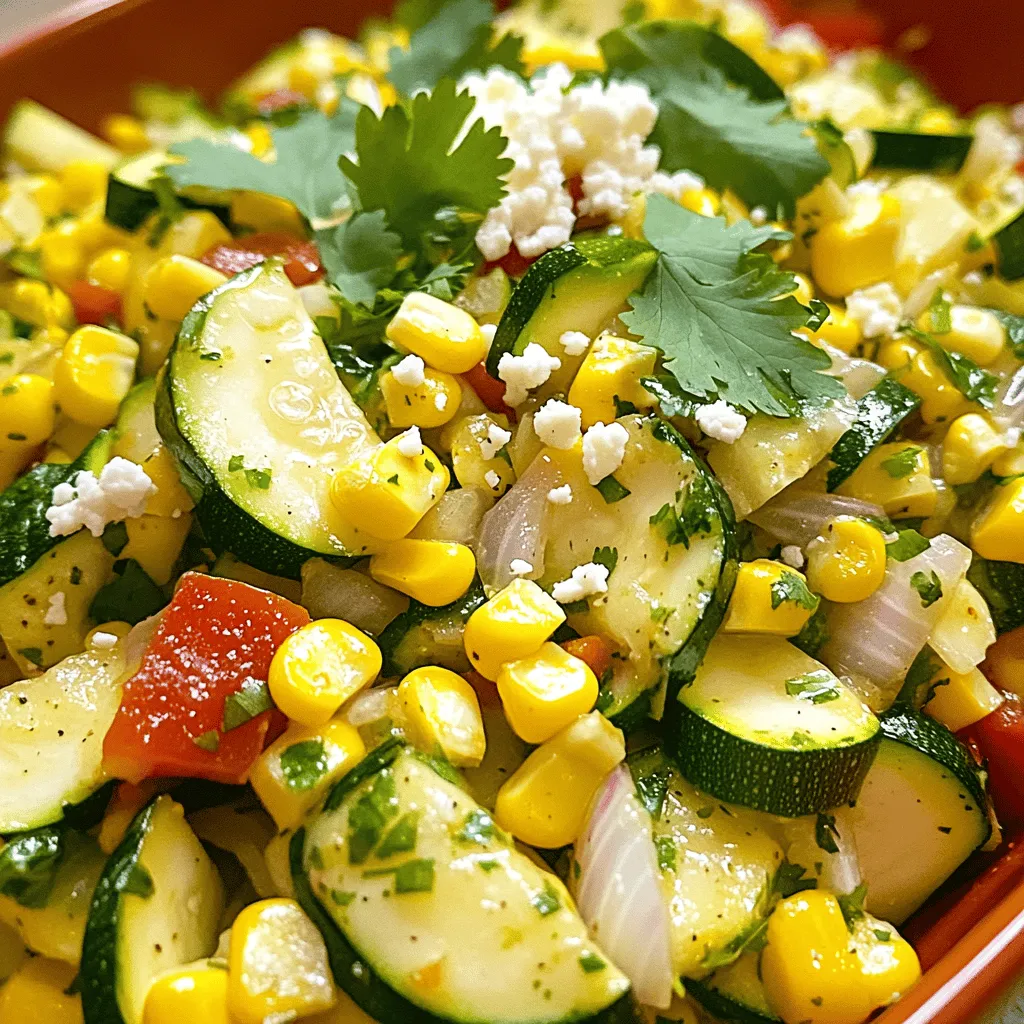 - 3 medium zucchinis, diced into bite-sized pieces - 1 cup fresh corn kernels (can substitute with frozen if needed) - 1 red bell pepper, diced - 1 small onion, finely chopped - 2 cloves garlic, minced - Ground cumin - Smoked paprika - Chili powder (optional, for an added kick) - Salt and pepper - Fresh cilantro - Queso fresco Calabacitas is all about fresh and vibrant flavors. Each ingredient plays a key role in this dish. You start with zucchinis, which add a nice crunch. Corn brings sweetness, and red bell pepper adds color and taste. The onion and garlic lay the base with their savory notes. For spices, ground cumin gives a warm flavor. Smoked paprika adds depth, while chili powder can kick up the heat if you like. Don’t forget salt and pepper for seasoning. Toppings can elevate your dish. Fresh cilantro brings brightness. Crumbled queso fresco adds a creamy finish. You can mix and match these toppings based on your taste. For the complete cooking steps, check out the Full Recipe. This dish is not just tasty; it's also a feast for the eyes! To start, gather your fresh ingredients. You need three medium zucchinis and one red bell pepper. - Dice the zucchinis into bite-sized pieces. - Chop the red bell pepper in the same way. - Next, take one small onion and finely chop it. - Finally, mince two cloves of garlic. These steps set the stage for a tasty dish. Now, let’s cook! 1. In a large skillet, heat two tablespoons of olive oil over medium heat until it shimmers. 2. Add the chopped onion and sauté for about 2-3 minutes. It should be soft and clear. 3. Then, add the minced garlic. Cook for one more minute. You will smell the garlic now! 4. Next, toss in the diced zucchinis and red bell pepper. Sauté for 5-7 minutes. Stir often until the veggies soften and brighten in color. 5. It’s time for corn! Add one cup of fresh corn kernels. Also, sprinkle in one teaspoon of ground cumin, one teaspoon of smoked paprika, and if you like heat, add 1/2 teaspoon of chili powder. Stir well to coat the veggies with spices. Now, let’s finish the dish. 1. Season with salt and pepper to your liking. 2. Cook for another 5 minutes. This helps the flavors mix well while keeping the zucchini tender yet firm. 3. Remove the skillet from heat. Fold in 1/4 cup of chopped cilantro for freshness. 4. If you wish, top with 1/2 cup of crumbled queso fresco before serving. For the full recipe, don’t forget to check out the Zesty Calabacitas Delight 🥒. Enjoy your colorful dish! To ensure your zucchinis keep a slight bite, don't overcook them. Sauté them for about five to seven minutes. This gives them a soft texture while still being firm. You want them to be tender but not mushy. Use medium heat for best results, and stir often to avoid burning. To boost flavor, consider adding more spices. A pinch of oregano or thyme can add depth. Fresh herbs, like basil or parsley, can also brighten the dish. Adding lime juice just before serving can enhance freshness, too. A splash of lime makes everything taste better! For serving, choose a colorful, shallow dish. This allows the bright veggies to shine. Top with fresh cilantro leaves for a pop of green. A sprinkle of queso fresco adds a creamy touch. Serve with warm tortillas or rice to make it a full meal. Enjoy your beautiful dish! {{image_4}} You can switch fresh corn with frozen corn. Frozen corn is just as tasty and saves time. If you use frozen, add it in the last few minutes of cooking. It warms quickly and keeps its sweet flavor. You can also try using other seasonal vegetables. Bell peppers, carrots, or even green beans work great. These swaps add different colors and textures. They keep your dish fresh and exciting! To make calabacitas vegan, simply leave out the queso fresco. The dish is already plant-based and full of flavor. You can also use nutritional yeast for a cheesy taste. This makes it rich and creamy without dairy. For gluten-free options, check your spices and oils. Most spices are gluten-free, but always read labels. Using fresh ingredients keeps this dish safe for gluten-free eaters. Adding beans is a great way to boost protein. Black beans or pinto beans mix well with zucchini and corn. Just stir them in during the last few minutes of cooking. This makes the dish hearty and filling. You can also try different herbs for unique flavors. Fresh basil or oregano adds a nice twist. They bring brightness and depth to the dish. Experiment with your favorite herbs and find your perfect mix! To store cooked calabacitas, let the dish cool first. Then, place it in an airtight container. This keeps the flavors fresh and prevents spoilage. You can store it in the fridge for 3 to 4 days. If you notice any off smells or colors, toss it out. When reheating, I recommend using the stove. This method keeps the veggies crisp and bright. Heat a pan over medium heat, add a splash of oil, and warm the calabacitas for about 5 minutes. If you use a microwave, heat in short bursts of 30 seconds. Stir in between to warm evenly. The stove gives better taste and texture. To freeze calabacitas, cool the dish completely. Then, transfer it to a freezer-safe bag or container. Squeeze out as much air as possible. This helps prevent freezer burn. You can freeze it for up to 3 months. When ready to eat, thaw it overnight in the fridge. For quick thawing, place the bag in cold water. Reheat on the stove for best results. Enjoy your tasty calabacitas later! Calabacitas is a simple yet tasty dish. The main ingredients include: - 3 medium zucchinis, diced - 1 cup fresh corn kernels - 1 red bell pepper, diced - 1 small onion, chopped - 2 cloves garlic, minced These ingredients blend well together. You’ll find that they create a colorful and healthy mix. The zucchinis give it a soft texture, while the corn adds sweetness. The red bell pepper and onion add crunch and flavor. Garlic brings a nice aroma, making it all come together. Yes, you can make calabacitas ahead of time. This dish is great for meal prep. Here are some tips: - Cook the calabacitas and let it cool. - Store it in an airtight container. - Keep it in the fridge for up to three days. When you are ready to eat, simply reheat it in a skillet or microwave. This helps the flavors develop more. Plus, it saves you time on busy days. Calabacitas pairs well with many dishes. Here are some suggestions: - Warm tortillas for wrapping. - Steamed rice for a filling meal. - Grilled chicken or fish for protein. You can also serve a fresh salad on the side. This adds a nice crunch and balances the meal. The options are endless! This calabacitas recipe is mild. I only add a pinch of chili powder. If you want it spicier, you can adjust the heat. Here’s how: - Add more chili powder for extra kick. - Use jalapeños for a fresh heat. Remember, you can always start with less spice. You can add more as you taste. This way, you control the heat level to your liking. For the complete details, check out the Zesty Calabacitas Delight 🥒 recipe. It includes all the steps and tips you need for success! In this post, we explored how to make delicious calabacitas. We covered key ingredients like zucchini, corn, and spices. You learned step-by-step instructions for preparation and cooking. We also shared tips to enhance flavor and presentation. Plus, we looked at tasty variations and proper storage methods. Calabacitas is a flexible dish. You can adapt it to your taste and needs. Enjoy creating your own version and share with others!
