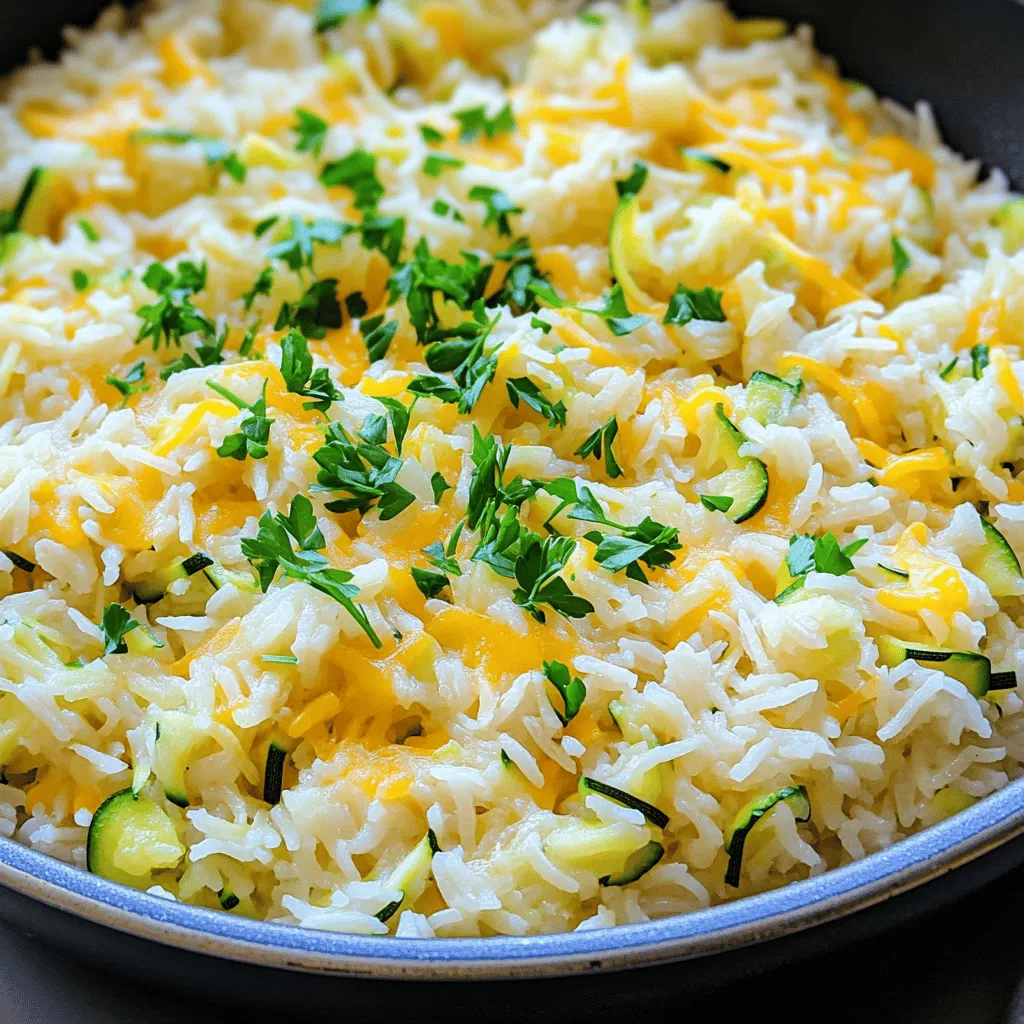 - 1 cup uncooked rice (white or brown) - 2 medium zucchinis, finely grated - 1 cup sharp shredded cheddar cheese - 1/2 cup freshly grated Parmesan cheese - 1 small onion, finely chopped - 3 cloves fresh garlic, minced - 2 tablespoons extra virgin olive oil - 1 cup vegetable broth or chicken broth - Salt and freshly ground black pepper to taste - Fresh parsley for garnish To create the Cheesy Zucchini Rice Delight, gather these simple and fresh ingredients. I love using zucchini because it adds moisture and a mild taste. The sharp cheddar and Parmesan create a rich, cheesy flavor that makes this dish special. Rinsing the rice is key. It helps to remove extra starch, so your rice cooks just right. You can use either white or brown rice, depending on your taste. I prefer brown rice for its nutty flavor and added nutrients. Grated zucchini blends smoothly into the dish. You’ll hardly notice it's there, but it boosts the nutrition. The onion and garlic add depth and aroma. Olive oil gives a lovely flavor and helps the veggies cook perfectly. For seasoning, use salt and freshly ground black pepper to make the flavors pop. Finally, fresh parsley adds a bright touch. I like to chop it finely for a more vibrant look. This ingredient list is easy to follow and perfect for anyone. If you want the full recipe, just check out the "Cheesy Zucchini Rice Delight" section. Happy cooking! First, rinse the uncooked rice under cold running water. This step helps remove excess starch. Rinsing prevents the rice from becoming sticky and gummy. After rinsing, make sure to drain the rice well. Set it aside while you prepare the other ingredients. Next, grab a large skillet and heat some olive oil over medium heat. Once the oil is hot, add the finely chopped onion. Cook for about 3-4 minutes until the onion turns soft and fragrant. Then, stir in the minced garlic and grated zucchini. Sauté these for another 2-3 minutes. You want the zucchini to become tender and release some moisture. Now, it’s time to combine everything. Add the rinsed rice into the skillet with the sautéed vegetables. Make sure to stir well to blend all the flavors. Carefully pour in the vegetable or chicken broth. At this point, increase the heat to bring the mixture to a gentle boil. Season it with salt and freshly ground black pepper to taste. Once boiling, reduce the heat to low and cover the skillet with a lid. Let it simmer for around 15-20 minutes or until the rice is soft and absorbs all the liquid. When the rice is fully cooked, remove the skillet from the heat. Add the sharp cheddar cheese and Parmesan cheese into the rice mixture. Stir well until the cheeses melt and mix evenly. Taste the creamy rice and adjust the seasoning if needed. Let it sit for a few minutes off the heat to allow the flavors to meld. Before serving, sprinkle fresh parsley on top for a pop of color. To make the best cheesy zucchini rice, focus on the rice texture. Start with rinsing the rice well. This helps remove extra starch. Rinsing ensures the rice won't be sticky. Use a fine mesh strainer for this step. After rinsing, let the rice drain completely. When cooking, keep an eye on the liquid. If you use brown rice, it takes longer to cook than white rice. Check the package for exact times. Once all the liquid is absorbed, the rice is perfect! For melting cheese evenly, add it at the right time. When the rice is done cooking, remove it from heat. Stir in the cheese quickly while the rice is hot. This helps the cheese melt smoothly. If you want extra creaminess, add a splash of milk or cream. For serving, choose either bowls or a large platter. Individual bowls make it easy to serve. A platter looks nice for family-style meals. You can also layer the rice and cheese for a fun presentation. Add a garnish of fresh parsley on top. This bright green color makes the dish pop. It also adds a fresh taste that balances the cheese. A sprinkle of black pepper can add some extra flair. This dish is not only tasty but also healthy. Here is a breakdown of its nutritional value per serving: - Calories: 300 - Fats: 12g - Proteins: 10g - Carbs: 38g It's a great option for a quick meal. The cheese provides protein and flavor, while zucchini adds fiber and vitamins. Enjoy this cheesy zucchini rice delight as part of a balanced diet. For the full recipe, check out Cheesy Zucchini Rice Delight. {{image_4}} You can swap the cheese in this dish to suit your taste. Mozzarella gives a milder flavor while feta adds a tangy touch. Both melt well and bring unique tastes to the dish. If you want to change the zucchini, try using spinach or broccoli. Spinach adds a nice color and flavor. Broccoli gives a crunch that contrasts with the soft rice. To make this dish vegan, use plant-based cheese. There are many great options now that melt and taste similar to dairy cheese. This way, everyone can enjoy the creamy goodness. If you need a gluten-free option, use gluten-free rice. Quinoa or cauliflower rice can also work well. These options keep the dish light and healthy. You can boost the flavors by adding spices or herbs. Thyme and basil are great choices. They add warmth and freshness to the dish. For some extra protein, mix in diced chicken or tofu. Both will make the meal heartier and more filling. This turns a simple side into a complete dinner. Feel free to get creative. These variations make cheesy zucchini rice delight even more fun to enjoy! You can find the full recipe above for the base dish. To keep your cheesy zucchini rice fresh, let it cool first. Then, place it in an airtight container. This method prevents moisture loss and keeps the flavors intact. Store it in the fridge for up to three days. Ensuring it’s sealed well helps avoid any odors from other foods. When you're ready to enjoy leftovers, reheating is easy. You can use the microwave or the stovetop. For the microwave, place the rice in a bowl and cover it with a damp paper towel. Heat in 30-second intervals, stirring in between, until it's hot. On the stovetop, add a splash of broth or water to the pan. Heat over low heat, stirring often until warmed through. To freeze your cheesy zucchini rice, cool it completely before packing it. Use a freezer-safe container or a heavy-duty freezer bag. Remove as much air as possible to prevent freezer burn. Label the bag with the date. It will keep well in the freezer for up to three months. When you're ready to eat, thaw it overnight in the fridge before reheating. This keeps the texture nice and creamy. Yes, you can use brown rice. It has a nuttier taste and more fiber. Brown rice takes longer to cook. You will need about 10-15 extra minutes. Make sure to add more broth or water to keep it moist. This will help it cook well while mixing with the zucchini and cheese. To make cheesy zucchini rice ahead, start by cooking the rice and mixing it with the veggies. After cooking, let it cool completely. Store it in an airtight container in the fridge for up to three days. When you're ready to eat, reheat it in a skillet. Add a splash of broth to keep it moist and creamy. This dish pairs well with many sides. Try grilled chicken or fish for protein. A light salad adds freshness and crunch. Roasted veggies also work great. You can even serve it with some crusty bread for a complete meal. For the full recipe, check out "Cheesy Zucchini Rice Delight." In this blog post, we explored how to make Cheesy Zucchini Rice. We covered the key ingredients, preparation steps, and tips for perfection. You learned how to sauté vegetables, cook rice, and blend in cheese for a creamy dish. We also discussed variations and storage tips for leftovers. Remember, making this dish is easy and fun. You can customize it to fit your taste. Enjoy your cooking, and share this recipe with friends!