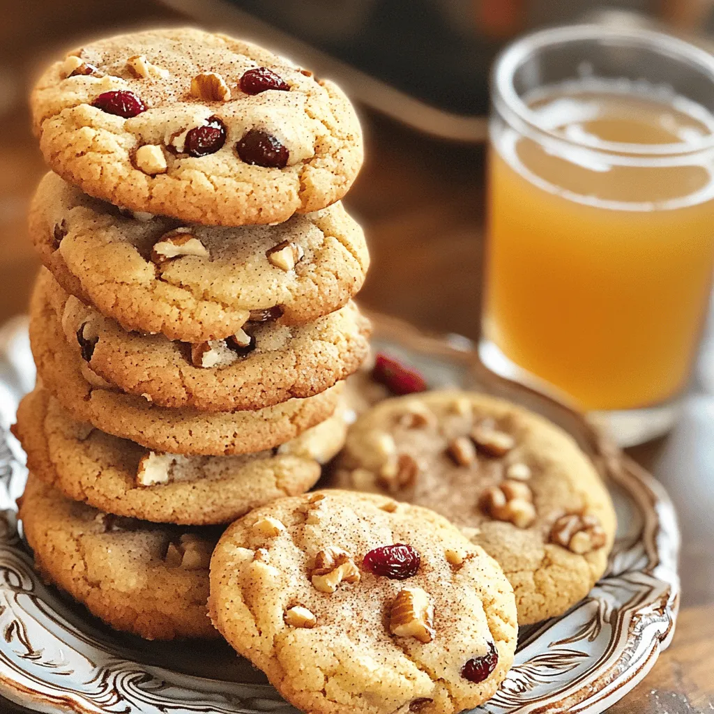 - 2 cups all-purpose flour - 1 teaspoon baking soda - 1 teaspoon ground cinnamon - 1/2 teaspoon ground nutmeg - 1/4 teaspoon ground ginger - 1/2 teaspoon salt - 1/2 cup unsalted butter, softened - 1 cup packed brown sugar - 1/2 cup granulated sugar - 1 large egg - 1 teaspoon pure vanilla extract - 1/2 cup apple cider - 1/2 cup chopped walnuts or pecans (optional) - 1/2 cup dried cranberries or raisins (optional) These ingredients come together to create a warm and cozy cookie. Each one plays a key role in flavor and texture. The all-purpose flour gives the cookies structure. Baking soda helps them rise. The spices add that classic warm taste. Butter, sugars, and egg make the dough rich and soft. Apple cider brings a lovely sweetness and moisture. Optional nuts and fruits add crunch and sweetness. You can find the full recipe below for more details. - Calories: 120 - Fat: 5g - Carbohydrates: 18g - Protein: 1g This nutritional info helps you keep track of what you eat. - Mixing bowls - Electric mixer - Baking sheets - Parchment paper Having the right tools makes baking easier. Mixing bowls help combine the ingredients well. An electric mixer saves time and energy. Baking sheets and parchment paper help cookies bake evenly. With these items ready, you can enjoy making apple cider cookies! 1. First, preheat your oven to 350°F (175°C). Line two baking sheets with parchment paper. This helps the cookies not stick. 2. In a medium bowl, combine the dry ingredients. Mix 2 cups of all-purpose flour, 1 teaspoon baking soda, 1 teaspoon ground cinnamon, 1/2 teaspoon ground nutmeg, 1/4 teaspoon ground ginger, and 1/2 teaspoon salt. Whisk them together well. Set this bowl aside. 3. In a large bowl, cream together 1/2 cup softened unsalted butter, 1 cup packed brown sugar, and 1/2 cup granulated sugar. Use an electric mixer on medium speed for about 2-3 minutes. Stop when it looks creamy and fluffy. 4. Add 1 large egg and 1 teaspoon pure vanilla extract to the butter-sugar mixture. Beat on low speed until it blends into a smooth batter. 5. Slowly pour in 1/2 cup apple cider. Mix on low speed until the batter is smooth and well combined. 6. Gradually add the dry mixture to the wet mixture. Stir gently until just combined. Do not overmix. This helps keep your cookies soft. 7. If you want, fold in optional mix-ins. You can add 1/2 cup chopped walnuts or pecans and/or 1/2 cup dried cranberries or raisins for extra flavor and crunch. 8. Using a tablespoon or cookie scoop, drop rounded portions of dough onto the prepared baking sheets. Leave about 2 inches of space between each dough ball. 9. Place the baking sheets in the oven and bake for 10-12 minutes. Look for lightly golden edges and soft centers. 10. After baking, let the cookies cool on the sheets for about 5 minutes. Then, move them to a wire rack to cool completely. For the full recipe, check the detailed instructions above. Enjoy baking these delightful apple cider cookies! To avoid tough cookies, mix the dough gently. Overmixing can make cookies chewy. Combine wet and dry ingredients until just blended. This keeps them soft. After baking, cool cookies on a wire rack. This helps them stay soft and fluffy. You can add spices like cardamom or allspice for more flavor. A teaspoon of pure almond extract adds a nice twist. If you like sweeter cookies, add more brown sugar. For a zesty touch, mix in a bit of lemon zest. Once they've cooled, place cookies on a pretty plate. Dust with ground cinnamon for a lovely look. Serve with warm apple cider for a cozy treat. This makes a perfect snack for fall gatherings. {{image_4}} For gluten-free apple cider cookies, you can use alternative flours. Almond flour or oat flour works well. You may also try a gluten-free blend. These flours will change the texture a bit. To bind the dough, add an extra egg or some apple sauce. This keeps your cookies soft and chewy. To make vegan apple cider cookies, swap butter with coconut oil or vegan butter. Use flaxseed meal mixed with water instead of an egg. This keeps the recipe plant-based while still tasting great. Add a bit more apple cider for moisture. This helps maintain the flavor and consistency you love. Adding different nuts or dried fruits can boost your cookies' flavor. Try pecans, walnuts, or even hazelnuts for crunch. Dried cherries or apricots add a sweet twist. You can also experiment with spices. Cardamom and allspice give a warm taste. Mixing these can create a unique cookie experience. For the full recipe, check out the earlier section. To keep your apple cider cookies fresh, store them at room temperature. Place them in an airtight container. This will help keep the cookies soft and chewy. You can also add a slice of bread to the container. The bread will help maintain moisture. If you want to freeze your cookies, let them cool completely first. Then, wrap each cookie in plastic wrap or foil. Place the wrapped cookies in a freezer bag. Remove as much air as possible before sealing. This keeps them tasty for up to three months. When stored properly, apple cider cookies last about one week at room temperature. In the freezer, they can last up to three months. Check for signs of staleness before eating. If the cookies feel hard or have an off smell, it’s best to toss them. Fresh cookies should be soft, sweet, and fragrant. To enjoy soft cookies again, you can reheat them. The oven works best for this. Preheat your oven to 350°F (175°C). Place the cookies on a baking sheet and heat for about 5 minutes. This will bring back their fresh-baked flavor. If you're in a hurry, you can use the microwave. Heat one cookie for about 10-15 seconds. Keep an eye on it to avoid overheating. Overcooked cookies can become hard. Enjoy your warm apple cider cookies with a cup of cider or tea! For the full recipe, check above. To make your cookies thicker, you can adjust the dough. Here are some simple techniques: - Add more flour: Start with an extra 1/4 cup of flour. This helps the cookies hold their shape. - Chill the dough: After mixing, chill the dough for 30 minutes. This cools the fats and helps prevent spreading. - Use less sugar: Reducing sugar by 1/4 cup can lead to thicker cookies. Sugar helps with spreading, so this can help. Yes, you can add chocolate chips! They blend nicely with the apple cider flavors. Here’s how: - Mix in chocolate: Fold in 1/2 cup of chocolate chips when adding nuts or fruit. - Choose dark or milk chocolate: Each type brings a different flavor. Pick what you like best! - Adjust sweetness: If you add chocolate, you might want to reduce the sugar a bit. Softening butter quickly can be easy. Here are some methods to try: - Cut into cubes: Slice the butter into small pieces. Leave it out for about 15 minutes. - Use the microwave: Microwave on low power for 5-10 seconds. Check often to avoid melting. - Warm water method: Place the butter in a bowl and cover it with warm water for a few minutes. Preventing cookies from spreading is key to perfect texture. Here are my top tips: - Do not overmix: Mix just until combined. Overmixing can lead to thin cookies. - Chill the dough: As mentioned, chilling the dough can help cookies stay thick. - Check oven temperature: Ensure your oven is at the right temperature. Too low can cause spreading. For more details on making these cookies, refer to the Full Recipe. You now have a solid guide to make delicious apple cider cookies. We covered essential ingredients, steps, and tips for great texture. Don’t forget to try variations like gluten-free or vegan options. These cookies not only taste amazing but also offer room for fun with spices and mix-ins. Store them well, and they will stay fresh longer. Armed with these recipes and tips, you can create the perfect treats for any occasion. Enjoy baking and sharing your tasty creations!