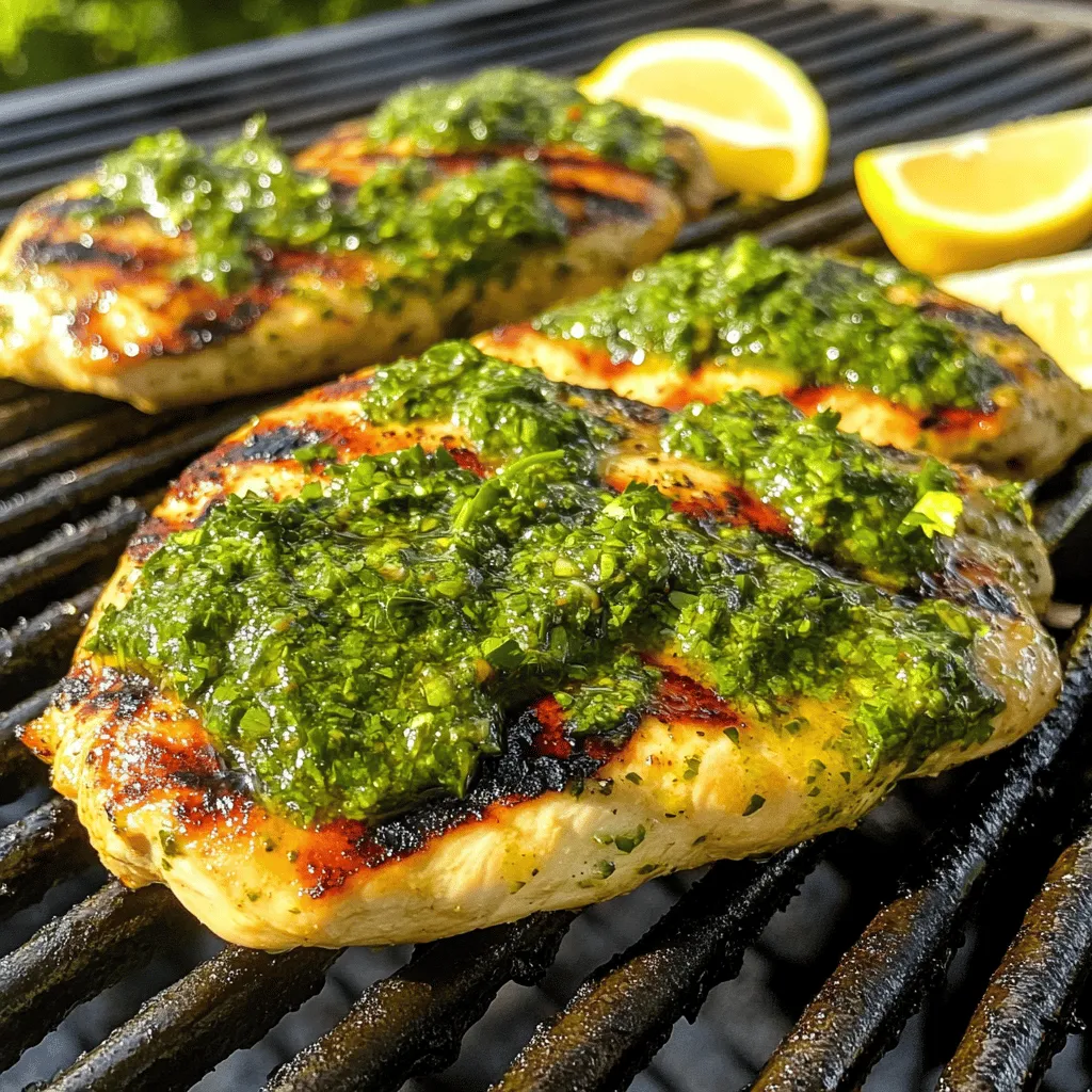 To make Easy Grilled Chimichurri Chicken Breast, you need fresh ingredients for a tasty dish. This recipe combines juicy chicken with a bright, herb-filled sauce. It’s quick and packed with flavor. - 4 boneless, skinless chicken breasts - 1 cup fresh parsley, finely chopped - 1/2 cup fresh cilantro, finely chopped - 4 cloves garlic, minced - 1/2 teaspoon red pepper flakes - 1/3 cup extra virgin olive oil - 3 tablespoons red wine vinegar (or substitute with lemon juice for a zesty twist) - Salt and freshly ground black pepper, to taste - Lemon wedges, for serving These ingredients create a fresh chimichurri sauce. The parsley and cilantro give it a vibrant taste. Garlic adds depth, while red pepper flakes bring a hint of heat. Olive oil and vinegar help bind the flavors together. This dish serves four and packs a punch with protein. Each serving has around 180 calories. The chicken is lean, making it a healthy choice. The chimichurri sauce adds healthy fats from the olive oil. It also provides vitamins from the fresh herbs. Overall, this meal is both nutritious and delicious. Enjoy it with a side of veggies or a simple salad for a complete feast! To make the chimichurri sauce, gather your ingredients. You need fresh parsley, cilantro, garlic, red pepper flakes, olive oil, and red wine vinegar. In a medium bowl, add the chopped parsley and cilantro. Next, add minced garlic and red pepper flakes. Pour in the olive oil and red wine vinegar. Stir until well mixed. Make sure to taste it and add salt and pepper. You can set aside some sauce for later. Take your chicken breasts and place them in a large zip-top bag or a dish. Pour half of the chimichurri sauce over the chicken. Make sure each piece is coated well. Save the rest of the sauce for later. Seal the bag or cover the dish with plastic wrap. Put the chicken in the fridge for at least 30 minutes. For more flavor, let it marinate for up to 4 hours. First, heat your grill to medium-high. Clean the grill grates and brush them with oil. Remove the chicken from the marinade, letting the excess drip off. Place the chicken on the grill. Cook for about 6-7 minutes on each side. The chicken should reach an internal temperature of 165°F (75°C). After grilling, move the chicken to a platter and let it rest for 5 minutes. This helps keep the chicken juicy. Drizzle with the reserved chimichurri sauce and serve with lemon wedges. Enjoy your meal! For the complete recipe, check out the Full Recipe section. To grill chicken perfectly, follow a few easy steps: - Use a meat thermometer. Check for an internal temperature of 165°F (75°C). - Preheat your grill. A hot grill helps to sear the chicken and lock in juices. - Don’t flip too soon. Wait until the chicken naturally releases from the grill. - Let it rest. After grilling, let the chicken sit for five minutes to keep it juicy. Chimichurri is bright and fresh. Here’s how to make it pop: - Add fresh herbs. Mix in mint or oregano for extra depth. - Include citrus zest. Grate some lemon or lime zest for zing. - Experiment with heat. Adjust red pepper flakes to match your spice level. - Use quality oil. Extra virgin olive oil adds richness and taste. Serve your chimichurri chicken with these ideas: - Pair with grilled veggies. Bell peppers and zucchini add color and taste. - Serve with rice or quinoa. These sides soak up the delicious sauce. - Add a salad. A fresh green salad balances the meal. - Offer crusty bread. Great for dipping in leftover chimichurri sauce. For the complete preparation steps, check the Full Recipe. {{image_4}} Chimichurri is flexible and fun to make. You can swap herbs to change the taste. Try using fresh oregano or mint for a twist. You may also mix in some chopped green onions for extra flavor. If you like heat, add more red pepper flakes or a dash of hot sauce. For a creamier version, blend in some avocado. Each change brings a new taste to your dish. Gas and charcoal grills each have their perks. Gas grills heat up fast and give you better control over the temperature. They are great for quick meals. Charcoal grills take longer to heat but add a smoky flavor. If you want that classic grilled taste, charcoal is the way to go. Choose the method that fits your cooking style and the flavor you want. Pairing the chicken with sides can make your meal special. Fresh salads go well with chimichurri chicken. Try a crunchy cucumber salad or a mixed greens salad with a light dressing. Grilled veggies, like zucchini or bell peppers, also complement the dish nicely. If you want something heartier, serve it with rice or quinoa. These sides balance the meal and add more colors to your plate. For a full experience, check the Full Recipe for more ideas! To store leftover chimichurri chicken, let it cool first. Place the chicken in an airtight container. Make sure to cover it well to keep moisture in. You can keep it in the fridge for up to 3 days. If you want to enjoy it later, consider freezing it. Reheating grilled chicken can be tricky. You want it warm but not dry. Here’s how to do it right: - Take the chicken out of the fridge. - Let it sit at room temperature for about 15 minutes. - Preheat your oven to 350°F (175°C). - Place the chicken on a baking sheet. - Cover it with foil to keep moisture in. - Heat for about 15-20 minutes, or until warm. You can also use a microwave, but be careful. Heat in short bursts to avoid drying it out. Freezing chimichurri chicken is a great way to save it for later. Here’s how: - After the chicken cools, wrap each piece in plastic wrap. - Place the wrapped chicken in a freezer bag. - Squeeze out as much air as possible before sealing. - Label the bag with the date and freeze it. You can freeze it for up to 3 months. To use, thaw it in the fridge overnight. Then, reheat as mentioned above. Enjoy your meal anytime! Yes, you can use other herbs for chimichurri. Fresh oregano is a great choice. You can also try mint or basil for a unique twist. Just keep in mind that these herbs will change the flavor. Adjust the amount based on your taste. Feel free to mix and match to find what you like best! To check if the chicken is fully cooked, use a meat thermometer. Insert it into the thickest part of the breast. The chicken should reach an internal temperature of 165°F (75°C). If you don't have a thermometer, cut into the chicken. The juices should run clear, not pink. Be sure to check in the thickest part to be safe. If you need a substitute for red wine vinegar, lemon juice works well. It adds a fresh, zesty flavor. You can also use apple cider vinegar for a milder taste. Both options will keep the dish bright and tasty. Adjust the amount to suit your taste. This post covered easy grilled chimichurri chicken breast from start to finish. We discussed key ingredients and shared simple steps for making the sauce and grilling the chicken. You learned tips for perfect chicken, flavor boosts for chimichurri, and meal variations. Lastly, we talked about storage options and answered common questions. With these insights, you can enjoy delicious grilled chicken that’s rich in flavor and quick to prepare. Happy cooking!